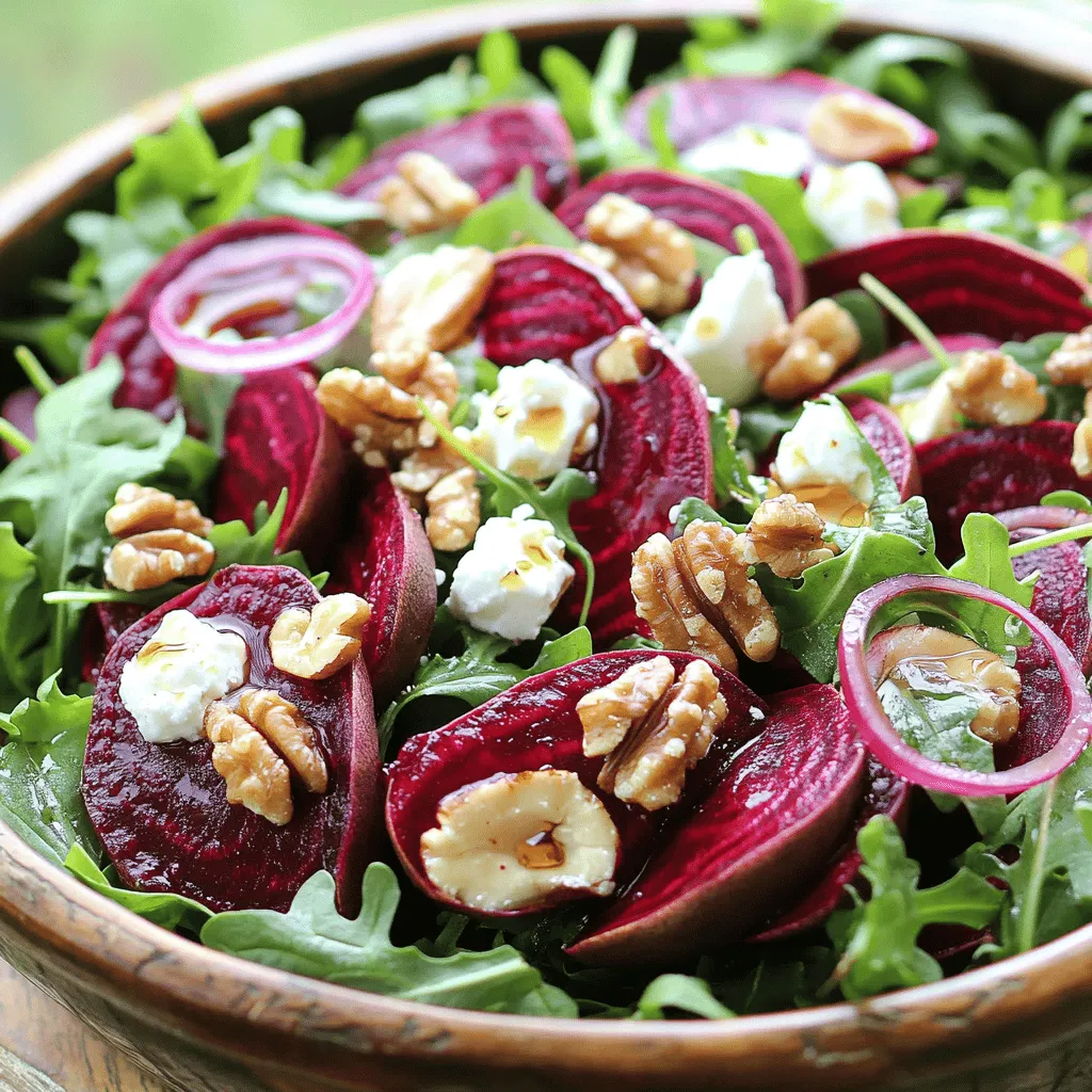 For a tasty roasted beet salad, you need a few key items. Here’s what to gather: - 4 medium-sized beets, scrubbed and trimmed - 4 cups arugula or mixed greens - 1/2 cup feta cheese, crumbled - 1/4 cup walnuts, toasted and roughly chopped - 1/4 cup red onion, thinly sliced - 2 tablespoons balsamic vinegar - 2 tablespoons olive oil - Salt and pepper to taste - Fresh herbs (such as parsley or chives) for garnish These ingredients will create a bright and colorful dish. The beets add sweetness, while the feta gives it a creamy touch. Want to take your salad to the next level? Here are some great add-ins: - Sliced apples or pears for a bit of crunch - Crumbled goat cheese for a tangy flavor - Avocado for creaminess and healthy fats - Toasted sunflower seeds for extra crunch - Fresh citrus segments, like orange or grapefruit, for brightness Feel free to mix and match these add-ins. Each one will add a new layer of flavor and texture. Choosing the right beets is key. Here are some tips to help you pick the best ones: - Look for beets that are firm and smooth. Avoid any that feel soft or look shriveled. - Choose smaller beets for sweeter flavor. Larger beets can be woody and less tasty. - Check the greens, if they are still attached. Fresh greens should be bright and crisp. - Pick beets with similar sizes for even cooking. This helps them roast perfectly. When you select high-quality beets, your salad will shine. For the full recipe, check the section above. Enjoy your cooking! To start, gather your beets. You will need four medium-sized beets. Make sure to scrub them well under cold water. Trim off the tops and roots. This will help the beets roast better. Once cleaned, you can wrap each beet in aluminum foil. This keeps them moist while they cook. Place the wrapped beets on a baking sheet for easy handling. Now, preheat your oven to 400°F (200°C). Once the oven is hot, put the baking sheet with the beets inside. Roast them for about 45 to 60 minutes. The time may change based on how big your beets are. Check if they are done by poking them with a fork. If it goes in easily, they are ready. Take them out and let them cool for a few minutes. Carefully unwrap the foil. Then, use paper towels to rub off the skins. Cut the beets into wedges or slices. In a large bowl, add four cups of arugula or your favorite mixed greens. Next, toss in the sliced roasted beets. Crumble half a cup of feta cheese on top. Add a quarter cup of toasted walnuts and a quarter cup of thinly sliced red onions. For the dressing, whisk together two tablespoons of balsamic vinegar and two tablespoons of olive oil in a small bowl. Sprinkle with salt and pepper to taste. Drizzle this mixture over the salad. Gently toss everything together. Garnish with fresh herbs like parsley or chives. Enjoy your beautiful salad! Check out the Full Recipe for more details. For a great dressing, mix balsamic vinegar and olive oil. I use two tablespoons of each. Add salt and pepper to taste. Whisk them in a bowl until smooth. This simple mix brings out the beet's sweet flavor. You can add a touch of honey for sweetness, too. Seasoning can make or break your salad. I always sprinkle salt over the beets after roasting. This step helps to highlight their natural sweetness. You can also add fresh herbs like parsley or chives for a fresh taste. If you like a kick, try adding a pinch of chili flakes. When serving, use a large bowl for a beautiful display. Start with the greens, then layer the roasted beets on top. Sprinkle feta cheese and walnuts for texture. I like to garnish with fresh herbs for color. Serve the salad with extra dressing on the side. This keeps it fresh and crisp. Check out the Full Recipe to see all steps! {{image_2}} You can add protein to your salad for more nutrition. Chickpeas are a great choice. They add texture and flavor. Just rinse a can of chickpeas or cook dried ones. You can also add grilled chicken. Slice it thin and mix it in. Quinoa is another option. Cooked quinoa adds a nutty taste and fits well with beets. While arugula is tasty, you can try other greens too. Spinach is soft and mild, perfect for pairing with beets. Kale adds a hearty crunch. Just chop it finely to make it easier to chew. Mixed greens give a variety of flavors and textures. Feel free to experiment until you find your favorite blend. To make your salad pop, add nuts or seeds. Walnuts are great, but almonds or pecans work well too. They provide a nice crunch. You can toast them for an extra flavor boost. Dried fruits like cranberries or raisins can add sweetness. They balance the earthy taste of the beets. Mix and match these ideas to create your perfect salad. For the full recipe, check out the Easy Roasted Beet Salad section above. To store leftover beet salad, place it in an airtight container. This keeps the salad fresh and prevents odors. You can store it in the fridge for up to three days. The flavors will meld together, making it taste even better. However, beets can stain other foods, so keep that in mind. If you have leftover roasted beets, let them cool first. Then, wrap them tightly in plastic wrap or foil. You can also place them in a sealed container. Store them in the fridge for up to a week. Roasted beets are great for salads or snacks. Reheat roasted beets by placing them in a microwave-safe dish. Heat them for about 30 seconds to one minute. Check if they are warm enough for your taste. You can also sauté them in a pan with a little olive oil. This adds extra flavor. You can use roasted beets in other recipes, too, like grain bowls or sandwiches. Don't forget to check out the Full Recipe for more delicious ideas! Roasting beets takes about 45 to 60 minutes. Wrap them in foil and place them on a baking sheet. The beets are done when a fork slides in easily. The time can change based on beet size. I recommend checking them at the 45-minute mark. Yes, you can use canned beets. They are already cooked, so they save time. Just drain and slice them. However, fresh beets have a better flavor and texture. If you want the best taste, I suggest using fresh beets from the store. You can pair this salad with many foods. Try grilled chicken or fish for protein. It also goes well with whole grains like quinoa. For a crunchy touch, add seeds or nuts. Serve it with a warm crusty bread to complete the meal. Enjoy exploring flavors with this Easy Roasted Beet Salad! For the full recipe, check out the earlier section. This blog post covers how to make an easy roasted beet salad. We looked at essential ingredients, options for add-ins, and tips for picking fresh beets. I shared steps for prepping, roasting, and assembling your salad. Plus, I offered dressing ideas and seasoning tips for better taste. Finally, we discussed variations, storage methods, and answered common questions. You now have the tools to create a tasty salad that suits your taste. Enjoy making this dish and sharing it with others!