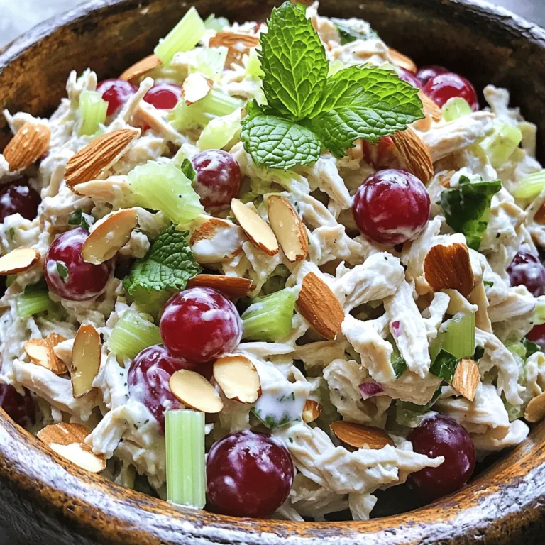 To make Greek Yogurt Chicken Salad, you need a few simple ingredients. Here’s what you will use: - 2 cups cooked chicken breast, shredded - 1 cup plain Greek yogurt - 1/2 cup celery, finely chopped - 1/2 cup red grapes, halved - 1/4 cup almonds, sliced - 1/4 cup green onion, chopped - 2 tablespoons Dijon mustard - 1 tablespoon honey - 1 tablespoon fresh lemon juice - Salt and pepper to taste - Fresh mint leaves for garnish Each ingredient brings its own flavor and texture to the dish. The Greek yogurt acts as a creamy base. It also adds protein and tang. The shredded chicken provides heartiness. Celery adds crunch, while grapes give a sweet burst. Almonds add a nice crunch and nutty flavor. Green onions bring freshness. You can tweak the ingredients to suit your taste. Swap grapes for apples if you like. Use walnuts instead of almonds for a different flavor. The beauty of this dish is its flexibility. For the full recipe, make sure to check the instructions to create this tasty meal! - Start by combining the shredded chicken and Greek yogurt in a mixing bowl. - Add the finely chopped celery and halved red grapes, mixing well to combine. - Fold in the sliced almonds and chopped green onion for extra crunch. - In a small bowl, whisk together the Dijon mustard, honey, lemon juice, salt, and pepper. - Pour this dressing over the chicken mixture and stir gently to coat everything. - Taste the salad and adjust the seasoning if needed. - Refrigerate the salad for at least 30 minutes to let the flavors meld. - Serve the salad chilled, garnished with fresh mint leaves for a bright touch. For the complete guide, check the Full Recipe. To make this dish shine, adjust the seasoning to your taste. Start with a pinch of salt and pepper. Taste as you go. You can add more if needed. For a brighter flavor, consider adding a bit more lemon juice. This simple step can really enhance the overall taste. For marination, I suggest letting the salad sit in the fridge for at least 30 minutes. This time allows all the flavors to blend. If you have more time, letting it sit for an hour or two works even better. To keep your salad fresh, store it in an airtight container. This helps prevent it from drying out. I recommend eating it within three days. After that, the texture may change. When serving, stir the salad gently to mix things up. This helps redistribute the dressing. You can serve it chilled or at room temperature. Both options taste great! This Greek yogurt chicken salad is versatile. You can serve it on a bed of greens for a light meal. It also works well in wraps or sandwiches. If you want something crunchy, add some tortilla chips on the side. For presentation, use a colorful bowl. Add a few fresh mint leaves on top for color and aroma. Make it look appealing; people eat with their eyes first! For the full recipe, check out the detailed steps and ingredients. {{image_2}} You can change the protein in this salad easily. Try using turkey instead of chicken. If you want a plant-based option, tofu works well too. Both choices bring a unique taste. You can also switch nuts. Instead of almonds, consider walnuts or sunflower seeds for a different crunch. To boost flavor, add fresh herbs. Dill or parsley can make a big difference. They add freshness and brightness. You can also spice things up. Try adding paprika for smokiness or cumin for warmth. A little extra spice gives your salad a new twist. If you want a dairy-free version, use a plant-based yogurt. There are many tasty options today. For a low-calorie salad, reduce the amount of yogurt or use less dressing. If you need gluten-free options, check that your mustard is gluten-free. You can enjoy this salad while keeping to your dietary needs. Greek yogurt chicken salad lasts about 3 to 5 days in the fridge. To keep it fresh, store it in an airtight container. This helps avoid spills and keeps the salad from drying out. You can freeze Greek yogurt chicken salad, but it may change in texture. When you thaw it, the yogurt might separate. To freeze, use a freezer-safe container. For thawing, place it in the fridge overnight. Stir it well before serving to mix the ingredients again. Before serving, refresh the salad by mixing it well. You can add a bit more yogurt or lemon juice for creaminess and flavor. Always check for any off smells or changes in color. If it looks or smells funny, it's best to toss it. Safety first! You can use regular yogurt if you want. Sour cream is another option. Both give a creamy texture. For a dairy-free version, try mashed avocado or silken tofu. These swaps add creaminess and flavor. Yes, you can easily skip the nuts. The salad will still taste great without them. If you want extra crunch, you can add seeds or crispy veggies. Options like cucumber or bell pepper work well. Yes, this salad is healthy! It has lean protein from chicken and probiotics from Greek yogurt. The veggies add fiber and vitamins. Using Greek yogurt cuts fat compared to mayonnaise. It helps you stay full and satisfied. It lasts about 3 to 5 days in the fridge. Store it in an airtight container for best results. Always check for any off smells or changes in texture before eating. This salad pairs well with fresh greens, like spinach or arugula. You can also serve it with whole grain bread or pita chips. For something light, try carrot sticks or cucumber slices on the side. This article shared a healthy Greek yogurt chicken salad recipe, including easy steps and helpful tips. You learned about the key ingredients, made the dressing, and prepared the dish for serving. Remember, you can make swaps for different tastes and needs. Whether you serve it fresh or store it for later, it's versatile. Keep experimenting with flavors and enjoy your meals. This salad is sure to be a favorite!