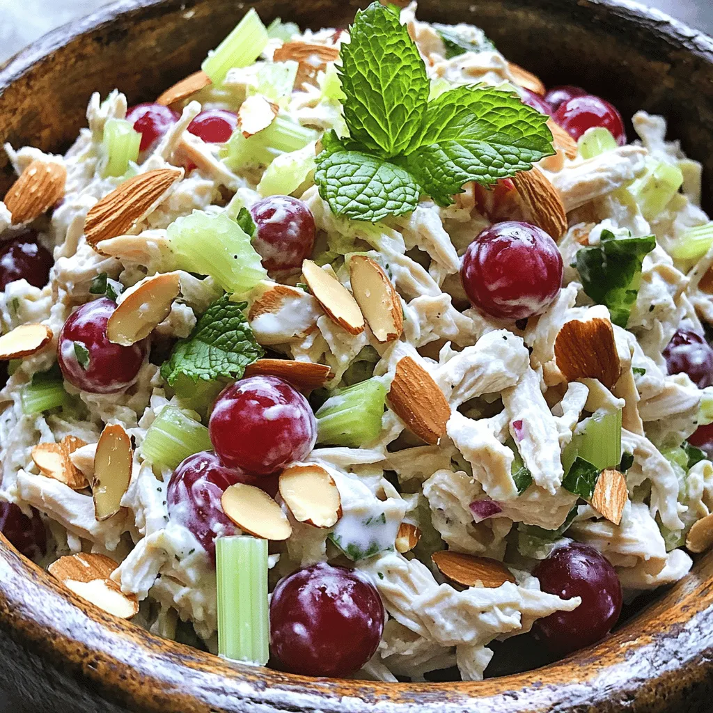 To make Greek Yogurt Chicken Salad, you need a few simple ingredients. Here’s what you will use: - 2 cups cooked chicken breast, shredded - 1 cup plain Greek yogurt - 1/2 cup celery, finely chopped - 1/2 cup red grapes, halved - 1/4 cup almonds, sliced - 1/4 cup green onion, chopped - 2 tablespoons Dijon mustard - 1 tablespoon honey - 1 tablespoon fresh lemon juice - Salt and pepper to taste - Fresh mint leaves for garnish Each ingredient brings its own flavor and texture to the dish. The Greek yogurt acts as a creamy base. It also adds protein and tang. The shredded chicken provides heartiness. Celery adds crunch, while grapes give a sweet burst. Almonds add a nice crunch and nutty flavor. Green onions bring freshness. You can tweak the ingredients to suit your taste. Swap grapes for apples if you like. Use walnuts instead of almonds for a different flavor. The beauty of this dish is its flexibility. For the full recipe, make sure to check the instructions to create this tasty meal! - Start by combining the shredded chicken and Greek yogurt in a mixing bowl. - Add the finely chopped celery and halved red grapes, mixing well to combine. - Fold in the sliced almonds and chopped green onion for extra crunch. - In a small bowl, whisk together the Dijon mustard, honey, lemon juice, salt, and pepper. - Pour this dressing over the chicken mixture and stir gently to coat everything. - Taste the salad and adjust the seasoning if needed. - Refrigerate the salad for at least 30 minutes to let the flavors meld. - Serve the salad chilled, garnished with fresh mint leaves for a bright touch. For the complete guide, check the Full Recipe. To make this dish shine, adjust the seasoning to your taste. Start with a pinch of salt and pepper. Taste as you go. You can add more if needed. For a brighter flavor, consider adding a bit more lemon juice. This simple step can really enhance the overall taste. For marination, I suggest letting the salad sit in the fridge for at least 30 minutes. This time allows all the flavors to blend. If you have more time, letting it sit for an hour or two works even better. To keep your salad fresh, store it in an airtight container. This helps prevent it from drying out. I recommend eating it within three days. After that, the texture may change. When serving, stir the salad gently to mix things up. This helps redistribute the dressing. You can serve it chilled or at room temperature. Both options taste great! This Greek yogurt chicken salad is versatile. You can serve it on a bed of greens for a light meal. It also works well in wraps or sandwiches. If you want something crunchy, add some tortilla chips on the side. For presentation, use a colorful bowl. Add a few fresh mint leaves on top for color and aroma. Make it look appealing; people eat with their eyes first! For the full recipe, check out the detailed steps and ingredients. {{image_2}} You can change the protein in this salad easily. Try using turkey instead of chicken. If you want a plant-based option, tofu works well too. Both choices bring a unique taste. You can also switch nuts. Instead of almonds, consider walnuts or sunflower seeds for a different crunch. To boost flavor, add fresh herbs. Dill or parsley can make a big difference. They add freshness and brightness. You can also spice things up. Try adding paprika for smokiness or cumin for warmth. A little extra spice gives your salad a new twist. If you want a dairy-free version, use a plant-based yogurt. There are many tasty options today. For a low-calorie salad, reduce the amount of yogurt or use less dressing. If you need gluten-free options, check that your mustard is gluten-free. You can enjoy this salad while keeping to your dietary needs. Greek yogurt chicken salad lasts about 3 to 5 days in the fridge. To keep it fresh, store it in an airtight container. This helps avoid spills and keeps the salad from drying out. You can freeze Greek yogurt chicken salad, but it may change in texture. When you thaw it, the yogurt might separate. To freeze, use a freezer-safe container. For thawing, place it in the fridge overnight. Stir it well before serving to mix the ingredients again. Before serving, refresh the salad by mixing it well. You can add a bit more yogurt or lemon juice for creaminess and flavor. Always check for any off smells or changes in color. If it looks or smells funny, it's best to toss it. Safety first! You can use regular yogurt if you want. Sour cream is another option. Both give a creamy texture. For a dairy-free version, try mashed avocado or silken tofu. These swaps add creaminess and flavor. Yes, you can easily skip the nuts. The salad will still taste great without them. If you want extra crunch, you can add seeds or crispy veggies. Options like cucumber or bell pepper work well. Yes, this salad is healthy! It has lean protein from chicken and probiotics from Greek yogurt. The veggies add fiber and vitamins. Using Greek yogurt cuts fat compared to mayonnaise. It helps you stay full and satisfied. It lasts about 3 to 5 days in the fridge. Store it in an airtight container for best results. Always check for any off smells or changes in texture before eating. This salad pairs well with fresh greens, like spinach or arugula. You can also serve it with whole grain bread or pita chips. For something light, try carrot sticks or cucumber slices on the side. This article shared a healthy Greek yogurt chicken salad recipe, including easy steps and helpful tips. You learned about the key ingredients, made the dressing, and prepared the dish for serving. Remember, you can make swaps for different tastes and needs. Whether you serve it fresh or store it for later, it's versatile. Keep experimenting with flavors and enjoy your meals. This salad is sure to be a favorite!