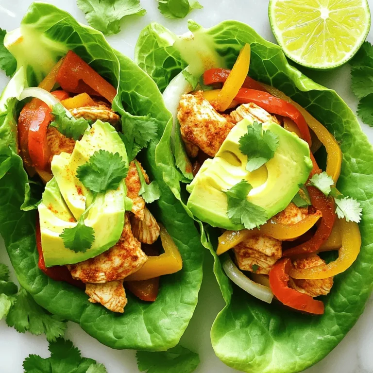 Chicken fajita lettuce wraps are a fun and healthy meal. They pack flavor without the carbs. You can make them in just 30 minutes. This dish is perfect for a quick lunch or dinner. With fresh veggies and spices, each bite is full of zest. Here are the key ingredients you need for this recipe: - 1 pound boneless, skinless chicken breast, thinly sliced - 1 tablespoon olive oil - 1 teaspoon chili powder - 1 teaspoon cumin - ½ teaspoon smoked paprika - ½ teaspoon garlic powder - ½ teaspoon onion powder - Salt and pepper, to taste - 1 red bell pepper, sliced - 1 yellow bell pepper, sliced - 1 medium onion, sliced - 1 head of iceberg or romaine lettuce, leaves separated - 1 avocado, sliced - Fresh cilantro, for garnish - Lime wedges, for serving Using fresh ingredients makes a big difference. Choose crisp lettuce for a nice crunch. Select vibrant bell peppers for color and taste. Fresh cilantro adds a burst of flavor. And don’t forget ripe avocados for creaminess. These fresh ingredients make your wraps even better. For the best taste, visit your local market. They often have the freshest produce available. Enjoy the process of picking out your ingredients! Start by gathering your ingredients. Use 1 pound of boneless, skinless chicken breast. Slice it thinly for even cooking. In a large bowl, mix the chicken with 1 tablespoon of olive oil. Then, add 1 teaspoon of chili powder, 1 teaspoon of cumin, ½ teaspoon of smoked paprika, ½ teaspoon of garlic powder, and ½ teaspoon of onion powder. Season with salt and pepper to your liking. Mix everything well. Make sure the chicken is coated evenly. Heat a large skillet over medium-high heat. Once hot, add the seasoned chicken. Cook for about 5-7 minutes. Stir occasionally until the chicken browns and cooks through. Next, add sliced red and yellow bell peppers and onions to the skillet. Continue cooking for 4-5 minutes. The veggies should be tender but still crisp. This step adds great flavor and texture. While the chicken and veggies cook, prepare your lettuce. Choose iceberg or romaine lettuce for the wraps. Wash the leaves gently and pat them dry. To assemble, take a lettuce leaf and add a good amount of the chicken and vegetable mix. Top with sliced avocado and sprinkle fresh cilantro. Serve your wraps with lime wedges on the side. This adds a fresh zing to each bite. For the full recipe, check out the details above! To make your chicken fajitas shine, use the right spices. I love using chili powder, cumin, and smoked paprika. These spices give the chicken great flavor without being too spicy. Start by mixing the sliced chicken with olive oil and your spices in a bowl. Make sure every piece is coated well. This step is key for tasty chicken. For lettuce wraps, I recommend using iceberg or romaine. These lettuces have a nice crunch and hold their shape well. Iceberg has crisp leaves that work great for wrapping. Romaine adds a slightly sweeter taste. If you can, choose fresh lettuce. It makes a big difference in texture and taste. Wash the leaves gently and pat them dry before using. When it comes to serving, think about fun toppings. Sliced avocado adds creaminess. Fresh cilantro brings a burst of flavor. Lime wedges give a zesty kick. You can also serve these wraps with salsa or your favorite hot sauce. For a complete meal, pair them with a side of rice or beans. Enjoy your tasty and healthy chicken fajita lettuce wraps! For the complete recipe, check the Full Recipe section. {{image_2}} If you want to change the protein, try turkey or shrimp. They both cook fast and taste great. You can also use beef if you like a richer flavor. Just slice it thin and season it the same way. For plant-based options, use tofu or tempeh. They soak up spices well, making them a tasty choice. To make a vegetarian version, skip the meat. Instead, use black beans or lentils for protein. Add extra veggies like zucchini and mushrooms for more flavor. You can also grill the vegetables to enhance their taste. This option is fun and colorful. Plus, it keeps the meal light and healthy. Toppings can make your wraps unique. Try adding salsa, which adds freshness and zing. You can also use guacamole for creaminess. Crumbled queso fresco or feta adds a nice salty bite. If you love heat, drizzle some hot sauce on top. For a sweet touch, add mango or pineapple salsa. Mix and match these toppings to find your favorite combo. For the full recipe, check the link above to make your wraps shine! After enjoying your Chicken Fajita Lettuce Wraps, you may have leftovers. To keep them fresh, store them in an airtight container. Place the wraps in the fridge for up to three days. If you added sliced avocado, try to eat those wraps first. The avocado can brown quickly. You can also freeze the chicken and veggies for later use. To do this, let the cooked mixture cool completely. Then, place it in a freezer-safe bag. Remove as much air as you can. You can store it in the freezer for up to three months. Just remember, do not freeze the lettuce leaves. They won’t hold up well after thawing. When it's time to eat, you can reheat the chicken and veggies in a skillet. Heat them over medium heat until warmed through. This method keeps the flavors intact. If you want a quick option, use the microwave. Heat in short bursts, stirring in between to avoid hot spots. Once heated, assemble your wraps with fresh lettuce and toppings from the Full Recipe. Enjoy your meal! Yes, you can use many types of lettuce. Butter lettuce or romaine works well. These lettuces are flexible and have a great texture. They make for easy wraps. You can even try cabbage leaves for a crunchy twist. Just pick something sturdy enough to hold the filling. To spice up your chicken fajita lettuce wraps, add more chili powder. You can also include diced jalapeños or hot sauce. A sprinkle of cayenne pepper will boost the heat too. If you enjoy smoky flavors, try chipotle powder. Adjust the spice to your taste for a fiery kick. Chicken fajita lettuce wraps are both healthy and tasty. They are low in carbs and rich in protein. The chicken provides lean protein, which helps build muscle. Bell peppers add vitamins A and C. Lettuce is low in calories and high in fiber. Avocados give healthy fats that are good for your heart. These wraps are a balanced meal that supports good health. For the full recipe, check the section above. This blog showed you how to make tasty chicken fajita lettuce wraps. We covered essential ingredients, step-by-step cooking, and helpful tips. I emphasized how to customize your wraps and store any leftovers. These wraps are not just delicious but also versatile and healthy. You can easily switch up proteins or toppings. Experiment and enjoy every bite. With the knowledge from this post, you can create your own perfect version. Happy cooking!