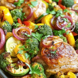 - 4 chicken thighs, skin-on or skinless - 2 cups broccoli florets - 1 red bell pepper, sliced - 1 yellow zucchini, sliced - 1 medium red onion, cut into wedges - 3 cloves garlic, minced - 2 tablespoons olive oil - 1 tablespoon lemon juice - 1 teaspoon smoked paprika - 1 teaspoon dried oregano - Salt and black pepper, to taste - Fresh parsley, chopped for garnish You can swap out the vegetables based on what you have. Try carrots, green beans, or asparagus. For chicken, use breasts or drumsticks if you prefer. You can also use tofu or tempeh for a vegetarian option. If you want a different taste, change the sauces or spices. Honey or balsamic vinegar can replace lemon juice. For a kick, add chili powder or cayenne pepper. I like using extra virgin olive oil for its great flavor. Look for brands that focus on quality. For seasoning, I often choose McCormick or Simply Organic. They offer a range of spices that add depth. You will also need a sturdy sheet pan. I recommend Nordic Ware or USA Pan for even cooking. Marinating the chicken To start, you need to marinate the chicken. In a large bowl, mix olive oil, lemon juice, minced garlic, smoked paprika, oregano, salt, and pepper. This mixture adds great flavor to the chicken. Once mixed, add four chicken thighs to the bowl. Ensure each piece gets coated well. Let the chicken sit for 15 to 20 minutes. This step helps the meat soak up all the tasty juices. Preparing the vegetables While the chicken marinates, it’s time to prepare the veggies. In another bowl, toss broccoli florets, sliced red bell pepper, sliced yellow zucchini, and onion wedges. Drizzle a bit of olive oil over the veggies. Sprinkle with salt and pepper to taste. Mix well to coat. This will make them tasty and colorful on your sheet pan. Arranging the ingredients on the sheet pan Now, grab a large baking sheet. Place the marinated chicken thighs in the center. Surround them with the seasoned vegetables. This arrangement allows the flavors to combine while cooking. Make sure the veggies aren't piled too high. They need space to roast evenly. Roasting the mixture in the oven Preheat your oven to 425°F (220°C). Once hot, slide the sheet pan into the oven. Roast everything for 25 to 30 minutes. The chicken should reach an internal temperature of 165°F (75°C), and the veggies should be tender. Keep an eye on it to ensure nothing burns. Broiling tips for a crispy finish For a crispy finish, turn on the broiler for 2 to 3 minutes at the end. Watch closely as the broiler can burn food quickly. This step gives your chicken and veggies a nice golden color. Resting time before serving After cooking, remove the sheet pan from the oven. Let it rest for 5 minutes. This allows the juices to settle. When ready, garnish with fresh chopped parsley for a pop of color. Your Chicken and Veggie Sheet Pan Dinner is now ready to enjoy! To make your Chicken and Veggie Sheet Pan Dinner shine, marinate your chicken thighs for at least 15-20 minutes. This short time helps the chicken soak up the yummy spices. If you have more time, marinate for up to 4 hours. This gives the flavors more time to blend. You can switch up the seasonings too. Try adding herbs like thyme or basil for a fresh taste. If you want heat, add a pinch of cayenne pepper. You can even use different marinades like teriyaki or BBQ for a fun twist. For even cooking, arrange chicken and veggies in a single layer on the sheet pan. This helps them cook at the same rate. Make sure not to crowd the pan. If they are too close, the steam can build up and make your food soggy. Using high-quality sheet pans also helps. Thick, heavy pans distribute heat well. This ensures your chicken gets crispy while the veggies become tender. Pair your meal with a fresh salad or warm bread for a complete dinner. A side of rice or quinoa also works well. They soak up the juices perfectly. For presentation, serve the chicken and veggies on a large platter. Sprinkle fresh parsley on top for color. You can also add lemon wedges for a bright touch. This makes your meal look good and taste even better! {{image_2}} For a low-carb or keto option, swap the starchy veggies for leafy greens. Use spinach or kale instead of zucchini or bell peppers. This keeps your meal light and healthy. You can add cauliflower florets for more texture. They roast well and soak up flavors. If you need gluten-free substitutions, you're in luck! This dish is naturally gluten-free as it stands. Just ensure the spices and marinades you choose don’t contain gluten. Fresh herbs and lemon juice keep it fresh and tasty. To add excitement, try different herbs or spices. Swap smoked paprika for cumin or curry powder. Each spice brings a new flavor profile. Rosemary and thyme work well too. Fresh herbs bring out the best in your dish. You can also try different marinades. A soy sauce and ginger mix gives an Asian twist. A yogurt-based marinade adds creaminess and tang. Each option opens up new taste experiences. Use seasonal vegetables for a fresh take. In spring, add asparagus and peas. In summer, use corn and cherry tomatoes. In fall, roasted squash and Brussels sprouts shine. Each season offers unique flavors and colors. Adjust the recipe based on the season. Use lighter herbs in spring and summer. In winter, opt for heartier spices and vegetables. This keeps your Chicken and Veggie Sheet Pan Dinner fresh year-round. For the full recipe, check out Zesty Chicken & Veggie Delight. After enjoying your Chicken and Veggie Sheet Pan Dinner, store the leftovers in the fridge. Place the food in airtight containers. This keeps it fresh and safe to eat. You should eat the leftovers within three days. If you want to save it longer, consider freezing it. For best results, use glass or BPA-free plastic containers. They help keep your food fresh. Label each container with the date. This way, you can track how long it has been stored. You can reheat your leftovers in two ways: microwave or oven. The microwave is quick but might make the chicken a bit dry. The oven takes longer but keeps the food crispy. If you use the oven, preheat it to 350°F (175°C). Place your food on a baking sheet. Cover it with foil to keep moisture in. Heat for about 15-20 minutes. This helps maintain the texture of the chicken and veggies. To freeze the leftovers, let them cool first. Divide the food into portions. Use freezer-safe containers or bags. Remove as much air as possible. This will help prevent freezer burn. To thaw, move the meal to the fridge a day before. For quick thawing, use the microwave on the defrost setting. Once thawed, reheat in the oven or microwave. Follow the same tips for retaining texture as mentioned earlier. Cook chicken thighs for 25 to 30 minutes. The time depends on the thickness of the meat. Use a meat thermometer to check. The internal temperature should reach 165°F (75°C). Thicker pieces may need a few more minutes. Yes, you can use frozen vegetables. However, they will release extra moisture. This can affect the cooking time and texture. If using frozen veggies, increase cooking time by about 5 to 10 minutes. They may also become softer than fresh ones. I love pairing this dish with rice or quinoa. These sides soak up the juices well. You can also serve a fresh salad for a crunchy contrast. Garlic bread is another great option. It adds a nice touch to the meal. For a complete dinner, consider a light dessert like fruit salad. Enjoy experimenting with your favorite sides! This blog post covers all you need to make a great chicken and veggie sheet pan dinner. We explored key ingredients, substitutions, and brand recommendations. You learned step-by-step instructions, cooking tips, and how to store leftovers. We even discussed variations for dietary needs and seasonal flavors. With these insights, you can create a tasty and flexible meal that suits your tastes. Happy cooking!