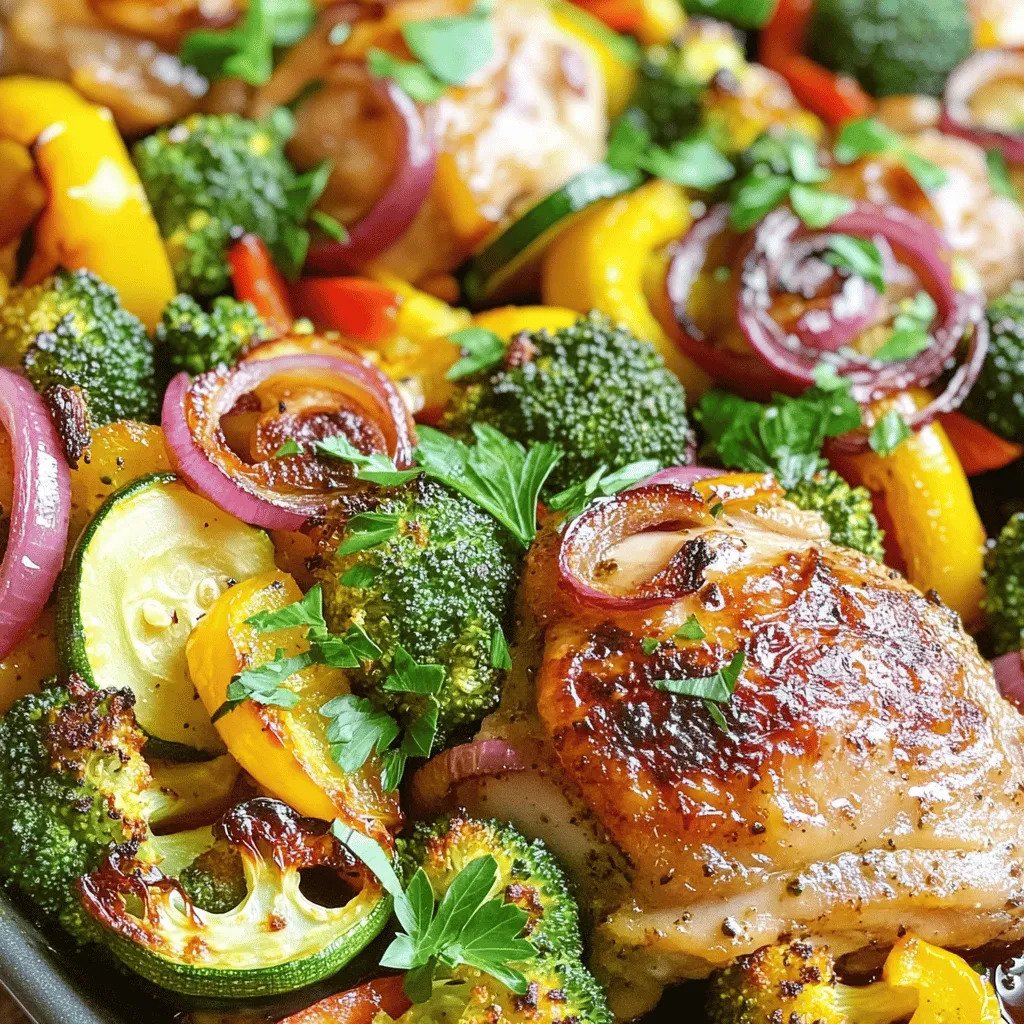 - 4 chicken thighs, skin-on or skinless - 2 cups broccoli florets - 1 red bell pepper, sliced - 1 yellow zucchini, sliced - 1 medium red onion, cut into wedges - 3 cloves garlic, minced - 2 tablespoons olive oil - 1 tablespoon lemon juice - 1 teaspoon smoked paprika - 1 teaspoon dried oregano - Salt and black pepper, to taste - Fresh parsley, chopped for garnish You can swap out the vegetables based on what you have. Try carrots, green beans, or asparagus. For chicken, use breasts or drumsticks if you prefer. You can also use tofu or tempeh for a vegetarian option. If you want a different taste, change the sauces or spices. Honey or balsamic vinegar can replace lemon juice. For a kick, add chili powder or cayenne pepper. I like using extra virgin olive oil for its great flavor. Look for brands that focus on quality. For seasoning, I often choose McCormick or Simply Organic. They offer a range of spices that add depth. You will also need a sturdy sheet pan. I recommend Nordic Ware or USA Pan for even cooking. Marinating the chicken To start, you need to marinate the chicken. In a large bowl, mix olive oil, lemon juice, minced garlic, smoked paprika, oregano, salt, and pepper. This mixture adds great flavor to the chicken. Once mixed, add four chicken thighs to the bowl. Ensure each piece gets coated well. Let the chicken sit for 15 to 20 minutes. This step helps the meat soak up all the tasty juices. Preparing the vegetables While the chicken marinates, it’s time to prepare the veggies. In another bowl, toss broccoli florets, sliced red bell pepper, sliced yellow zucchini, and onion wedges. Drizzle a bit of olive oil over the veggies. Sprinkle with salt and pepper to taste. Mix well to coat. This will make them tasty and colorful on your sheet pan. Arranging the ingredients on the sheet pan Now, grab a large baking sheet. Place the marinated chicken thighs in the center. Surround them with the seasoned vegetables. This arrangement allows the flavors to combine while cooking. Make sure the veggies aren't piled too high. They need space to roast evenly. Roasting the mixture in the oven Preheat your oven to 425°F (220°C). Once hot, slide the sheet pan into the oven. Roast everything for 25 to 30 minutes. The chicken should reach an internal temperature of 165°F (75°C), and the veggies should be tender. Keep an eye on it to ensure nothing burns. Broiling tips for a crispy finish For a crispy finish, turn on the broiler for 2 to 3 minutes at the end. Watch closely as the broiler can burn food quickly. This step gives your chicken and veggies a nice golden color. Resting time before serving After cooking, remove the sheet pan from the oven. Let it rest for 5 minutes. This allows the juices to settle. When ready, garnish with fresh chopped parsley for a pop of color. Your Chicken and Veggie Sheet Pan Dinner is now ready to enjoy! To make your Chicken and Veggie Sheet Pan Dinner shine, marinate your chicken thighs for at least 15-20 minutes. This short time helps the chicken soak up the yummy spices. If you have more time, marinate for up to 4 hours. This gives the flavors more time to blend. You can switch up the seasonings too. Try adding herbs like thyme or basil for a fresh taste. If you want heat, add a pinch of cayenne pepper. You can even use different marinades like teriyaki or BBQ for a fun twist. For even cooking, arrange chicken and veggies in a single layer on the sheet pan. This helps them cook at the same rate. Make sure not to crowd the pan. If they are too close, the steam can build up and make your food soggy. Using high-quality sheet pans also helps. Thick, heavy pans distribute heat well. This ensures your chicken gets crispy while the veggies become tender. Pair your meal with a fresh salad or warm bread for a complete dinner. A side of rice or quinoa also works well. They soak up the juices perfectly. For presentation, serve the chicken and veggies on a large platter. Sprinkle fresh parsley on top for color. You can also add lemon wedges for a bright touch. This makes your meal look good and taste even better! {{image_2}} For a low-carb or keto option, swap the starchy veggies for leafy greens. Use spinach or kale instead of zucchini or bell peppers. This keeps your meal light and healthy. You can add cauliflower florets for more texture. They roast well and soak up flavors. If you need gluten-free substitutions, you're in luck! This dish is naturally gluten-free as it stands. Just ensure the spices and marinades you choose don’t contain gluten. Fresh herbs and lemon juice keep it fresh and tasty. To add excitement, try different herbs or spices. Swap smoked paprika for cumin or curry powder. Each spice brings a new flavor profile. Rosemary and thyme work well too. Fresh herbs bring out the best in your dish. You can also try different marinades. A soy sauce and ginger mix gives an Asian twist. A yogurt-based marinade adds creaminess and tang. Each option opens up new taste experiences. Use seasonal vegetables for a fresh take. In spring, add asparagus and peas. In summer, use corn and cherry tomatoes. In fall, roasted squash and Brussels sprouts shine. Each season offers unique flavors and colors. Adjust the recipe based on the season. Use lighter herbs in spring and summer. In winter, opt for heartier spices and vegetables. This keeps your Chicken and Veggie Sheet Pan Dinner fresh year-round. For the full recipe, check out Zesty Chicken & Veggie Delight. After enjoying your Chicken and Veggie Sheet Pan Dinner, store the leftovers in the fridge. Place the food in airtight containers. This keeps it fresh and safe to eat. You should eat the leftovers within three days. If you want to save it longer, consider freezing it. For best results, use glass or BPA-free plastic containers. They help keep your food fresh. Label each container with the date. This way, you can track how long it has been stored. You can reheat your leftovers in two ways: microwave or oven. The microwave is quick but might make the chicken a bit dry. The oven takes longer but keeps the food crispy. If you use the oven, preheat it to 350°F (175°C). Place your food on a baking sheet. Cover it with foil to keep moisture in. Heat for about 15-20 minutes. This helps maintain the texture of the chicken and veggies. To freeze the leftovers, let them cool first. Divide the food into portions. Use freezer-safe containers or bags. Remove as much air as possible. This will help prevent freezer burn. To thaw, move the meal to the fridge a day before. For quick thawing, use the microwave on the defrost setting. Once thawed, reheat in the oven or microwave. Follow the same tips for retaining texture as mentioned earlier. Cook chicken thighs for 25 to 30 minutes. The time depends on the thickness of the meat. Use a meat thermometer to check. The internal temperature should reach 165°F (75°C). Thicker pieces may need a few more minutes. Yes, you can use frozen vegetables. However, they will release extra moisture. This can affect the cooking time and texture. If using frozen veggies, increase cooking time by about 5 to 10 minutes. They may also become softer than fresh ones. I love pairing this dish with rice or quinoa. These sides soak up the juices well. You can also serve a fresh salad for a crunchy contrast. Garlic bread is another great option. It adds a nice touch to the meal. For a complete dinner, consider a light dessert like fruit salad. Enjoy experimenting with your favorite sides! This blog post covers all you need to make a great chicken and veggie sheet pan dinner. We explored key ingredients, substitutions, and brand recommendations. You learned step-by-step instructions, cooking tips, and how to store leftovers. We even discussed variations for dietary needs and seasonal flavors. With these insights, you can create a tasty and flexible meal that suits your tastes. Happy cooking!