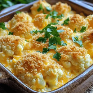 To make Cheesy Cauliflower Casserole, gather these simple ingredients: - 1 large head of cauliflower, cut into florets - 1 cup shredded sharp cheddar cheese - 1 cup cream cheese, softened - 1 cup milk - 1/2 cup grated Parmesan cheese - 1 cup breadcrumbs (preferably whole wheat) - 2 garlic cloves, minced - 1 teaspoon onion powder - Salt and pepper to taste - 2 tablespoons olive oil - Fresh parsley, chopped (for garnish) When selecting cauliflower, look for firm heads. The florets should be tightly packed and white. Any brown spots mean it is past its prime. Also, check for green leaves. Fresh leaves show it was picked recently. If the cauliflower feels heavy for its size, it is fresh and juicy. Sharp cheddar is my go-to for this dish. It adds a nice tangy flavor. Cream cheese makes the dish creamy and rich. Parmesan brings a salty kick that balances well with the other cheeses. You can also try Gruyère or mozzarella for a different taste. Mixing cheeses can add depth to the flavor. For the best results, use high-quality cheese. Check out the Full Recipe for more details! First, you need to prepare the cauliflower. Take a large head of cauliflower and cut it into florets. Make sure they are even in size for even cooking. Next, fill a large pot with salted water and bring it to a boil. Once boiling, add the florets and cook for about 5 minutes. You want them slightly tender, not mushy. After cooking, drain the cauliflower and set it aside to cool. In a large mixing bowl, combine the softened cream cheese, one cup of milk, minced garlic, and onion powder. Mix these ingredients until smooth and creamy. Now, add half of the shredded sharp cheddar cheese to the bowl. Fold it in gently. Then, take the cooled cauliflower and add it to the cheese mixture. Make sure each floret gets coated well. Season with salt and pepper to your taste. Now it’s time to assemble the casserole. Transfer the cauliflower mixture into a greased 9x13 inch casserole dish. In a separate bowl, mix the breadcrumbs, grated Parmesan cheese, and the remaining cheddar cheese. Drizzle olive oil over this mixture and stir until crumbly. Spread it evenly over the cauliflower. Preheat your oven to 375°F (190°C) and bake for 25-30 minutes. Look for a golden brown top with bubbly cheese. Once baked, let it cool for 5 minutes. Garnish with chopped parsley before serving. For more details, check the Full Recipe. To make your casserole creamy, focus on the cheese blend. I use cream cheese and shredded cheddar for richness. Blend these well with milk to create a smooth mix. This helps every bite taste great. Cook the cauliflower until it is just tender. Too soft will lead to mushiness. You want it to hold its shape. Want an easy clean-up? You can turn this into a one-pot meal. Start by cooking the cauliflower in a large pot. Use the same pot to mix the cheese and cauliflower. This cut down on dishes and saves time. Just remember to add the breadcrumbs last for that crispy topping. This casserole pairs well with many dishes. Try serving it with grilled chicken or baked fish. A simple salad on the side adds freshness. If you want something heartier, serve it with brown rice or quinoa. The flavors balance well and make a full meal. For a fun twist, top it with some crispy bacon bits for extra crunch. For the full recipe, check out the Cheesy Cauliflower Casserole details. {{image_2}} You can easily add protein to your cheesy cauliflower casserole. Chicken and bacon work well. For chicken, use cooked, shredded pieces. Just fold them into the cheese mix. For bacon, cook until crispy, then crumble it. Sprinkle it on top before baking. This adds flavor and makes the dish heartier. If you want a vegetarian version, skip any meat. For gluten-free options, replace breadcrumbs with crushed gluten-free crackers or nuts. This keeps the dish light yet tasty. You can also use almond flour for a unique crunch. Both options make this casserole perfect for everyone. Spice it up! Add a pinch of paprika or cayenne for heat. Fresh herbs like thyme or basil give a fresh kick. You can also try adding a dash of mustard for a unique twist. Mix and match your favorite flavors to make it your own. Experimentation is key to finding what you like best! To keep your cheesy cauliflower casserole fresh, let it cool first. Once cooled, cover it tightly with plastic wrap or foil. You can also use an airtight container. This way, it stays moist and tasty for up to 3 days in the fridge. If you want to save your casserole for later, freezing is a great option. Cut the casserole into portions. Wrap each piece in plastic wrap, then in foil. This helps prevent freezer burn. You can freeze it for up to 3 months. When you’re ready to eat, thaw it in the fridge overnight. To reheat your casserole, set your oven to 350°F (175°C). Place the casserole in an oven-safe dish. Cover it with foil to keep it moist. Heat for about 20-25 minutes. If you want a crispy top, remove the foil for the last 5-10 minutes. Enjoy your delicious leftovers! For the full recipe, click here. To make this casserole ahead, cook the cauliflower and mix it with the cheese. Pour the mixture into the casserole dish. Cover it tightly with foil and store it in the fridge. You can also prepare the breadcrumb topping and keep it separate. When you are ready to bake, just add the topping. Bake at 375°F (190°C) for about 30 minutes. This method saves time and lets the flavors blend well. Yes, you can use different cheeses! While sharp cheddar gives a nice flavor, feel free to mix it up. You can try gouda for a smoky taste or mozzarella for a gooey texture. Cream cheese works well to keep it creamy. Just remember to use cheese that melts well for the best results. Cheesy cauliflower casserole pairs well with many dishes. You can serve it alongside grilled chicken or baked fish for a healthy meal. It also goes great with a fresh salad or roasted veggies. For a heartier meal, add some rice or quinoa on the side. Enjoy your meal with this tasty and filling dish! In this post, we explored all about cheesy cauliflower casserole. We looked at key ingredients, cooking steps, and useful tips. You learned how to pick fresh cauliflower and the best cheeses to use. We also discussed ways to adapt the recipe for your needs. This dish is tasty and easy to make. Try new flavors or add protein to it. Remember, store leftovers properly for future meals. Enjoy your cheesy cauliflower casserole!