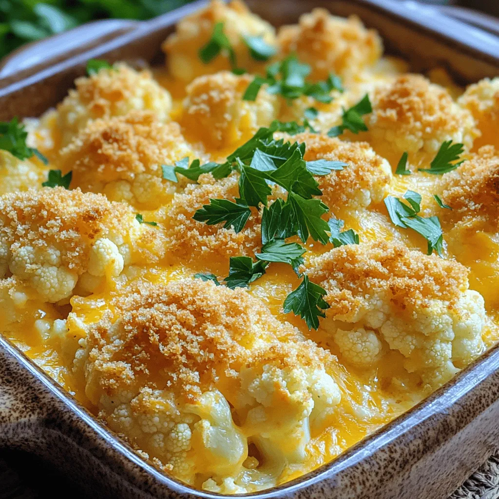 To make Cheesy Cauliflower Casserole, gather these simple ingredients: - 1 large head of cauliflower, cut into florets - 1 cup shredded sharp cheddar cheese - 1 cup cream cheese, softened - 1 cup milk - 1/2 cup grated Parmesan cheese - 1 cup breadcrumbs (preferably whole wheat) - 2 garlic cloves, minced - 1 teaspoon onion powder - Salt and pepper to taste - 2 tablespoons olive oil - Fresh parsley, chopped (for garnish) When selecting cauliflower, look for firm heads. The florets should be tightly packed and white. Any brown spots mean it is past its prime. Also, check for green leaves. Fresh leaves show it was picked recently. If the cauliflower feels heavy for its size, it is fresh and juicy. Sharp cheddar is my go-to for this dish. It adds a nice tangy flavor. Cream cheese makes the dish creamy and rich. Parmesan brings a salty kick that balances well with the other cheeses. You can also try Gruyère or mozzarella for a different taste. Mixing cheeses can add depth to the flavor. For the best results, use high-quality cheese. Check out the Full Recipe for more details! First, you need to prepare the cauliflower. Take a large head of cauliflower and cut it into florets. Make sure they are even in size for even cooking. Next, fill a large pot with salted water and bring it to a boil. Once boiling, add the florets and cook for about 5 minutes. You want them slightly tender, not mushy. After cooking, drain the cauliflower and set it aside to cool. In a large mixing bowl, combine the softened cream cheese, one cup of milk, minced garlic, and onion powder. Mix these ingredients until smooth and creamy. Now, add half of the shredded sharp cheddar cheese to the bowl. Fold it in gently. Then, take the cooled cauliflower and add it to the cheese mixture. Make sure each floret gets coated well. Season with salt and pepper to your taste. Now it’s time to assemble the casserole. Transfer the cauliflower mixture into a greased 9x13 inch casserole dish. In a separate bowl, mix the breadcrumbs, grated Parmesan cheese, and the remaining cheddar cheese. Drizzle olive oil over this mixture and stir until crumbly. Spread it evenly over the cauliflower. Preheat your oven to 375°F (190°C) and bake for 25-30 minutes. Look for a golden brown top with bubbly cheese. Once baked, let it cool for 5 minutes. Garnish with chopped parsley before serving. For more details, check the Full Recipe. To make your casserole creamy, focus on the cheese blend. I use cream cheese and shredded cheddar for richness. Blend these well with milk to create a smooth mix. This helps every bite taste great. Cook the cauliflower until it is just tender. Too soft will lead to mushiness. You want it to hold its shape. Want an easy clean-up? You can turn this into a one-pot meal. Start by cooking the cauliflower in a large pot. Use the same pot to mix the cheese and cauliflower. This cut down on dishes and saves time. Just remember to add the breadcrumbs last for that crispy topping. This casserole pairs well with many dishes. Try serving it with grilled chicken or baked fish. A simple salad on the side adds freshness. If you want something heartier, serve it with brown rice or quinoa. The flavors balance well and make a full meal. For a fun twist, top it with some crispy bacon bits for extra crunch. For the full recipe, check out the Cheesy Cauliflower Casserole details. {{image_2}} You can easily add protein to your cheesy cauliflower casserole. Chicken and bacon work well. For chicken, use cooked, shredded pieces. Just fold them into the cheese mix. For bacon, cook until crispy, then crumble it. Sprinkle it on top before baking. This adds flavor and makes the dish heartier. If you want a vegetarian version, skip any meat. For gluten-free options, replace breadcrumbs with crushed gluten-free crackers or nuts. This keeps the dish light yet tasty. You can also use almond flour for a unique crunch. Both options make this casserole perfect for everyone. Spice it up! Add a pinch of paprika or cayenne for heat. Fresh herbs like thyme or basil give a fresh kick. You can also try adding a dash of mustard for a unique twist. Mix and match your favorite flavors to make it your own. Experimentation is key to finding what you like best! To keep your cheesy cauliflower casserole fresh, let it cool first. Once cooled, cover it tightly with plastic wrap or foil. You can also use an airtight container. This way, it stays moist and tasty for up to 3 days in the fridge. If you want to save your casserole for later, freezing is a great option. Cut the casserole into portions. Wrap each piece in plastic wrap, then in foil. This helps prevent freezer burn. You can freeze it for up to 3 months. When you’re ready to eat, thaw it in the fridge overnight. To reheat your casserole, set your oven to 350°F (175°C). Place the casserole in an oven-safe dish. Cover it with foil to keep it moist. Heat for about 20-25 minutes. If you want a crispy top, remove the foil for the last 5-10 minutes. Enjoy your delicious leftovers! For the full recipe, click here. To make this casserole ahead, cook the cauliflower and mix it with the cheese. Pour the mixture into the casserole dish. Cover it tightly with foil and store it in the fridge. You can also prepare the breadcrumb topping and keep it separate. When you are ready to bake, just add the topping. Bake at 375°F (190°C) for about 30 minutes. This method saves time and lets the flavors blend well. Yes, you can use different cheeses! While sharp cheddar gives a nice flavor, feel free to mix it up. You can try gouda for a smoky taste or mozzarella for a gooey texture. Cream cheese works well to keep it creamy. Just remember to use cheese that melts well for the best results. Cheesy cauliflower casserole pairs well with many dishes. You can serve it alongside grilled chicken or baked fish for a healthy meal. It also goes great with a fresh salad or roasted veggies. For a heartier meal, add some rice or quinoa on the side. Enjoy your meal with this tasty and filling dish! In this post, we explored all about cheesy cauliflower casserole. We looked at key ingredients, cooking steps, and useful tips. You learned how to pick fresh cauliflower and the best cheeses to use. We also discussed ways to adapt the recipe for your needs. This dish is tasty and easy to make. Try new flavors or add protein to it. Remember, store leftovers properly for future meals. Enjoy your cheesy cauliflower casserole!