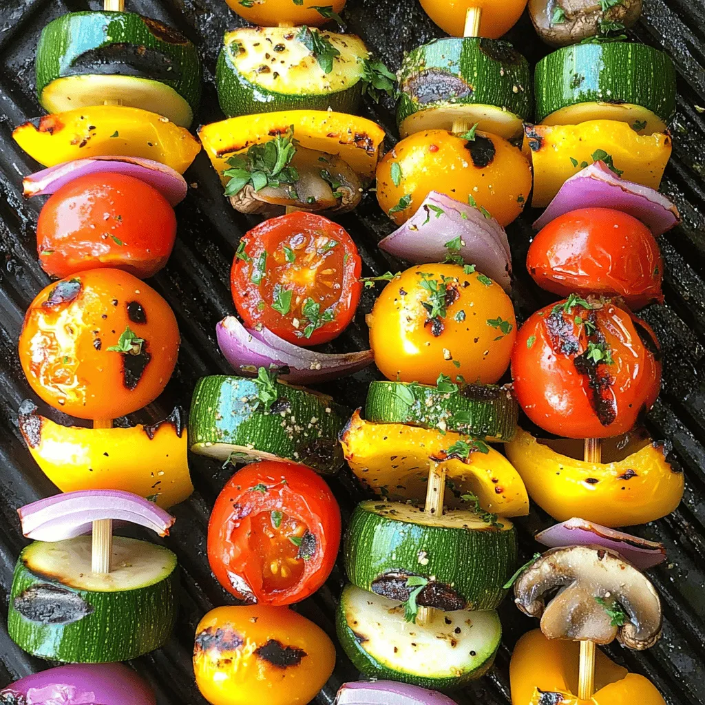 For these grilled veggie skewers, you will need: - 1 large zucchini, sliced into thick rounds - 1 red bell pepper, cut into squares - 1 yellow bell pepper, cut into squares - 1 red onion, cut into chunks - 8 cherry tomatoes - 1 cup mushrooms, halved These vegetables bring color and flavor to your skewers. You can mix and match based on your taste. Try using eggplant or asparagus for a twist. The marinade adds zest and depth to the veggies. You will need: - 3 tablespoons olive oil - 2 teaspoons dried oregano - 1 teaspoon garlic powder - Salt and pepper to taste This simple mix enhances the natural flavors of the vegetables. Adjust the salt and pepper to fit your liking. Garnishes can make your skewers pop! Consider using: - Fresh parsley, chopped Adding parsley gives a fresh touch. It also adds a nice green color to the dish. You can also sprinkle feta cheese for a creamy bite. For the full recipe, check the Grilled Mediterranean Veggie Skewers. Start by gathering your veggies. Use a large bowl to combine: - 1 large zucchini, sliced into thick rounds - 1 red bell pepper, cut into squares - 1 yellow bell pepper, cut into squares - 1 red onion, cut into chunks - 8 cherry tomatoes - 1 cup mushrooms, halved Make sure to wash all your vegetables well. This keeps them fresh and clean. Cut them into even pieces. This helps them cook evenly on the grill. Next, we make the marinade. In a small bowl, whisk together: - 3 tablespoons olive oil - 2 teaspoons dried oregano - 1 teaspoon garlic powder - Salt and pepper to taste Mix until well combined. Pour this mixture over your veggies in the large bowl. Toss gently. Make sure every piece is coated. This will add great flavor to your skewers. Now it’s time to grill! First, preheat your grill to medium-high heat. While it heats, thread the marinated vegetables onto the skewers. Alternate between different types for a colorful look. Once the grill is hot, place the skewers on it. Grill for about 10-12 minutes. Turn the skewers occasionally. You want nice grill marks and tender veggies. When they are done, remove them from the grill. Let them cool slightly before serving. You can garnish with fresh parsley for an extra burst of flavor. For the full recipe, check out [Full Recipe]. Enjoy your grilled Mediterranean veggie skewers! To grill veggie skewers well, start with a clean grill. This helps prevent sticking. Preheat your grill to medium-high heat. This temperature cooks veggies evenly and keeps them crisp. Soak wooden skewers in water for at least 30 minutes. This step helps them not burn on the grill. When placing skewers on the grill, leave space between them. This promotes even heat flow. Keep a close eye on them. Turn the skewers every few minutes. This way, every side gets that nice grill mark. To get that perfect char, use high heat for a short time. Grill your skewers for about 10-12 minutes. Turn them often to avoid burning. The goal is tender veggies with those lovely grill lines. You want a bit of caramelization for extra flavor. Don’t forget to watch for the color change, too. When the veggies are brightly colored and tender, they are done. If you want a deeper char, leave them on a bit longer. Just be careful not to overcook them. Serve your grilled Mediterranean veggie skewers warm. They shine on their own, but pair nicely with dips. Try hummus or a yogurt sauce for added flavor. You can also serve them on a bed of fresh greens. This adds a nice crunch and vibrancy. For a fun twist, chop up leftovers and add them to salads. You can also use them in wraps or sandwiches. They keep well, making them a great meal prep option. For the full recipe, check out the details above. Enjoy your grilling! {{image_2}} You can swap in many other veggies for your skewers. Try using eggplant, asparagus, or even cauliflower. Each brings a unique taste and texture. For a sweeter note, add butternut squash or carrots. These flavors will shine when grilled. Don't be afraid to mix and match. The more colorful, the better! For a heartier meal, add protein to your skewers. Chicken or shrimp work well here. Cut them into bite-sized pieces for even cooking. You can marinate them just like the veggies. For a vegan option, try tofu or tempeh. They soak up flavors beautifully. Adding protein makes your skewers more filling and nutritious. While the olive oil and oregano mix is great, you can get creative. Try adding lemon juice or balsamic vinegar for extra zing. A bit of honey can bring a sweet touch. Experiment with spices like smoked paprika or cumin for warmth. Each marinade will change the flavor profile. Feel free to explore and find your favorite! Check out the Full Recipe for more details on creating the perfect skewers. After enjoying your Grilled Mediterranean Veggie Skewers, store leftovers in an airtight container. This keeps the flavors fresh. You can keep them in the fridge for three to four days. Make sure they cool down before sealing. Layer them with paper towels to absorb extra moisture. To reheat your skewers, use a skillet or grill. This helps maintain the charred flavor. Heat them on medium for about five minutes. Turn them gently to warm all sides. You can also use a microwave, but it may make them soft. If you choose the microwave, heat in short bursts to avoid overcooking. Freezing grilled skewers is a great option for meal prep. Let them cool completely first. Then, wrap each skewer in plastic wrap. Place the wrapped skewers in a freezer bag, removing as much air as possible. They can stay fresh for up to three months. To enjoy, thaw in the fridge overnight before reheating. Yes, you can use many types of vegetables. Try eggplant, asparagus, or even corn. Mixing colors and shapes makes your dish fun and tasty. Each vegetable adds its unique flavor. Experiment to find your favorites! Soak wooden skewers for at least 30 minutes. This helps prevent them from burning on the grill. If you forget to soak them, use metal skewers instead. They work great and need no soaking at all. Many sauces taste great with these skewers. Tzatziki sauce adds a cool, creamy bite. A balsamic glaze gives a sweet twist. You can also try a spicy harissa sauce for heat. Each sauce adds its own special touch to the dish. For the full recipe, check it out! Grilled Mediterranean Veggie Skewers are fun and easy to make. We looked at the best veggies, how to prepare them, and tasty marinades. I shared tips for grilling and great serving ideas. You can try different veggies and proteins to mix things up. Remember to store leftovers well so you can enjoy them later. With these guidelines, your grilling efforts will be a hit. Enjoy every bite and happy grilling!