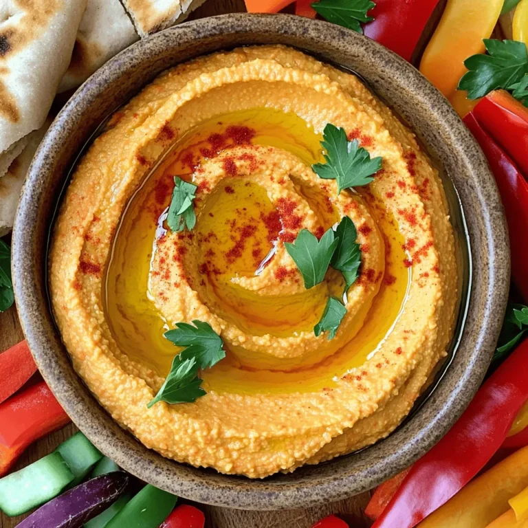 To make delicious roasted red pepper hummus, you need the following ingredients: - 1 cup canned chickpeas, drained and rinsed - 1 large roasted red pepper (jarred or homemade) - 2 tablespoons tahini - 2 tablespoons olive oil - 2 tablespoons lemon juice - 1 garlic clove, minced - 1/2 teaspoon ground cumin - Salt to taste - Water as needed - Fresh parsley for garnish (optional) - Paprika for garnish (optional) Each ingredient in this hummus adds flavor and nutrition. - Chickpeas: They are high in protein and fiber. This helps keep you full and satisfied. - Roasted red peppers: They are rich in vitamins A and C. These vitamins are good for your skin and eyes. - Tahini: This sesame paste adds healthy fats and calcium. It supports strong bones and heart health. - Olive oil: A source of good fats, it helps reduce bad cholesterol. - Lemon juice: It adds vitamin C and helps with digestion. - Garlic: This boosts your immune system and adds flavor. Choosing fresh ingredients is key for great hummus. Here are some tips: - Chickpeas: Look for cans with no added sugar or preservatives. - Red peppers: Choose ones that are firm and bright. Avoid any that are wrinkled or soft. - Tahini: Check for a smooth texture. It should not have lumps or separation. - Olive oil: Go for extra virgin for the best flavor and health benefits. - Lemon: Pick lemons that feel heavy for their size. This means they are juicy. - Garlic: Choose firm, dry heads with no mold. Fresh garlic has a strong scent. These tips help you pick the best ingredients for your roasted red pepper hummus. For the full recipe, check out the instructions above. Roasting red peppers brings out their sweet and smoky flavor. You can use jarred peppers or make your own. To roast fresh peppers, first, preheat your oven to 450°F (230°C). Then, place whole red peppers on a baking sheet. Roast them for 20-25 minutes. You want the skin to blister and char. When they are done, take them out and place them in a bowl. Cover the bowl with plastic wrap for ten minutes. This steaming will help loosen the skin. Once cooled, peel away the charred skin and remove the seeds. This gives you the base for your hummus. Now, it is time to blend! In a food processor, add the following: - 1 cup canned chickpeas, drained and rinsed - 1 large roasted red pepper - 2 tablespoons tahini - 2 tablespoons olive oil - 2 tablespoons lemon juice - 1 garlic clove, minced - 1/2 teaspoon ground cumin - Salt to taste Blend these ingredients until smooth. You may need to scrape down the sides of the bowl to ensure everything mixes well. If your hummus is too thick, don’t worry! Add water one tablespoon at a time until you reach your preferred consistency. The texture should be creamy but not runny. Taste your hummus and add salt as needed. Blend again to mix in the salt. Once you have the perfect blend, transfer the hummus to a serving bowl. You can drizzle a bit of olive oil on top and sprinkle paprika for extra flair. Fresh parsley can also be a nice touch. Enjoy this delicious dip with fresh veggies, pita bread, or crackers. For the complete recipe, check out the Full Recipe section! Making hummus can be easy, but some mistakes can spoil it. Here are a few you should avoid: - Using cold ingredients: Cold ingredients can make it hard to blend. Always use room temperature items. - Not blending long enough: If you don’t blend long enough, the hummus can be grainy. Blend until it’s smooth and creamy. - Skipping the tahini: Tahini adds richness and depth. Don’t leave it out! - Not tasting as you go: Always taste your hummus before serving. Adjust the salt and lemon for your liking. To make your hummus even better, try these enhancements: - Add roasted garlic: Roasting garlic softens its flavor. This adds a sweet, rich taste to your hummus. - Try fresh herbs: Blend in fresh herbs like basil or cilantro for a bright flavor. - Mix in spices: A pinch of smoked paprika or cayenne pepper can add a nice kick. - Use different oils: Swap olive oil for flavored oils like chili or truffle for a unique twist. Serving roasted red pepper hummus can be fun and creative. Here are some ideas: - With fresh veggies: Carrots, cucumbers, and bell peppers pair well for a healthy snack. - On toasted pita: Spread it on warm pita for a warm, comforting bite. - As a sandwich spread: Use hummus instead of mayo for a tasty sandwich boost. - For a colorful platter: Serve it with olives, feta cheese, and nuts for a beautiful appetizer. For the complete recipe, check out the Full Recipe above. Enjoy making your roasted red pepper hummus! {{image_2}} You can easily boost the taste of your hummus. I love adding spices like smoked paprika, cayenne pepper, or even curry powder. Each spice brings a unique flavor. Start with a small amount, then taste and adjust as needed. Adding these spices can take your hummus to a new level. If you have dietary needs, you can still enjoy this dip. You can swap tahini with sunflower seed butter for a nut-free version. If you need a low-fat option, use less olive oil or replace it with vegetable broth. For a creamy texture, try adding avocado instead of tahini. Adjusting these ingredients makes the recipe more flexible for everyone. Serving hummus can be fun and creative. You can spread it on a sandwich or wrap for lunch. It also works great as a dip for fresh veggies, chips, or pita bread. Try using it as a base for a grain bowl topped with veggies and proteins. You can even serve it in a small bowl, drizzled with olive oil and sprinkled with fresh herbs for a beautiful presentation. Get creative and enjoy! To keep your roasted red pepper hummus fresh, store it in the fridge. Place it in a clean, airtight container. This helps to prevent air from spoiling it. Make sure to cover the hummus with a thin layer of olive oil on top. This not only adds flavor but also seals in moisture. Homemade hummus lasts about 4 to 7 days in the fridge. If you want to keep it longer, consider freezing it. Hummus freezes well for up to 3 months. To freeze, scoop it into smaller containers. This way, you can thaw only what you need. When you're ready to use it, let it thaw in the fridge overnight. After thawing, give it a good stir. If it seems thick, add a little water or olive oil to smooth it out. For storing hummus, use glass or BPA-free plastic containers. Glass containers are great because they do not absorb odors or stains. Look for containers with tight-fitting lids. These will keep your hummus fresh longer. Avoid using metal containers, as they may react with the ingredients. For the full recipe, you can refer to the earlier sections. Store-bought hummus often contains preservatives and less flavor. Homemade hummus is fresh and rich. You control the taste and texture. You can adjust spices and add fresh ingredients. This makes it more fun to create. Plus, it’s often healthier because you know what goes in it. Making it at home allows for total flavor freedom. Yes, you can use fresh red peppers. However, they will not have the same smoky flavor. Roasting brings out the sweetness. It also softens the peppers, making them easier to blend. If you choose fresh, you might want to roast them for better taste. You can also try grilling them. That will still add some nice char and flavor. Homemade hummus lasts about five days in the fridge. Make sure to store it in an airtight container. If you see any mold or an off smell, throw it away. You can also freeze hummus for up to three months. Just make sure to leave some space in the container for expansion. For best taste, thaw it in the fridge before serving. For the full recipe to make your own delicious roasted red pepper hummus, check out the instructions above. Enjoy! Roasted red pepper hummus is a tasty and healthy treat. We covered key ingredients, their benefits, and how to choose the best ones. I detailed simple steps for roasting peppers and blending them. I shared tips to avoid common mistakes and boost flavor. You can customize your hummus with spices and adapt for diets. Remember to store it correctly for freshness. Making hummus at home is easy and fun. Enjoy your flavorful and nutritious creation with friends and family!