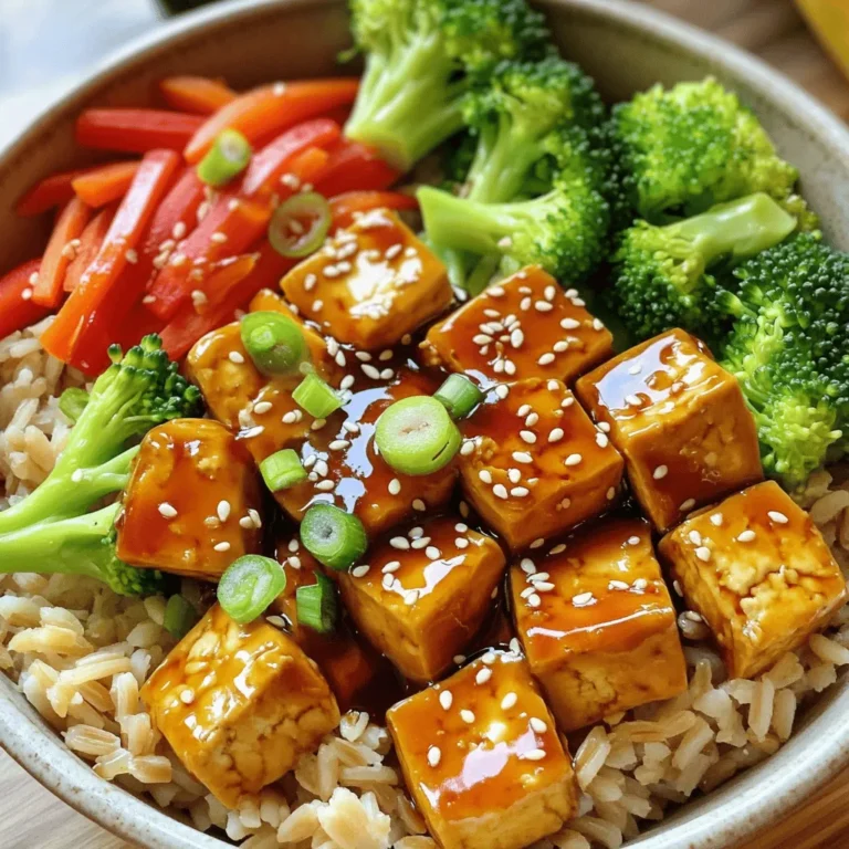 - 1 block firm tofu, pressed and cubed - 1 cup brown rice - 2 tablespoons sesame oil - 1 cup broccoli florets - 1 red bell pepper, sliced - 1 carrot, julienned - 3 green onions, sliced - 2 cloves garlic, minced - 1-inch piece ginger, grated - 1/4 cup soy sauce - 2 tablespoons honey or maple syrup - 1 tablespoon rice vinegar - 1 tablespoon cornstarch mixed with 2 tablespoons water - Sesame seeds, for garnish When I make teriyaki tofu bowls, I love using fresh ingredients. The combo of tofu and veggies gives a great taste. Tofu is my go-to for protein. It is firm and holds its shape well when cooked. Pressing the tofu helps to remove excess water. This way, it absorbs more flavor. I like to cube it into bite-sized pieces. Brown rice serves as a hearty base. It adds a nutty flavor and is good for you. Broccoli, bell pepper, and carrot add color and crunch. They cook quickly but stay crisp. The green onions give a fresh bite and look nice on top. The sauce is where the magic happens. Soy sauce adds saltiness. Honey or maple syrup brings sweetness. Rice vinegar adds a little tang. Ginger and garlic boost the flavor profile. Lastly, cornstarch thickens the sauce. It makes everything stick together nicely. This recipe is not just tasty; it is also packed with nutrients. Each serving has a good balance of protein, fats, and carbs. You can check the full recipe for all the details on how to make it. To cook brown rice, start by rinsing it under cold water. This helps remove excess starch. Use a pot and add one cup of rice and two cups of water. Bring it to a boil, then reduce the heat. Cover and simmer for about 40-45 minutes. Once done, let it sit for 10 minutes before fluffing with a fork. For fluffy rice, avoid lifting the lid too often. This keeps the steam inside. Press the tofu to remove extra moisture. Wrap it in a clean kitchen towel and place a heavy object on top. After about 15-20 minutes, cube the tofu into bite-sized pieces. For a nice golden color, heat sesame oil in a skillet over medium heat. Add the tofu cubes in a single layer. Cook for about 8-10 minutes, flipping them halfway through. Once your tofu is golden, it’s time to add the vegetables. Start with the sliced red bell pepper and cook for 2 minutes. Next, add broccoli florets and julienned carrots. Stir-fry everything for about 5 minutes until the veggies are tender-crisp. Timing is key; you want them to keep their color and crunch. Finally, pour the teriyaki sauce over the mixture. Stir well and let it simmer for a few minutes. Your Teriyaki Tofu Bowls will be ready to serve with rice! To make your teriyaki tofu bowls pop, try adding different seasonings. A splash of lime juice adds brightness. You can also sprinkle in red pepper flakes for some heat. For a twist, swap soy sauce with tamari for a gluten-free option. If you love a sweet tang, add a splash of orange juice to your sauce. You can even mix in pineapple juice for a tropical flavor! Frying tofu can be tricky, but I have a simple method. First, press the tofu to remove water. This step helps it brown nicely. Use a non-stick skillet or cast-iron pan for best results. Heat your skillet before adding oil. This helps the tofu get crispy on the outside. Cook the tofu for about 8-10 minutes until golden brown. Preparing ahead makes life easy. You can chop vegetables a day in advance. Store them in airtight containers in the fridge. Cook the rice ahead of time, too, and keep it in a separate container. For leftovers, cool the bowls before storing. They will stay fresh for up to three days. Reheat in the microwave or on the stove. This way, you can enjoy a tasty meal anytime! For the full recipe, check out the Teriyaki Tofu Bowls section. {{image_2}} You can use tempeh or seitan instead of tofu. These proteins add different textures and flavors. Tempeh is nutty, while seitan has a meaty taste. You can also change up the veggies. Try snap peas, zucchini, or mushrooms for variety. They pair well with the teriyaki sauce. This recipe is vegan and vegetarian-friendly. Just make sure to use maple syrup instead of honey. For gluten-free options, choose tamari instead of soy sauce. You can still enjoy the same great taste without the gluten. Top your teriyaki tofu bowls with sliced avocado or chopped nuts. A sprinkle of sesame seeds adds crunch and flavor. You can serve them with a side of edamame or a light salad. These add freshness and balance to your meal. For a fun twist, try serving with sushi rolls or miso soup on the side. You can find the full recipe in the article. To keep your teriyaki tofu bowls fresh, use airtight containers. Glass containers work best. They prevent odors and keep your food safe. Store the bowls in the fridge. They stay good for up to three days. After that, the tofu may get soggy. To freeze teriyaki tofu bowls, follow these steps: 1. Let the bowls cool completely. 2. Divide the meal into portions. 3. Place each portion in a freezer-safe container or bag. 4. Remove as much air as possible before sealing. These bowls can freeze well for up to three months. When you want to eat them, thaw them in the fridge overnight. For reheating, microwave them for 2-3 minutes. Stir well to heat evenly. Enjoy your meal without waste! Making teriyaki tofu bowls takes about 30 minutes in total. You will spend around 15 minutes preparing the ingredients. Cooking the rice and stir-frying the tofu and veggies will take about 15 more minutes. This quick time makes it great for busy weeknights. Yes, you can prepare this recipe ahead of time. You can cook the brown rice and store it in the fridge for up to four days. You can also prepare the tofu and vegetables in advance. Store them in a sealed container. Just heat everything before serving. Teriyaki tofu bowls pair well with many side dishes. Here are some ideas: - Steamed edamame - A fresh green salad - Miso soup - Sliced cucumbers with rice vinegar - Green tea or sparkling water These sides add flavor and balance to your meal. Absolutely! This recipe is perfect for meal prep. You can make a big batch and portion it into containers. It stores well in the fridge. You can even freeze it for longer storage. This makes it easy to grab a healthy meal during a busy week. For the best flavor, reheat the bowls gently. This recipe for teriyaki tofu bowls is easy and satisfying. You learned how to cook brown rice, prepare tofu, and stir-fry fresh veggies. I shared tips to enhance flavors and variations for dietary needs. Proper storage extends your meals' lifespan. You can adjust this recipe to fit your taste and needs. With these steps, you can enjoy healthy, delicious meals throughout the week. Dig in and savor the flavors!
