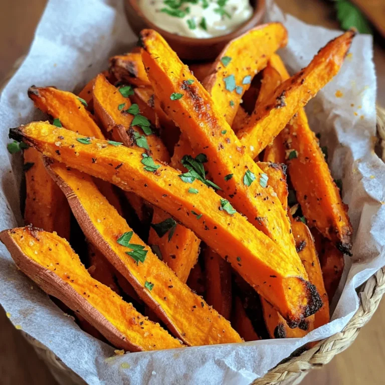 To make crispy baked sweet potato fries, you need a few key ingredients: - 2 large sweet potatoes, cut into fries - 2 tablespoons olive oil - 1 teaspoon cornstarch - 1 teaspoon paprika - 1/2 teaspoon garlic powder - 1/2 teaspoon onion powder - 1/4 teaspoon cayenne pepper (optional for heat) - Salt and pepper to taste - Fresh parsley, chopped (for garnish) Using quality ingredients makes a big difference in taste. Fresh sweet potatoes give your fries a lovely flavor. Good olive oil adds richness. The cornstarch helps achieve that perfect crispiness. You can enhance your fries with extra seasonings. Try adding: - Chili powder for a smoky kick - Italian herbs for a fresh taste - Parmesan cheese for a savory touch When it comes to dips, the options are endless! Serve your fries with: - Spicy mayo for some heat - Ketchup for a classic combo - Garlic aioli for a fancy twist These additions make your crispy baked sweet potato fries even more fun and tasty! For the complete recipe, check out the [Full Recipe]. 1. Preheat your oven to 425°F (220°C). This helps the fries crisp up well. 2. Line a baking sheet with parchment paper. This keeps the fries from sticking. 3. Cut the sweet potatoes into strips. Aim for uniform sizes for even cooking. 4. In a large bowl, toss the fries with olive oil. Ensure they are nicely coated. 5. Sprinkle cornstarch, paprika, garlic powder, onion powder, cayenne pepper, salt, and pepper. Toss again until all fries are coated. 1. Spread the fries in a single layer on the baking sheet. Do not crowd them. 2. Bake for 25 to 30 minutes. Flip them halfway for even crispiness. 3. Check for a crispy golden brown color on the edges. This means they are done. 1. Once baked, remove the fries from the oven and let them cool for a few minutes. 2. Garnish with fresh parsley for a pop of color. 3. Serve the fries in a cone or basket lined with parchment paper. 4. Add a small bowl of your favorite dip, like spicy mayo or ketchup, for fun. For a full recipe, check the detailed guide provided earlier. To make your sweet potato fries crispy, follow a few key steps. First, coat the fries in olive oil. This helps them brown nicely. Next, add cornstarch to the mix. Cornstarch absorbs moisture and creates a crispy outer layer. When you place the fries on the baking sheet, spread them out. Do not overcrowd the pan. If they are too close, they will steam instead of crisp. Give each fry room to breathe, so they can cook evenly. Avoid cutting the fries too thick. Thin fries cook better and become crispier. Another mistake is not flipping the fries halfway through baking. Flipping ensures even cooking and browning on both sides. If your fries turn out soggy, check the oil and cornstarch amounts. You may need to adjust these. Also, ensure that your baking sheet is not crowded. If you follow these tips, you will have perfect crispy fries every time! {{image_2}} You can change the taste of your crispy baked sweet potato fries with different seasonings. Here are some ideas: - Cajun Spice: Use Cajun seasoning for a bold flavor. - Italian Herbs: Mix in dried oregano and basil for a fresh twist. - Cinnamon Sugar: For a sweet option, dust with cinnamon and sugar after baking. - Taco Seasoning: Add taco seasoning for a fun, zesty kick. Experiment with spice blends and herbs to find your favorite taste. You can cook sweet potato fries in different ways. Each method gives a unique texture and flavor. - Air Frying: This method uses less oil and can make fries even crispier. Cook at 400°F for about 20 minutes. - Deep Frying: For a classic taste, deep fry in hot oil until golden. This method gives a crunchy exterior but uses more oil. - Baking: The original method yields a lighter fry. Bake at 425°F for 25-30 minutes, flipping halfway through. Each method has its pros and cons, so try them all to find your favorite! To store your crispy baked sweet potato fries, first, let them cool completely. This step helps keep them crispy. Place the fries in an airtight container. Use a container that has a tight seal to prevent moisture. You can keep them in the fridge for up to three days. When you're ready to eat them, reheat in the oven at 400°F (200°C) for about 10-15 minutes. This method helps restore their crunch. You can freeze both raw and cooked sweet potato fries. For raw fries, cut and coat them as you would for baking. Spread them in a single layer on a baking sheet. Freeze them for about two hours until solid. Then, transfer the fries to a freezer bag. Remove as much air as possible before sealing. They can stay in the freezer for up to three months. To cook from frozen, preheat the oven to 425°F (220°C). Spread the frozen fries on a baking sheet. Bake for 25-30 minutes, flipping halfway through. This method gives you crispy fries without thawing. Enjoy your delicious fries anytime! For the full recipe, check out the detailed steps above. Bake sweet potato fries at 425°F for 25 to 30 minutes. This time gives you crispy edges and soft centers. Flip them halfway through to ensure even cooking. Keep an eye on them. Ovens can vary, so adjust the time as needed. Look for a golden color to know they are done. Yes, you can use other potatoes. Regular russet potatoes work great for fries. They may not be as sweet, but they can still be crispy. You could also try Yukon gold or purple potatoes. Each type gives a different taste and texture. Just remember to adjust the baking time as needed. To add heat, sprinkle cayenne pepper over the fries. You can also add chili powder or crushed red pepper flakes. Mix spices with olive oil before coating the fries. This helps the heat stick better. Start with a little and taste as you go. Adjust based on your spice tolerance. In this post, we explored how to make perfect sweet potato fries. We covered essential ingredients, preparation steps, and cooking methods. I shared tips to achieve crispiness and avoid common mistakes. You also learned about flavor variations and the best ways to store leftovers. Making great fries can be easy and fun. By using quality ingredients and following the steps, you’ll enjoy delicious, crispy fries every time. Now, gather your supplies and get cooking for a tasty treat!