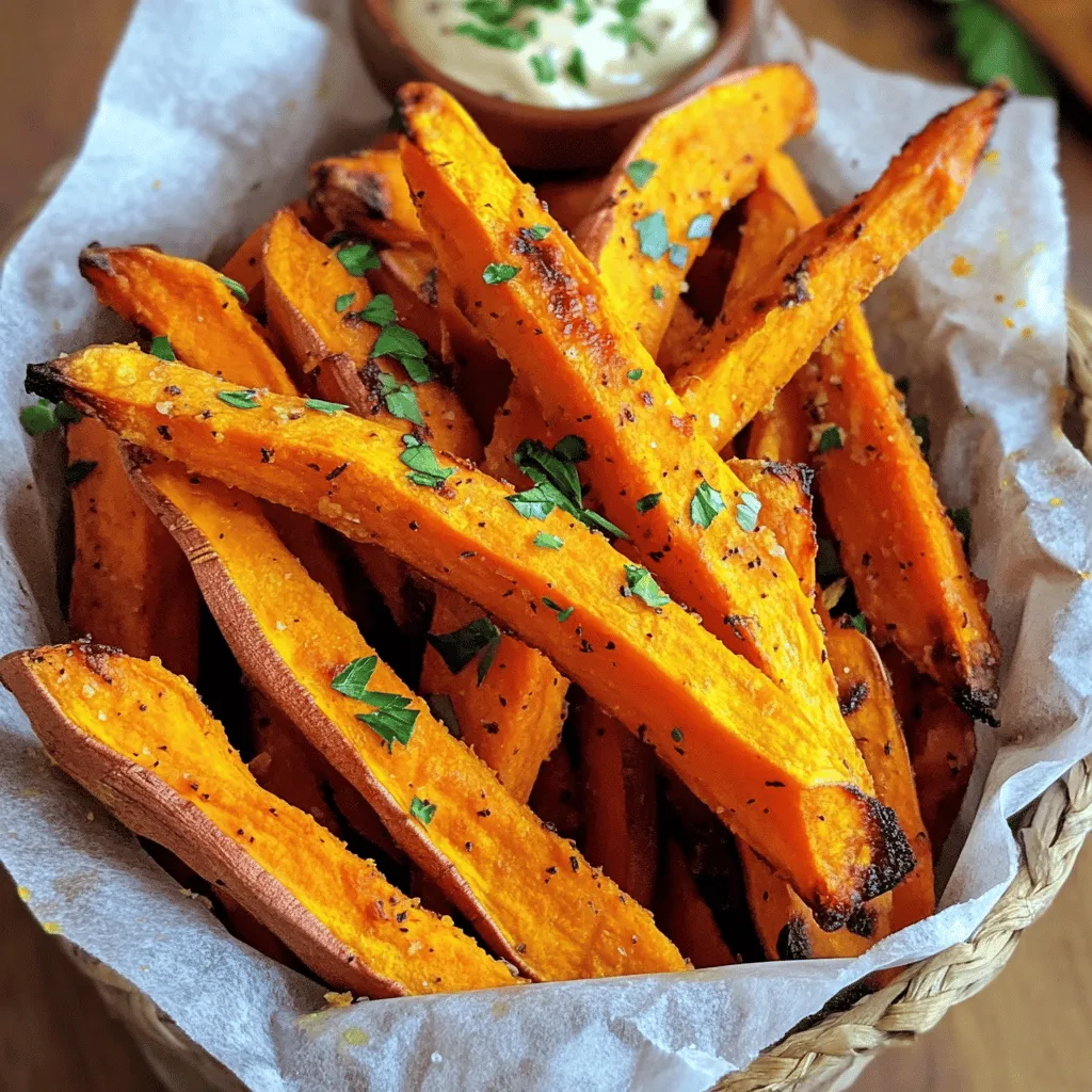To make crispy baked sweet potato fries, you need a few key ingredients: - 2 large sweet potatoes, cut into fries - 2 tablespoons olive oil - 1 teaspoon cornstarch - 1 teaspoon paprika - 1/2 teaspoon garlic powder - 1/2 teaspoon onion powder - 1/4 teaspoon cayenne pepper (optional for heat) - Salt and pepper to taste - Fresh parsley, chopped (for garnish) Using quality ingredients makes a big difference in taste. Fresh sweet potatoes give your fries a lovely flavor. Good olive oil adds richness. The cornstarch helps achieve that perfect crispiness. You can enhance your fries with extra seasonings. Try adding: - Chili powder for a smoky kick - Italian herbs for a fresh taste - Parmesan cheese for a savory touch When it comes to dips, the options are endless! Serve your fries with: - Spicy mayo for some heat - Ketchup for a classic combo - Garlic aioli for a fancy twist These additions make your crispy baked sweet potato fries even more fun and tasty! For the complete recipe, check out the [Full Recipe]. 1. Preheat your oven to 425°F (220°C). This helps the fries crisp up well. 2. Line a baking sheet with parchment paper. This keeps the fries from sticking. 3. Cut the sweet potatoes into strips. Aim for uniform sizes for even cooking. 4. In a large bowl, toss the fries with olive oil. Ensure they are nicely coated. 5. Sprinkle cornstarch, paprika, garlic powder, onion powder, cayenne pepper, salt, and pepper. Toss again until all fries are coated. 1. Spread the fries in a single layer on the baking sheet. Do not crowd them. 2. Bake for 25 to 30 minutes. Flip them halfway for even crispiness. 3. Check for a crispy golden brown color on the edges. This means they are done. 1. Once baked, remove the fries from the oven and let them cool for a few minutes. 2. Garnish with fresh parsley for a pop of color. 3. Serve the fries in a cone or basket lined with parchment paper. 4. Add a small bowl of your favorite dip, like spicy mayo or ketchup, for fun. For a full recipe, check the detailed guide provided earlier. To make your sweet potato fries crispy, follow a few key steps. First, coat the fries in olive oil. This helps them brown nicely. Next, add cornstarch to the mix. Cornstarch absorbs moisture and creates a crispy outer layer. When you place the fries on the baking sheet, spread them out. Do not overcrowd the pan. If they are too close, they will steam instead of crisp. Give each fry room to breathe, so they can cook evenly. Avoid cutting the fries too thick. Thin fries cook better and become crispier. Another mistake is not flipping the fries halfway through baking. Flipping ensures even cooking and browning on both sides. If your fries turn out soggy, check the oil and cornstarch amounts. You may need to adjust these. Also, ensure that your baking sheet is not crowded. If you follow these tips, you will have perfect crispy fries every time! {{image_2}} You can change the taste of your crispy baked sweet potato fries with different seasonings. Here are some ideas: - Cajun Spice: Use Cajun seasoning for a bold flavor. - Italian Herbs: Mix in dried oregano and basil for a fresh twist. - Cinnamon Sugar: For a sweet option, dust with cinnamon and sugar after baking. - Taco Seasoning: Add taco seasoning for a fun, zesty kick. Experiment with spice blends and herbs to find your favorite taste. You can cook sweet potato fries in different ways. Each method gives a unique texture and flavor. - Air Frying: This method uses less oil and can make fries even crispier. Cook at 400°F for about 20 minutes. - Deep Frying: For a classic taste, deep fry in hot oil until golden. This method gives a crunchy exterior but uses more oil. - Baking: The original method yields a lighter fry. Bake at 425°F for 25-30 minutes, flipping halfway through. Each method has its pros and cons, so try them all to find your favorite! To store your crispy baked sweet potato fries, first, let them cool completely. This step helps keep them crispy. Place the fries in an airtight container. Use a container that has a tight seal to prevent moisture. You can keep them in the fridge for up to three days. When you're ready to eat them, reheat in the oven at 400°F (200°C) for about 10-15 minutes. This method helps restore their crunch. You can freeze both raw and cooked sweet potato fries. For raw fries, cut and coat them as you would for baking. Spread them in a single layer on a baking sheet. Freeze them for about two hours until solid. Then, transfer the fries to a freezer bag. Remove as much air as possible before sealing. They can stay in the freezer for up to three months. To cook from frozen, preheat the oven to 425°F (220°C). Spread the frozen fries on a baking sheet. Bake for 25-30 minutes, flipping halfway through. This method gives you crispy fries without thawing. Enjoy your delicious fries anytime! For the full recipe, check out the detailed steps above. Bake sweet potato fries at 425°F for 25 to 30 minutes. This time gives you crispy edges and soft centers. Flip them halfway through to ensure even cooking. Keep an eye on them. Ovens can vary, so adjust the time as needed. Look for a golden color to know they are done. Yes, you can use other potatoes. Regular russet potatoes work great for fries. They may not be as sweet, but they can still be crispy. You could also try Yukon gold or purple potatoes. Each type gives a different taste and texture. Just remember to adjust the baking time as needed. To add heat, sprinkle cayenne pepper over the fries. You can also add chili powder or crushed red pepper flakes. Mix spices with olive oil before coating the fries. This helps the heat stick better. Start with a little and taste as you go. Adjust based on your spice tolerance. In this post, we explored how to make perfect sweet potato fries. We covered essential ingredients, preparation steps, and cooking methods. I shared tips to achieve crispiness and avoid common mistakes. You also learned about flavor variations and the best ways to store leftovers. Making great fries can be easy and fun. By using quality ingredients and following the steps, you’ll enjoy delicious, crispy fries every time. Now, gather your supplies and get cooking for a tasty treat!