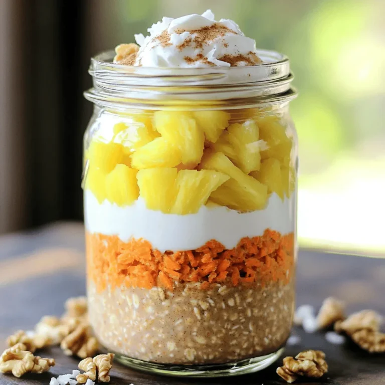 - 1 cup rolled oats - 1 ½ cups almond milk (or any milk of your choice) - 1 medium carrot, finely grated - 1 tablespoon chia seeds - 1 tablespoon maple syrup (or honey) - ½ teaspoon ground cinnamon - ¼ teaspoon nutmeg - ¼ cup crushed pineapple, drained - 2 tablespoons raisins - 2 tablespoons chopped walnuts (optional) - Pinch of salt - Greek yogurt for topping (optional) - Shredded coconut for garnish (optional) To make carrot cake overnight oats, gather the ingredients. Rolled oats serve as the base, giving a hearty texture. Almond milk adds creaminess, but you can use any milk. The finely grated carrot brings sweetness and color. Chia seeds help thicken the mix and add nutrients. Maple syrup sweetens it, but honey works too. Ground cinnamon and nutmeg lend warmth and spice. Crushed pineapple gives a nice tang and moisture. Raisins add chewiness, while walnuts add crunch if you choose to include them. A pinch of salt balances the sweetness. Greek yogurt and shredded coconut are great toppings for added flavor and texture. This mix is simple yet full of flavor. You can find the full recipe in the article. It’s a great way to enjoy breakfast that tastes like dessert! 1. Combine the rolled oats and almond milk in a mixing bowl. This is where the magic starts. The oats soak up the milk and become soft. 2. Add grated carrot, chia seeds, and sweetener. The carrot adds a nice flavor and texture. The chia seeds bring a boost of nutrition. 3. Incorporate spices and remaining ingredients. Mix in cinnamon, nutmeg, crushed pineapple, raisins, and walnuts. These ingredients make your oats taste like carrot cake. 4. Divide mixture into jars or containers. This helps with easy serving. You can use any jar you have at home. 5. Seal and refrigerate overnight or for at least 6 hours. This gives the oats time to soak. The longer they sit, the better they taste. 6. Stir and check consistency in the morning. If the oats are too thick, just add a splash of almond milk. This will make them creamy. 7. Top with yogurt and garnishes before serving. A dollop of Greek yogurt and some shredded coconut look great. Enjoy your tasty, carrot cake-flavored breakfast! For the full recipe, check the [Full Recipe]. To make your carrot cake overnight oats sing, use fresh, finely grated carrot. This brings a sweet, earthy taste that makes each bite special. Also, you can adjust the sweetness to fit your taste. If you like it sweeter, add more maple syrup or honey. For a fun twist, add extra toppings like nuts and fruits. Chopped walnuts or sliced bananas add crunch and flavor. I recommend using Greek yogurt on top for a creamy finish. It makes the oats rich and satisfying. Feel free to experiment with different types of milk. Almond, oat, or coconut milk all work well. You can also add more spices or sweeteners. A dash of ginger or a scoop of maple syrup can take your oats to the next level. {{image_2}} You can make small changes to keep your oats healthy. Try swapping maple syrup for agave syrup. This gives you a lower glycemic index option. You can also use unsweetened coconut yogurt instead of regular yogurt. This choice cuts down on calories and adds a nice flavor. Get creative with your carrot cake overnight oats by adding other fruits. Sliced banana or chopped apple works great. You can also spice things up with ginger or cardamom. These spices will bring out the flavors and make your breakfast even more exciting. Want to keep your meal plant-based? Make sure all your toppings are vegan. You can substitute dairy yogurt with coconut or almond yogurt. This makes your dish creamy while staying true to vegan principles. You still get the great taste without any animal products. If you want to check out the full recipe, you can find it above. Enjoy the fun of making these variations to fit your taste! To keep your carrot cake overnight oats fresh, use airtight containers. This step helps keep the oats moist. I recommend eating them within 3-5 days for the best taste. If you wait too long, the flavor might change. You want that sweet, spiced flavor to shine! Can carrot cake overnight oats be frozen? Yes, you can freeze them! This option is great for meal prep. To freeze, place the oats in airtight containers. Make sure to leave some space for expansion. How to defrost and reheat properly? Simply take them out of the freezer and place them in the fridge overnight. If you need them faster, microwave them for 1-2 minutes. Add a splash of almond milk to help with consistency. Enjoy your meal any time! Overnight oats pack a punch of nutrition. They are high in fiber, which helps with digestion. This means you feel full longer, making them a great choice for breakfast. The oats also provide whole grains, which are good for your heart. With the added carrots and chia seeds, you get vitamins and healthy fats too. They are easy to make, so they fit well into a busy schedule. You can prep them in advance, saving time in the morning. Yes, you can make carrot cake overnight oats in advance. I recommend prepping them the night before. This way, they are ready to grab in the morning. For the best taste, keep them in the fridge for up to five days. Store them in airtight containers to keep them fresh. Just remember, the longer they sit, the softer the oats will become. You can use quick oats, but they change the texture. Quick oats cook faster and absorb liquid more. This might make your oats mushy instead of creamy. Rolled oats give a chewier texture, which is nice in overnight oats. If you prefer quick oats, reduce the soaking time to avoid too much mush. Carrot cake overnight oats combine taste and nutrition. You mix oats, milk, carrots, and spices to create a healthy meal. Refrigerate overnight for an easy breakfast. Customize with fresh fruits, nuts, or yogurt as you like. This dish is fun to make and offers many choices. Store in airtight containers to keep them fresh. Enjoy your easy, tasty start to the day!