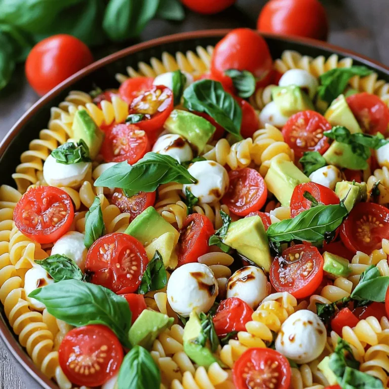 To make the Easy Caprese Pasta Salad, you need fresh and vibrant ingredients. Here’s what you’ll need: - 8 oz. rotini or any pasta of your choice - 1 cup cherry tomatoes, halved - 1 cup fresh mozzarella balls, halved - 1 avocado, diced - ¼ cup fresh basil leaves, chopped - 3 tablespoons olive oil - 2 tablespoons balsamic vinegar - Salt and pepper to taste - Optional: 1 teaspoon garlic powder Each ingredient plays an important role. The rotini pasta gives a nice twist and holds the dressing well. Cherry tomatoes add sweetness and color. Fresh mozzarella brings creaminess and a touch of richness. Avocado gives a creamy texture and healthy fats. Basil adds a lovely herb flavor that brightens the dish. The olive oil and balsamic vinegar create a simple, tangy dressing. Salt and pepper enhance all the flavors. If you want a little kick, add garlic powder. You can find the full recipe for this delightful dish, which includes helpful cooking steps and tips. Enjoy selecting your ingredients, and remember, fresh is always best! To cook the pasta perfectly, boil water in a large pot. Use about four quarts of water for every eight ounces of pasta. Add a generous amount of salt to the boiling water. This helps flavor the pasta. Cook the pasta according to the package instructions until it's al dente. This means it should still be firm when you bite into it. After cooking, drain the pasta in a colander. Rinse it under cold water. This stops the cooking process and cools the pasta down quickly. In a large mixing bowl, combine the cooled pasta, cherry tomatoes, mozzarella balls, diced avocado, and chopped basil. This mix brings together fresh, vibrant flavors. Each ingredient adds a unique taste and texture. Next, prepare the dressing in a separate small bowl. Whisk together the olive oil, balsamic vinegar, salt, pepper, and garlic powder if you chose to use it. Make sure everything is well blended. This dressing elevates the salad with a delicious zing. Drizzle the dressing over the pasta salad. Gently toss the mixture to ensure every piece is coated. This makes each bite flavorful and fresh. Now, adjust the seasoning to your taste. Add more salt, pepper, or balsamic vinegar if needed. Taste it and make sure it suits your preference. For the best flavor, refrigerate the salad for at least 30 minutes before serving. This allows the flavors to meld beautifully. Enjoy the delightful and fresh taste of your Easy Caprese Pasta Salad! For the complete process, check out the Full Recipe. To make your Caprese pasta salad shine, start with fresh ingredients. Fresh tomatoes and mozzarella add vibrant taste. Salt and pepper elevate the dish. You can also add garlic powder for a nice kick. If you want a zestier flavor, increase the balsamic vinegar. You can tweak the dressing until it suits your taste buds. Remember, tasting is key! For a stunning presentation, use a large salad bowl. Garnish with whole basil leaves and cherry tomatoes. This adds a pop of color and freshness. Serve with crusty bread or grilled chicken for a complete meal. This salad pairs well with white wine or sparkling water. Enjoy it as a light lunch or a side for dinner. For the full recipe, check out the detailed steps provided. {{image_2}} You can switch up the pasta type for fun. Try penne, fusilli, or even whole wheat pasta. Each type brings a unique twist to your dish. If you want to add more crunch, toss in bell peppers or cucumbers. Fresh herbs like parsley or oregano can also add great flavor. To make this salad vegan, swap mozzarella for vegan cheese. You can also use extra avocado or nuts for creaminess. For a gluten-free option, choose gluten-free pasta. If you want more protein, add grilled chicken or canned chickpeas. These adjustments make the salad hearty and satisfying. Want the full recipe? Check out the [Full Recipe]. To keep your Easy Caprese Pasta Salad fresh, store leftovers in an airtight container. This helps to keep moisture in while keeping air out. I recommend using glass containers. They do not absorb odors and are safe for the fridge. If you're using plastic, choose BPA-free options. Your salad will stay fresh in the fridge for up to three days. After that, the taste and texture may change. Look for signs that the salad has gone bad. If you see any mold or notice a sour smell, it is best to toss it out. Always trust your senses when it comes to food safety. Yes, you can make this salad ahead of time. It tastes even better after the flavors mix. I recommend making it a few hours before serving. Just keep it in the fridge. It stays fresh for about 24 hours. To stop the avocado from browning, sprinkle it with lemon juice. The acid helps keep its bright green color. You can also mix the diced avocado in right before serving. This way, it stays fresh and pretty. The best pasta for Caprese salad is rotini or any short pasta. Rotini holds the dressing well and adds fun texture. You can also try penne or farfalle. They all work great and taste delicious in the salad. For the full recipe, check out the [Full Recipe]. This salad combines fresh ingredients for a light meal. You learned how to cook pasta perfectly and mix it with other tasty elements. We explored tips to enhance flavors and make the dish your own. I shared variations for dietary needs and advice on storing leftovers. Ultimately, this salad is simple and fun to enjoy. Make it to impress your friends or family. It's a fresh addition to any table. Happy cooking!