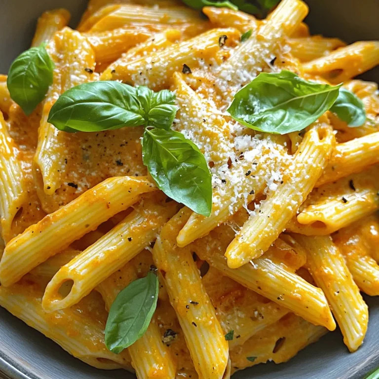 For creamy roasted red pepper pasta, you need: - 12 oz pasta (penne or fusilli) - 2 large red bell peppers - 1 cup heavy cream - 1/2 cup grated Parmesan cheese - 2 cloves garlic, minced - 2 tablespoons olive oil - 1 teaspoon dried basil - 1/2 teaspoon red pepper flakes (adjust for spice level) - Salt and pepper to taste - Fresh basil leaves for garnish These ingredients work together to create a rich and flavorful dish. The roasted red peppers give a sweet taste, while the cream adds a smooth texture. If you want to make this dish vegan, you can swap the heavy cream for coconut cream or a cashew cream. Use nutritional yeast instead of Parmesan cheese for a cheesy flavor. For gluten-free pasta, look for pasta made from rice, lentils, or chickpeas. If you want to make more or less pasta, here’s how to adjust the ingredients: - For every 4 oz of pasta, use about 1/3 cup of heavy cream. - For every 1 oz of cheese, use 2 tablespoons of cream. - Adjust the red bell peppers: 1 large pepper equals about 1 cup chopped. This way, you can easily scale the recipe to fit your needs. If you want the full recipe, refer to the top of the article. Start by preheating your oven to 400°F (200°C). This heat helps the peppers roast well. Place the two red bell peppers on a baking sheet. Drizzle with olive oil for flavor and moisture. Roast them for 25-30 minutes. You want the skins to char and blister. When done, take them out and let them cool. Once cool, peel off the charred skin and remove the seeds. Chop the flesh into small pieces. This step gives your pasta its rich flavor. While the peppers roast, bring a pot of water to a boil. Add salt to the water, which helps flavor the pasta. Add 12 oz of pasta, like penne or fusilli. Cook it according to the package instructions until it's al dente. This means it should be firm but not hard. Drain the pasta and save about 1 cup of the pasta water. This water helps create a creamy sauce later. Now, it’s time to make the sauce. In a blender, add the roasted red peppers, 1 cup of heavy cream, 2 cloves of minced garlic, and 1 teaspoon of dried basil. For a bit of heat, include 1/2 teaspoon of red pepper flakes. Add a pinch of salt too. Blend everything until it's smooth and creamy. In a large skillet, combine the creamy mixture with the drained pasta over medium heat. If the sauce is too thick, add a splash of reserved pasta water. Stir in 1/2 cup of grated Parmesan cheese until it melts. Taste and adjust with more salt and pepper if needed. Serve your dish hot. Garnish with fresh basil leaves and more Parmesan cheese if you like. For the full details, refer to the Full Recipe. To get the perfect pasta, cook it in a big pot of salted water. Use about a tablespoon of salt per quart. This adds flavor to your pasta. Cook it until it's al dente, which means it should still have a little bite. After draining, don't rinse your pasta. This keeps the starch that helps the sauce stick. If you like more heat, add extra red pepper flakes. Start with a pinch and taste. You can always add more later. If it's too spicy, balance it with more cream or cheese. The goal is to make it just right for your taste. For a smooth sauce, blend the roasted peppers well. Add the heavy cream slowly while blending. If the sauce is too thick, use some reserved pasta water to thin it. This water has starch that helps the sauce cling to the pasta. Don't forget to stir in the Parmesan cheese at the end. It adds creaminess and flavor. For the complete recipe, check out the Full Recipe. {{image_2}} You can make this dish vegetarian by using vegetable broth instead of chicken broth. Swap out the Parmesan for a plant-based cheese. You can also add veggies like spinach or mushrooms for extra flavor. They will add texture and nutrients. For a heartier meal, consider adding chicken or shrimp. Cook the protein separately and add it to the pasta after mixing in the sauce. Grilled chicken breast or sautéed shrimp both work well. They soak up the creamy flavors nicely. If you need a gluten-free option, use gluten-free pasta. Brands like brown rice or chickpea pasta are great choices. They cook similarly and absorb the sauce well. Just remember to adjust cooking times as needed for different pasta types. You can find the full recipe for this dish here: [Full Recipe]. To store leftovers, let the pasta cool first. Use an airtight container. This keeps the flavors fresh. Place in the fridge for up to three days. If you want to keep it longer, freeze it. When reheating, add a splash of water or cream. This helps restore the creamy texture. Warm it slowly on the stove over low heat. Stir often to avoid burning. You can also use the microwave, but watch it closely. You can freeze the roasted red pepper sauce. Let it cool, then pour it into freezer bags. Flatten the bags to save space. It will last up to three months. When ready to use, thaw it overnight in the fridge before reheating. Yes, you can use many types of pasta. Options like spaghetti, fettuccine, or even gluten-free pasta work well. The key is to choose a shape that holds sauce nicely. Try different types to find your favorite! You can make the sauce cream-free by using cashews or silken tofu. Blend soaked cashews or tofu with roasted peppers and a little vegetable broth. This gives a creamy texture while keeping it dairy-free. Adjust seasonings to taste. This dish pairs well with a fresh salad or garlic bread. You can also serve it with grilled vegetables or a light protein, like chicken or shrimp. These sides enhance the meal and make it more filling. For more ideas, check the Full Recipe. This blog post covered all you need for creamy roasted red pepper pasta. I shared ingredient lists, cooking steps, and tips for the best results. You can explore variations for diets and learn how to store leftovers. Remember, cooking is about having fun and trying new things. Your creations can be as unique as you are. Enjoy each bite and keep experimenting in the kitchen!
