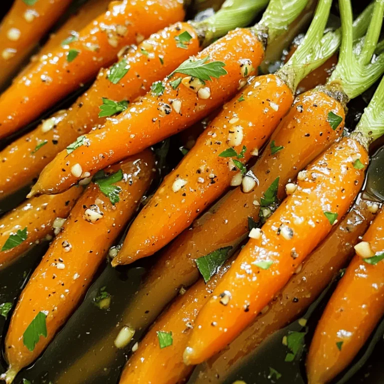 To make these tasty honey garlic glazed carrots, you will need: - 1 lb baby carrots (or chopped regular carrots) - 3 tablespoons honey - 2 tablespoons unsalted butter - 2 cloves garlic, minced - 1 tablespoon fresh ginger, grated - Salt and pepper to taste - 2 tablespoons chopped fresh parsley (for garnish) When choosing carrots, fresh is best. Look for firm, bright orange baby carrots. If using regular carrots, pick ones that are smooth and free of blemishes. The honey adds sweetness, while the garlic and ginger bring depth. For a richer flavor, use high-quality unsalted butter. This way, you control the salt level in your dish. For extra flavor, consider adding a splash of soy sauce or a pinch of red pepper flakes. These can give your dish a savory boost. You might also enjoy adding a squeeze of lemon juice for brightness. Another fun option is to mix in some chopped nuts, like walnuts or pecans, for crunch. Each of these additions can elevate your honey garlic glazed carrots even more. For the full recipe, check out the details above. To make honey garlic glazed carrots, start by preparing your carrots. If using regular carrots, wash and peel them first. If you have baby carrots, just rinse them well. Next, grab a large skillet and melt the butter over medium heat. Watch for it to foam, which means it's ready. Add the minced garlic and grated ginger. Sauté these for 1-2 minutes, until they smell amazing, but don’t let them brown. Now, mix in the honey. Stir it well with the garlic and ginger. This will create a lovely glaze. Then, add your carrots to the skillet. Toss them in the honey garlic mixture so they get coated evenly. Season with salt and pepper. Turn the heat down to low and cover the skillet. Let the carrots cook for about 10-15 minutes. Stir them every few minutes until they are tender. Once they are soft, take off the lid. Increase the heat back to medium. Sauté for an extra 2-3 minutes to let the glaze get a bit sticky. Finally, remove the skillet from heat. Transfer the glazed carrots to a serving dish. Don’t forget to garnish with fresh parsley for a bright touch. Using fresh ingredients makes a big difference. Choose fresh carrots and garlic for more flavor. If you find the glaze too thick, add a splash of water to loosen it up. When sautéing garlic, keep an eye on it. Burnt garlic can make the dish taste bitter. If you prefer a sweeter flavor, add a bit more honey. Always taste as you go to adjust flavors to your liking. - Prep Time: 10 minutes - Cooking Time: 15 minutes - Total Time: 25 minutes This means you can whip up a delicious side in no time! For the full recipe, check out the details above. To make the glaze perfect, keep an eye on the heat. Start with medium heat to melt the butter. Then, add garlic and ginger carefully. Sauté just until you smell the aroma. This step is key for flavor. After adding honey, mix well to coat all the carrots. Keep stirring gently so nothing sticks or burns. As you finish, raise the heat to caramelize the glaze. This gives a rich, shiny coating. Don’t rush the cooking time. If the carrots are not tender, your glaze won’t stick. Make sure to cover the skillet at low heat. This helps the carrots cook evenly. Another mistake is not tasting your glaze. Always check the flavor before serving. If it’s too sweet, add a pinch of salt. If it’s bland, a dash of pepper can make a difference. For extra flavor, try adding lemon juice or zest. This brightens the dish and balances the sweetness. You can also use herbs like thyme or rosemary. They add a nice earthy tone. Honey garlic glazed carrots pair well with roasted meats. Think chicken or pork for a great meal. You can also serve them with grains like quinoa or rice. These side dishes complement the sweet glaze perfectly. For more ideas, check the Full Recipe. {{image_2}} You can make changes to the recipe based on what you have at home. Here are some easy swaps: - For a deeper flavor, try using maple syrup instead of honey. - Use olive oil instead of butter for a dairy-free option. - If you don’t have fresh ginger, ground ginger works too. Just use less, about half a teaspoon. This dish can fit many diets. To make it vegan, replace honey with agave syrup. Use coconut oil instead of butter for a plant-based fat. For gluten-free eaters, this recipe is safe as it uses no gluten-containing products. Get creative with your carrots! Here are some fun ideas to try: - Add a pinch of red pepper flakes for a spicy kick. - Toss in some sliced bell peppers for color and crunch. - Top with toasted sesame seeds for extra texture and flavor. - Mix in some chopped nuts, like walnuts or pecans, for a nutty twist. Feel free to explore these options. Each variation can make your honey garlic glazed carrots unique and tasty. For the full recipe, check the details above. After enjoying your honey garlic glazed carrots, cool them down. Place them in an airtight container. Store it in the fridge. They will stay fresh for up to four days. If you plan to eat them later, make sure they are fully cooled before sealing. To reheat, you have a few options. The best way is to use a skillet. Heat a little butter or oil over low heat. Add the carrots and stir until they are warm. This keeps the glaze nice. You can also use the microwave. Just place the carrots in a bowl and cover them. Heat for about one to two minutes, stirring halfway through. If you want to save some for later, freezing works great. First, let the carrots cool completely. Then, place them in a freezer-safe bag or container. Remove as much air as possible. These can last up to three months in the freezer. When you’re ready to eat, thaw them overnight in the fridge. Then, reheat using one of the methods above. This way, you can enjoy this tasty side any time. For the full recipe, check out the details above. Honey garlic glazed carrots can last up to five days in the fridge. Be sure to store them in an airtight container. This keeps them fresh and tasty. When ready to eat, just reheat them on the stove or in the microwave. Yes, you can use regular carrots! Just chop them into bite-sized pieces. Baby carrots are great for quick prep. Regular carrots offer a richer flavor. Either way, you will enjoy this dish. Honey garlic glazed carrots pair well with many dishes. They complement roasted chicken or grilled salmon nicely. You can also serve them with rice or quinoa for a balanced meal. Their sweet and savory notes work well with many flavors. In this blog post, we explored how to make honey garlic glazed carrots. We covered the ingredients, cooking steps, and useful tips. I shared ways to enhance flavor and avoid mistakes. You can also find storage tips and variations for dietary needs. These carrots make a sweet and savory side dish. With these keys, you can impress friends and family. Happy cooking, and enjoy your tasty creation!