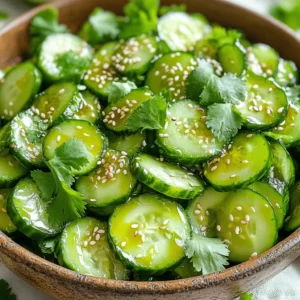 - 2 large cucumbers - 1 teaspoon salt - 2 tablespoons rice vinegar - 1 tablespoon sesame oil - 1 tablespoon soy sauce - 1 tablespoon honey or maple syrup - 1 teaspoon grated ginger - 2 cloves garlic, minced - 1 tablespoon sesame seeds - Fresh cilantro or mint leaves for garnish - Additional herbs (e.g., dill or parsley) - Chili flakes for heat - Alternative sweeteners (e.g., agave syrup) In Smashed Cucumber Salad, fresh cucumbers shine. They add crunch and flavor. You need two large cucumbers for this dish. The salt helps draw out water, keeping them crisp. Rice vinegar adds a tangy kick, while sesame oil gives depth. Soy sauce offers umami, and honey or maple syrup balances the flavors. Ginger and garlic add zest. Sesame seeds sprinkle on top for crunch. You can garnish with fresh herbs like cilantro or mint. For extra flavor, consider adding herbs like dill or parsley. If you like heat, chili flakes work well. You can switch sweeteners too, using agave syrup if preferred. This salad is fresh and bright. Each bite bursts with flavor. You can prepare it quickly, and it is perfect for any meal. For the full recipe, check the detailed instructions. First, rinse the cucumbers under cool water. This removes dirt and helps them stay fresh. Next, slice each cucumber in half lengthwise. This step is key for smashing. Now, it’s time to smash the cucumbers. Use the flat side of a knife or a rolling pin. Gently hit each cucumber half. You want to crack it open but not turn it mushy. After smashing, cut them into bite-sized pieces. Place these pieces in a mixing bowl. Sprinkle one teaspoon of salt over the cucumbers. Let them sit for about ten minutes. This draws out extra moisture and enhances the flavor. While the cucumbers rest, prepare the dressing. In a separate bowl, whisk together the following: - 2 tablespoons rice vinegar - 1 tablespoon sesame oil - 1 tablespoon soy sauce - 1 tablespoon honey or maple syrup - 1 teaspoon grated ginger - 2 cloves garlic, minced Make sure all the ingredients blend well. This dressing brings a burst of flavor to the salad. After ten minutes, drain any liquid from the cucumbers. Pour the dressing over the cucumbers and toss gently. Make sure each piece is coated evenly. Let the salad marinate in the fridge for at least ten minutes. This time allows the flavors to blend beautifully. Just before serving, sprinkle sesame seeds on top. Garnish with fresh cilantro or mint leaves for a pop of color. Enjoy this fresh and flavorful delight! For a complete guide, refer to the Full Recipe. To get that perfect texture with cucumbers, you need to smash them just right. Use the flat side of a knife or a rolling pin. This method breaks open the cucumber without making it mushy. It’s all about the gentle pressure. You want to crack the skin and create crevices for the dressing to soak in. Remember to smash evenly, so every piece has that great flavor. Want to boost the flavor of your salad? Consider adding a splash of hot sauce for some heat. You can also mix in fresh herbs, like dill or parsley, for a fresh taste. A little squeeze of lime can add a zesty kick. Experiment with these flavors to find your favorite combination. You can really make this salad your own with just a few tweaks. Serve your Smashed Cucumber Salad in a large bowl, and let it shine! It pairs well with grilled meats or as a side for Asian dishes. You can also place it on a bed of greens for a colorful presentation. For a fun twist, use it as a topping on tacos or as a filling in rice paper rolls. Enjoy the crunch and the vibrant flavors this salad brings! Check out the Full Recipe to explore more. {{image_2}} You can change the flavor of your smashed cucumber salad with different dressings. Instead of the usual dressing, try a peanut sauce. This adds a rich and nutty taste. You can make it by mixing peanut butter, soy sauce, and lime juice. Another option is a yogurt dressing. Just mix plain yogurt with garlic, lemon, and herbs. This gives a fresh and creamy twist to the salad. Want to make your salad heartier? Add protein! Tofu works well for a vegetarian option. Just cube it and toss it in. Shrimp is another great choice. It cooks quickly and adds a nice taste. If you prefer chicken, grill or roast it first, then slice it thinly. All these proteins blend well with the flavors of the salad. You can also switch things up with seasonal vegetables and herbs. In summer, add ripe tomatoes or bell peppers for extra color. In fall, try adding diced apples or nuts for crunch. Fresh herbs like dill or basil can brighten the salad. Using what’s in season makes the dish taste even better. It keeps your smashed cucumber salad fresh and exciting throughout the year. For the full recipe, check out the detailed instructions. To keep your Smashed Cucumber Salad fresh, use a clean glass or plastic container. Make sure it has a tight lid. This helps prevent air exposure. Before sealing, remove excess moisture from the salad. Store it in the fridge, where it can stay cool. This keeps the cucumbers crunchy and the flavors bright. You can store the salad in the fridge for up to three days. After that, the cucumbers may get too soft. I recommend enjoying it fresh for the best taste. If you find leftovers, check for any changes in color or texture before eating. Smashed Cucumber Salad is best served cold. If you made it ahead, just give it a gentle stir. If it seems dry, add a splash of rice vinegar or sesame oil. This refreshes the flavors. You can also add more herbs for an extra boost. Enjoy your salad at its best! Yes, you can make Smashed Cucumber Salad ahead of time. To keep it fresh, follow these tips: - Prepare the cucumbers and smash them. - Mix the dressing separately. - Combine everything just before serving. This keeps the cucumbers crunchy. - Store any leftovers in an airtight container in the fridge for up to two days. Cucumbers are low in calories and high in water. Here are some key benefits: - They hydrate your body. - Cucumbers are rich in vitamins A and C. - They contain antioxidants that help fight free radicals. - They support digestion due to their fiber content. Smashed Cucumber Salad pairs well with many dishes. Here are some great options: - Grilled chicken or shrimp adds protein. - Serve it alongside rice or quinoa for a complete meal. - A bowl of noodles can complement the salad nicely. - It also works well with spicy dishes, balancing the heat. To keep cucumbers crunchy, try these techniques: - Sprinkle salt on the cucumbers early. This helps draw out excess water. - Drain the liquid after letting them sit. - Use firm cucumbers, as they hold up better. - Keep the salad cold before serving to maintain its texture. This blog post covered how to make a tasty smashed cucumber salad. We explored the simple ingredients and the easy steps to prepare it. I provided tips for enhancing flavors and ways to store your salad. Think about trying different dressings or proteins to switch things up. Enjoy experimenting with this salad. It's fresh, healthy, and super easy to make. You will impress your friends and family with this dish. Happy cooking!