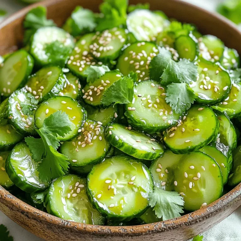 - 2 large cucumbers - 1 teaspoon salt - 2 tablespoons rice vinegar - 1 tablespoon sesame oil - 1 tablespoon soy sauce - 1 tablespoon honey or maple syrup - 1 teaspoon grated ginger - 2 cloves garlic, minced - 1 tablespoon sesame seeds - Fresh cilantro or mint leaves for garnish - Additional herbs (e.g., dill or parsley) - Chili flakes for heat - Alternative sweeteners (e.g., agave syrup) In Smashed Cucumber Salad, fresh cucumbers shine. They add crunch and flavor. You need two large cucumbers for this dish. The salt helps draw out water, keeping them crisp. Rice vinegar adds a tangy kick, while sesame oil gives depth. Soy sauce offers umami, and honey or maple syrup balances the flavors. Ginger and garlic add zest. Sesame seeds sprinkle on top for crunch. You can garnish with fresh herbs like cilantro or mint. For extra flavor, consider adding herbs like dill or parsley. If you like heat, chili flakes work well. You can switch sweeteners too, using agave syrup if preferred. This salad is fresh and bright. Each bite bursts with flavor. You can prepare it quickly, and it is perfect for any meal. For the full recipe, check the detailed instructions. First, rinse the cucumbers under cool water. This removes dirt and helps them stay fresh. Next, slice each cucumber in half lengthwise. This step is key for smashing. Now, it’s time to smash the cucumbers. Use the flat side of a knife or a rolling pin. Gently hit each cucumber half. You want to crack it open but not turn it mushy. After smashing, cut them into bite-sized pieces. Place these pieces in a mixing bowl. Sprinkle one teaspoon of salt over the cucumbers. Let them sit for about ten minutes. This draws out extra moisture and enhances the flavor. While the cucumbers rest, prepare the dressing. In a separate bowl, whisk together the following: - 2 tablespoons rice vinegar - 1 tablespoon sesame oil - 1 tablespoon soy sauce - 1 tablespoon honey or maple syrup - 1 teaspoon grated ginger - 2 cloves garlic, minced Make sure all the ingredients blend well. This dressing brings a burst of flavor to the salad. After ten minutes, drain any liquid from the cucumbers. Pour the dressing over the cucumbers and toss gently. Make sure each piece is coated evenly. Let the salad marinate in the fridge for at least ten minutes. This time allows the flavors to blend beautifully. Just before serving, sprinkle sesame seeds on top. Garnish with fresh cilantro or mint leaves for a pop of color. Enjoy this fresh and flavorful delight! For a complete guide, refer to the Full Recipe. To get that perfect texture with cucumbers, you need to smash them just right. Use the flat side of a knife or a rolling pin. This method breaks open the cucumber without making it mushy. It’s all about the gentle pressure. You want to crack the skin and create crevices for the dressing to soak in. Remember to smash evenly, so every piece has that great flavor. Want to boost the flavor of your salad? Consider adding a splash of hot sauce for some heat. You can also mix in fresh herbs, like dill or parsley, for a fresh taste. A little squeeze of lime can add a zesty kick. Experiment with these flavors to find your favorite combination. You can really make this salad your own with just a few tweaks. Serve your Smashed Cucumber Salad in a large bowl, and let it shine! It pairs well with grilled meats or as a side for Asian dishes. You can also place it on a bed of greens for a colorful presentation. For a fun twist, use it as a topping on tacos or as a filling in rice paper rolls. Enjoy the crunch and the vibrant flavors this salad brings! Check out the Full Recipe to explore more. {{image_2}} You can change the flavor of your smashed cucumber salad with different dressings. Instead of the usual dressing, try a peanut sauce. This adds a rich and nutty taste. You can make it by mixing peanut butter, soy sauce, and lime juice. Another option is a yogurt dressing. Just mix plain yogurt with garlic, lemon, and herbs. This gives a fresh and creamy twist to the salad. Want to make your salad heartier? Add protein! Tofu works well for a vegetarian option. Just cube it and toss it in. Shrimp is another great choice. It cooks quickly and adds a nice taste. If you prefer chicken, grill or roast it first, then slice it thinly. All these proteins blend well with the flavors of the salad. You can also switch things up with seasonal vegetables and herbs. In summer, add ripe tomatoes or bell peppers for extra color. In fall, try adding diced apples or nuts for crunch. Fresh herbs like dill or basil can brighten the salad. Using what’s in season makes the dish taste even better. It keeps your smashed cucumber salad fresh and exciting throughout the year. For the full recipe, check out the detailed instructions. To keep your Smashed Cucumber Salad fresh, use a clean glass or plastic container. Make sure it has a tight lid. This helps prevent air exposure. Before sealing, remove excess moisture from the salad. Store it in the fridge, where it can stay cool. This keeps the cucumbers crunchy and the flavors bright. You can store the salad in the fridge for up to three days. After that, the cucumbers may get too soft. I recommend enjoying it fresh for the best taste. If you find leftovers, check for any changes in color or texture before eating. Smashed Cucumber Salad is best served cold. If you made it ahead, just give it a gentle stir. If it seems dry, add a splash of rice vinegar or sesame oil. This refreshes the flavors. You can also add more herbs for an extra boost. Enjoy your salad at its best! Yes, you can make Smashed Cucumber Salad ahead of time. To keep it fresh, follow these tips: - Prepare the cucumbers and smash them. - Mix the dressing separately. - Combine everything just before serving. This keeps the cucumbers crunchy. - Store any leftovers in an airtight container in the fridge for up to two days. Cucumbers are low in calories and high in water. Here are some key benefits: - They hydrate your body. - Cucumbers are rich in vitamins A and C. - They contain antioxidants that help fight free radicals. - They support digestion due to their fiber content. Smashed Cucumber Salad pairs well with many dishes. Here are some great options: - Grilled chicken or shrimp adds protein. - Serve it alongside rice or quinoa for a complete meal. - A bowl of noodles can complement the salad nicely. - It also works well with spicy dishes, balancing the heat. To keep cucumbers crunchy, try these techniques: - Sprinkle salt on the cucumbers early. This helps draw out excess water. - Drain the liquid after letting them sit. - Use firm cucumbers, as they hold up better. - Keep the salad cold before serving to maintain its texture. This blog post covered how to make a tasty smashed cucumber salad. We explored the simple ingredients and the easy steps to prepare it. I provided tips for enhancing flavors and ways to store your salad. Think about trying different dressings or proteins to switch things up. Enjoy experimenting with this salad. It's fresh, healthy, and super easy to make. You will impress your friends and family with this dish. Happy cooking!