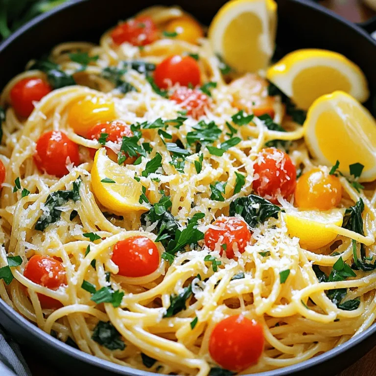 - 12 ounces spaghetti or linguine - 4 cups vegetable broth - 6 cloves fresh garlic, minced - Zest of 1 lemon - Juice of 2 lemons These are the stars of your dish. Spaghetti or linguine provides a great base. The vegetable broth adds depth and flavor. Fresh garlic gives a punchy taste, while lemon brightens the entire dish. - 1 cup cherry tomatoes, halved - 1 cup fresh spinach - 1/2 cup grated Parmesan cheese or nutritional yeast You can add cherry tomatoes for sweetness. Fresh spinach adds color and nutrients. Parmesan cheese or nutritional yeast gives a creamy finish. Feel free to mix and match these options! - 1 tablespoon olive oil - 1 teaspoon red pepper flakes - Salt and black pepper to taste - Fresh parsley, chopped (for garnish) Olive oil helps sauté the garlic. Red pepper flakes bring heat, while salt and pepper enhance flavor. Fresh parsley adds a lovely touch on top. Each ingredient plays a role in making this dish special. For the full recipe, check out the One-Pot Lemon Garlic Pasta 🧄. To start, heat 1 tablespoon of olive oil in a large pot over medium heat. Once hot, add 6 cloves of minced garlic and 1 teaspoon of red pepper flakes. Sauté these for about 1-2 minutes. Be careful not to burn the garlic; we want it fragrant, not bitter. Next, pour in 4 cups of vegetable broth. Add the zest of 1 lemon and the juice of 2 lemons to the pot. Stir well to combine all the flavors. Bring the mixture to a boil. Once boiling, add 12 ounces of spaghetti or linguine. Make sure the pasta is fully submerged in the broth. Reduce the heat to a simmer. Cook the pasta for about 10-12 minutes. Stir occasionally to keep it from sticking. You want it to be al dente, just firm enough to have a nice bite. After the pasta is cooked, stir in 1 cup of halved cherry tomatoes and 1 cup of fresh spinach. Cook for an additional 2-3 minutes. The spinach should wilt, and the tomatoes should soften a bit. Remove the pot from heat and stir in 1/2 cup of grated Parmesan cheese. This makes the dish creamy and rich. Season with salt and black pepper to taste. Let it sit for a couple of minutes before serving. This helps the sauce thicken slightly. For extra flair, plate the pasta in shallow bowls and garnish with fresh parsley. Enjoy your One-Pot Lemon Garlic Pasta! For the full recipe, check back to the ingredients section! To make this dish truly yours, adjust the seasoning to match your taste. Start with salt and pepper. If you like heat, add more red pepper flakes. Don't forget fresh herbs! They bring a bright taste. Try adding basil or oregano. Just chop them up and stir them in at the end. Fresh herbs enhance the flavor. Cooking pasta evenly is key. Stir it often while it cooks. This helps it absorb the broth well. Keep an eye on the garlic. It can burn quickly. Sauté it until it's just golden. If it burns, the taste will be bitter. When serving, use shallow bowls. This makes the dish look inviting. Garnish each plate with fresh parsley. A sprinkle of Parmesan cheese adds a nice touch. Choose bright dishware to contrast with the pasta's colors. It makes the meal pop visually. For a fun twist, serve with a lemon wedge on the side. This adds a fun flair to your table. Remember, you can find the full recipe for One-Pot Lemon Garlic Pasta above. Enjoy your cooking! {{image_2}} You can add cooked chicken or shrimp to this dish. Cooked chicken adds a nice texture and taste. Simply stir it in after cooking the pasta. Shrimp cooks fast, so add it right before the pasta is done. This way, it stays tender and juicy. If you want a vegetarian option, you can skip the meat. Instead, add more veggies like mushrooms or bell peppers. They give the dish flavor and color. You can change the pasta type to fit your diet. Gluten-free options work well here. Whole wheat pasta is another choice. It adds fiber and a nutty taste. You can also swap the vegetables based on what you have. Broccoli, zucchini, or peas all fit nicely into this dish. Use what’s fresh to make it your own. Want to switch up the flavors? Try using different citrus fruits. Lime or orange zest can add a fun twist. They bring a sweet and sour taste that brightens the dish. You might also consider adding nuts. Pine nuts or walnuts add a crunchy bite. Just toast them lightly before mixing them in. This adds a new layer of texture to your meal. For the full recipe, check out the One-Pot Lemon Garlic Pasta 🧄. After cooking, let the One-Pot Lemon Garlic Pasta cool. Place leftovers in airtight containers. This keeps the pasta fresh and tasty. You can store it in the fridge for up to three days. To freeze the pasta, let it cool completely. Then, place it in freezer-safe bags. Remove as much air as possible before sealing. You can store it for up to three months. When ready to eat, thaw the pasta overnight in the fridge. Reheat it in a pot over low heat. Add a splash of broth or water to keep it moist. This recipe is great for meal prep. You can double or triple the recipe for easy meals. Portion the pasta into single servings. Store them in the fridge or freezer. This way, you’ll have a quick meal ready whenever you need it. Yes, you can easily make this dish vegan. Instead of Parmesan cheese, use nutritional yeast. It adds a cheesy flavor without dairy. You can also check the vegetable broth for animal products. Most store-bought vegetable broths are vegan-friendly. This way, you can enjoy the same great taste while keeping it plant-based. To make One-Pot Lemon Garlic Pasta gluten-free, choose gluten-free pasta. Many brands offer gluten-free spaghetti or linguine. Just cook it the same way as regular pasta. Make sure your vegetable broth is also gluten-free. This will help you create a tasty meal that everyone can enjoy. Yes, you can use dry herbs instead of fresh ones. If you choose dry, use less than fresh herbs. A good rule is to use one-third of the amount. This way, you keep the flavor without it being too strong. You can add these herbs when cooking the garlic for the best flavor boost. One-Pot Lemon Garlic Pasta is simple and delicious. You only need a few key ingredients, like pasta and fresh garlic. I shared tips on enhancing flavor and making it your own with proteins or veggies. Remember to store leftovers properly for future meals. Try different variations to keep it exciting. This dish is easy to tailor and perfect for busy days. I hope you enjoy making it as much as I do. Happy cooking!