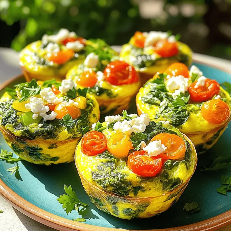 - 6 large eggs - 1 cup fresh spinach, chopped - 1/2 cup cherry tomatoes, halved - 1/2 cup bell pepper, diced (any color) - 1/4 cup onion, finely chopped - 1/4 cup feta cheese, crumbled (optional) - 1 tablespoon olive oil - Salt and pepper to taste - 1/2 teaspoon garlic powder - 1/2 teaspoon dried oregano Each ingredient in these muffins brings a lot of good stuff. Eggs are full of protein and help build strong muscles. Spinach is packed with vitamins A and C, plus iron, which is great for energy. Cherry tomatoes add antioxidants, protecting your cells. Bell peppers provide vitamin C, which helps your body heal. Onions add flavor and may boost heart health. Feta cheese gives a nice taste and some calcium. Olive oil adds healthy fats and helps you absorb nutrients. Garlic powder and oregano bring extra flavor and may support your immune system. You can swap ingredients to fit your taste. Use egg whites instead of whole eggs for fewer calories. For a dairy-free option, try nutritional yeast or a plant-based cheese. If you don’t have fresh spinach, frozen spinach works too. Just make sure to thaw and drain it first. Other veggies like zucchini or mushrooms can replace bell peppers. You can even add spices like cumin or paprika for a twist. The full recipe lets you explore these fun options! Start by preheating your oven to 350°F (175°C). This temperature helps your muffins bake evenly. Next, grease a muffin tin with cooking spray or olive oil. This step prevents the muffins from sticking. In a large bowl, crack the six eggs. Whisk them well until they blend. Add salt, pepper, garlic powder, and dried oregano. Mix these ingredients until combined. Now, heat a tablespoon of olive oil in a skillet over medium heat. Add the chopped onion and diced bell pepper. Sauté them for about 3-4 minutes. You want them soft but not brown. Next, stir in one cup of chopped spinach. Let the spinach wilt for about 1-2 minutes. Remove the skillet from the heat. Add the sautéed veggies and half a cup of halved cherry tomatoes to the egg mixture. If you like, fold in a quarter cup of crumbled feta cheese. This adds a nice flavor. Evenly pour the egg and veggie mix into the muffin tin. Fill each cup about 3/4 full to allow room for rising. Bake the muffins in your preheated oven for 18-20 minutes. Keep an eye on them as they bake. The eggs should set and turn a light golden color. To check for doneness, insert a toothpick into the center of a muffin. If it comes out clean, your muffins are ready. If not, give them a few more minutes. Once cooked, remove the muffin tin from the oven. Let it cool for a few minutes. This step makes it easier to remove the muffins. Gently lift them out and place on a plate. Now, you have delicious and healthy spinach egg muffins! Enjoy them warm, or store them for later. For the full recipe, refer to the [Full Recipe]. You can make your muffins unique with different veggies. Try adding mushrooms or zucchini for more flavor. You can also switch the cheese. Swap feta for cheddar or goat cheese. If you're a spice lover, add a pinch of red pepper flakes for heat. You can even use herbs like basil or thyme to change the taste. These tweaks let you enjoy different flavors each time you make them. Sautéing your veggies before adding them to the eggs brings out their taste. This step softens the onions and bell peppers, making them sweet. You can also roast your tomatoes for a smoky flavor. Adding garlic while you sauté gives a nice aroma and taste. If you want a richer flavor, try using butter instead of olive oil. These small changes make a big difference in how your muffins taste. These muffins taste great with many sides. Serve them with a fresh salad for a light meal. You can also pair them with avocado slices for creaminess. A dollop of salsa on top adds a nice kick. For breakfast, a side of fruit complements the savory muffins well. Try them with a cup of yogurt or a smoothie for a balanced start to your day. You can find the full recipe [here](#). {{image_2}} You can easily make these muffins vegetarian or add meat. For a meat option, try diced ham or cooked bacon. You can mix in turkey sausage for extra protein. If you stick to veggies, load up on more colorful peppers. Zucchini or mushrooms add a nice touch too. Both options taste great and keep your muffins full of flavor. To make these muffins gluten-free, focus on the ingredients. The recipe already uses no flour. Make sure to check that all your add-ins, like cheese or meat, are gluten-free. You can even swap feta for a dairy-free cheese if needed. These simple changes let everyone enjoy your tasty muffins. Get creative with flavors! Fresh herbs like basil, parsley, or thyme can brighten your muffins. If you want cheese, try cheddar or goat cheese for a twist. Spice lovers can add red pepper flakes or smoked paprika. Each combination offers a new taste adventure. Explore different flavors to find your favorite mix. For the full recipe, check the details provided earlier. To keep your healthy spinach egg muffins fresh, let them cool first. Once cool, place them in an airtight container. You can store them in the fridge for up to five days. If you want them to last longer, freezing is a great option. To reheat your muffins, use the microwave or oven. If using a microwave, place one muffin on a plate. Heat it for about 30 seconds. If you prefer the oven, preheat to 350°F (175°C). Place the muffins on a baking sheet and heat for about 10 minutes. This helps keep them moist and tasty. Freezing is simple. Wrap each muffin in plastic wrap. Then, place them in a freezer-safe bag. Label the bag with the date. They will stay good for up to three months. When ready to eat, thaw them in the fridge overnight before reheating. You can enjoy these muffins anytime! For the full recipe, check out the Healthy Spinach Egg Muffins. To make your Healthy Spinach Egg Muffins fluffier, whisk the eggs well. You can also add a splash of milk or cream. This helps to create air bubbles in the eggs. Baking powder is another option. Just a teaspoon can lift the muffins up. Make sure not to overmix your batter. This keeps the muffins light. Yes, you can use frozen spinach. Just thaw it and squeeze out excess water. This prevents your muffins from becoming soggy. Frozen spinach is a great time-saver. It’s also nutrient-rich, just like fresh spinach. However, fresh spinach gives a brighter color and texture. Both options work well, so choose what you prefer. Spinach is full of vitamins and minerals. It contains vitamin K, which helps with bone health. Spinach is also rich in antioxidants. These help fight free radicals in your body. Eggs are a great source of protein. They help build and repair tissues. They also contain choline, which supports brain health. Together, spinach and eggs make a nutritious meal. Enjoy them in your Healthy Spinach Egg Muffins! For the full recipe, check out the section above. These healthy spinach egg muffins are easy to make and full of flavor. We covered the ingredients, their benefits, and tasty substitutions. You learned step-by-step tips for perfect baking and how to check for doneness. We discussed ways to customize your muffins and shared storage tips for freshness. Remember, variations allow you to cater to different diets and preferences. These muffins are not just delicious; they are also nutritious. Enjoy making and sharing them with friends and family!
