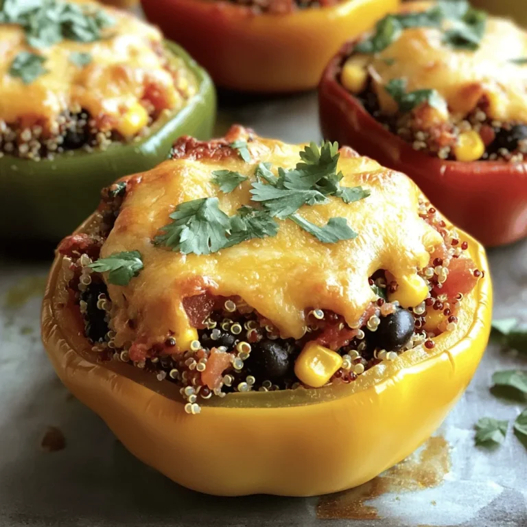 - 12 mini bell peppers (assorted colors) - 1 cup cooked quinoa - 1 cup black beans, rinsed and drained - 1 cup corn (fresh, frozen, or canned) - 1/2 cup diced tomatoes (fresh or canned) - 1 cup shredded cheese (cheddar or pepper jack) The mini bell peppers are the stars here. Their sweet crunch makes a great bite. They come in many colors, adding fun to your dish. Quinoa adds protein and a nice texture. Black beans bring fiber and heartiness. Corn adds sweetness and color, while diced tomatoes add moisture and flavor. Finally, shredded cheese melts into a gooey topping that ties everything together. - 1 teaspoon cumin - 1 teaspoon smoked paprika - 1 teaspoon garlic powder - 1/2 teaspoon onion powder - Salt and pepper to taste Seasonings bring life to your dish. Cumin adds warmth and earthiness. Smoked paprika gives a touch of smokiness. Garlic powder adds depth, while onion powder enhances flavor. Salt and pepper balance everything out. This blend will make your stuffed mini bell peppers burst with flavor. - Fresh cilantro, chopped (for garnish) - 1 tablespoon olive oil Garnishes make your dish pretty and fresh. Fresh cilantro adds a pop of color and brightness. Olive oil adds richness and ties the flavors together. Together, they make your stuffed mini bell peppers look and taste amazing. You can find the full recipe [here]. 1. Preheat the oven to 375°F (190°C). This step gets your oven ready for baking. 2. Cut the tops off the mini bell peppers. Use a sharp knife for a clean cut. 3. Remove the seeds and any white parts inside the peppers. This helps reduce bitterness. 1. In a large mixing bowl, combine the cooked quinoa, black beans, corn, and diced tomatoes. 2. Add half a cup of shredded cheese to the mix. This adds creaminess and flavor. 3. Stir in the cumin, smoked paprika, garlic powder, onion powder, salt, and pepper. Mix well until everything is combined. 4. Drizzle one tablespoon of olive oil over the filling and stir again. This keeps it moist. 1. Carefully fill each mini bell pepper with the quinoa mixture. Press down gently to pack it in. 2. Arrange the stuffed peppers upright in a baking dish. If they tip over, use crumpled aluminum foil to help them stand. 3. Sprinkle the rest of the cheese on top of the stuffed peppers. This will melt into a tasty layer. 4. Cover the dish with aluminum foil. Bake for 20 minutes, then remove the foil. 5. Bake for an additional 10-15 minutes, until the peppers are tender and the cheese is bubbly and golden. 6. After baking, let them cool for a few minutes before garnishing with fresh cilantro. For the Full Recipe, refer to the ingredients and precise steps above. Enjoy! You can easily change this recipe. Try using ground turkey instead of black beans. It adds a nice flavor. For some heat, add chili powder or cayenne pepper. This can spice things up! If you want vegan options, skip the cheese and use tofu. For gluten-free, ensure you select gluten-free grains and beans. You have options for cooking. Baking is simple and gives a soft texture. You can also use an air fryer. Air frying makes them crispy and quick. If you want a smoky taste, grilling is great. Just watch the peppers so they don’t burn. Dips enhance the meal. Salsa and guacamole pair well with the stuffed peppers. You can serve them as appetizers or as a fun main dish. They are colorful and bright, making your table look good. For a complete meal, add a fresh salad on the side. You can find the full recipe above, so you have all the details you need. {{image_2}} You can make stuffed mini bell peppers in many tasty ways. For a Mexican twist, add taco seasoning to the filling. This adds spice and flavor. You can use ground meat or keep it vegetarian. For a Mediterranean style, mix in feta cheese and olives. This creates a salty and creamy taste. The tangy flavors work great with the sweet peppers. Both options are fun and easy to try. Feel free to play with the main ingredients. You can swap quinoa for rice if you prefer it. Rice adds a nice texture and flavor. If you want a change, use lentils instead of beans. Lentils cook fast and have a great taste. They also boost the protein in your dish. These swaps let you customize the recipe to your liking. Seasonal changes can inspire new stuffed pepper ideas. In summer, use fresh garden veggies like zucchini or corn. These add brightness and flavor. In winter, try heartier vegetables like mushrooms or kale. They give warmth and comfort to your meal. These seasonal changes keep things interesting and delicious. For the full recipe, check out the details above. After you enjoy your stuffed mini bell peppers, store the leftovers in the fridge. Place them in an airtight container. This keeps them fresh and tasty. If you have a lot, you can stack them, but make sure they are not too crowded. The best containers are glass or BPA-free plastic. They seal well and help keep the flavor. To freeze stuffed peppers, let them cool first. Then, wrap each pepper tightly in plastic wrap. After that, put them in a freezer-safe bag or container. This helps prevent freezer burn. When you want to eat them, take them out. Thaw them in the fridge overnight. You can reheat them in the oven or microwave. If using the oven, bake at 350°F (175°C) until warmed through. Stuffed mini bell peppers last about 3 to 5 days in the fridge. If frozen, they can last up to 3 months. For the best taste, eat them sooner rather than later. Always check for any signs of spoilage before eating. Keeping track of freshness helps you enjoy your meal at its best. Stuffed mini bell peppers are small, colorful peppers filled with a tasty mix. They are often stuffed with ingredients like quinoa, beans, corn, and cheese. After baking, they become soft and flavorful. The peppers add a nice crunch and sweetness. This dish is perfect as an appetizer or a main course. You can enjoy them warm or at room temperature. Yes, you can make stuffed mini bell peppers in advance. Prepare the filling and stuff the peppers. Then, cover and refrigerate them for up to a day. When ready to bake, take them out and let them sit for 15 minutes. This helps them cook evenly. You can also freeze them before baking. To do this, wrap them tightly and store them for up to three months. Thaw in the fridge overnight before baking. Stuffed mini bell peppers pair well with many sides. Here are a few tasty options: - A fresh green salad with vinaigrette - Guacamole and tortilla chips - Rice or quinoa pilaf - A light soup, like tomato or corn chowder - Sparkling water or a light white wine These sides complement the flavors of the stuffed peppers and make the meal more complete. You can tell stuffed mini bell peppers are done by checking a few signs. First, look for the peppers to be tender and slightly wrinkled. The cheese on top should be golden and bubbly. If you poke a pepper with a fork, it should feel soft but not mushy. Cooking time is usually 30 to 35 minutes at 375°F (190°C). If unsure, a food thermometer should read 165°F (74°C) inside the filling. Stuffed mini bell peppers are fun, tasty, and easy to make. We explored their main ingredients, seasonings, and garnishes. You learned how to prep, mix, and bake them perfectly. Plus, I shared great tips for customizing and serving your dish. Don’t forget about storing leftovers for later! Experiment with flavors and try different options. There’s so much you can do with this dish. Enjoy making stuffed peppers that please everyone at your table!