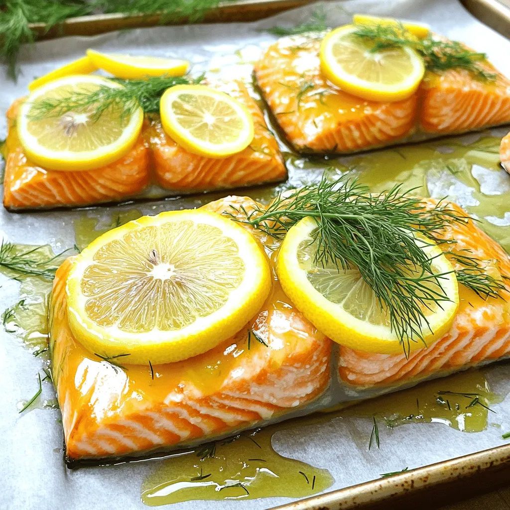 For a tasty Lemon Dill Salmon, you need fresh ingredients. Here’s what you will use: - 4 salmon fillets (6 oz each) - 2 lemons (one for juice, one sliced for garnish) - 3 tablespoons fresh dill, chopped Fresh salmon gives the best flavor. Choose fillets that are firm and bright in color. For the lemons, go for juicy ones. Fresh dill adds a bright, herbal taste that makes this dish shine. You will also need some common pantry items. These add flavor and help the dish come together. Here’s what to grab: - 2 tablespoons olive oil - 1 teaspoon garlic powder - Salt and pepper to taste Olive oil helps keep the salmon moist while cooking. Garlic powder gives a nice, savory kick. Salt and pepper are key to enhance all the flavors in your dish. If you want to add more depth to your Lemon Dill Salmon, consider these optional items: - 1 tablespoon Dijon mustard (optional) - Fresh dill sprigs for garnish Dijon mustard brings a tangy flavor that pairs well with the lemon. For garnish, fresh dill sprigs make your dish look nice and add a bit more herb flavor. You can find the full recipe [here](#). Cooking this dish is fun and easy. With these ingredients, you will make a meal that impresses everyone. First, set your oven to 400°F (200°C). This is the perfect heat for baking salmon. While the oven warms up, grab a baking sheet. Line it with parchment paper and lightly grease it. This helps the salmon cook evenly and keeps it from sticking. In a small bowl, whisk together 2 tablespoons of olive oil and the juice from one lemon. Add 3 tablespoons of chopped dill, 1 teaspoon of garlic powder, and a pinch of salt and pepper. If you want more flavor, mix in 1 tablespoon of Dijon mustard. This sauce is bright, fresh, and easy to make! Place 4 salmon fillets on the prepared baking sheet. Generously brush the lemon dill sauce over each fillet. Next, lay lemon slices on top for extra flavor. Bake the salmon in the oven for about 12 to 15 minutes. You want it to reach an internal temperature of at least 145°F. Let the salmon rest for 5 minutes before serving. Enjoy your Lemon Dill Salmon! For the complete instructions, check out the Full Recipe. To get the best salmon, choose fresh fillets. Look for bright color and no strong odor. Preheat your oven to 400°F (200°C) for even cooking. Cook salmon for 12-15 minutes. The fish is done when it flakes easily with a fork. The internal temperature should reach 145°F. If you want to check, use a meat thermometer. This will help you avoid overcooking your salmon. Let it rest for 5 minutes after baking. This keeps the juices inside. For a bright taste, use fresh lemon juice. This adds a tangy kick that complements salmon. Fresh dill enhances the dish with a herbal note. If you want more depth, add Dijon mustard to the olive oil mixture. Garlic powder gives a warm flavor to the sauce. Remember to season with salt and pepper. This simple step can make a big difference. You can also try adding a pinch of red pepper flakes for heat. Adjust flavors to your liking as you go along. Presentation is key for any dish. Arrange cooked salmon on a clean plate. Use lemon slices and fresh dill sprigs for garnish. This adds color and makes the dish pop. Serve with seasonal vegetables or rice for a complete meal. Consider using a drizzle of olive oil over the top for shine. You can even sprinkle some extra dill on the plate. This not only looks nice but also adds more flavor. Make your dish appealing to both the eyes and the palate. For the complete list of steps and ingredients, check out the Full Recipe. {{image_2}} Grilling salmon adds a smoky flavor. You can easily make grilled lemon dill salmon. Start by marinating the salmon fillets in the lemon dill sauce for about 30 minutes. Heat your grill to medium-high. Place the fillets skin-side down on the grill. Cook for about 6-8 minutes. Flip the salmon and grill for another 5-7 minutes until cooked through. The grill marks will add a nice touch. Adding Dijon mustard gives your lemon dill salmon a sharp twist. Simply mix 1 tablespoon of Dijon mustard into your lemon dill sauce. This adds a zesty flavor that pairs well with the salmon. Follow the same baking steps from the recipe. The mustard will caramelize slightly, giving a tasty crust. If you want a vegan option, use tofu or tempeh. Marinate the tofu in the lemon dill sauce just like the salmon. You can bake or grill it in the same way. For a lighter choice, try using zucchini or eggplant slices. These veggies soak up the flavors well. Just remember to adjust cooking times based on what you use. Explore the full recipe to discover how to create these delicious variations. To keep your leftover lemon dill salmon fresh, store it in an airtight container. Make sure to let it cool first. Place the salmon in the fridge within two hours of cooking. It will last for up to three days. If you want to enjoy it later, consider freezing it. When reheating salmon, do it gently to keep it moist. You can use the oven or the microwave. If using the oven, preheat it to 350°F (175°C). Place the salmon in a baking dish with a splash of water. Cover it with foil, then heat for about 10-15 minutes. For the microwave, heat in short bursts of 30 seconds. Check for warmth, so you don’t overcook it. Freezing lemon dill salmon is simple. Wrap each fillet tightly in plastic wrap. Then, place them in a freezer-safe bag. Remove as much air as possible. Frozen salmon can last for up to three months. When you are ready to eat it, thaw it in the fridge overnight. This keeps the flavor and texture intact. You can follow the full recipe again to enjoy it fresh! The best way to tell if salmon is done cooking is by checking its color and texture. Cooked salmon should look opaque and flaky. You can also use a food thermometer. Aim for an internal temperature of 145°F. If you don't have a thermometer, gently poke it with a fork. If it flakes easily, it's ready to eat. Yes, you can use dried dill instead of fresh. However, fresh dill offers a brighter taste. Use about one-third of the amount when using dried dill. So, if the recipe calls for three tablespoons of fresh dill, use just one tablespoon of dried. Mix it into the olive oil mixture for flavor. Many side dishes pair well with Lemon Dill Salmon. Here are some great options: - Steamed asparagus - Roasted vegetables - Garlic mashed potatoes - Quinoa salad - Rice pilaf Each of these sides complements the light, zesty flavor of the salmon. Enjoy experimenting with your favorites! For the full recipe, check out the Lemon Dill Salmon Delight. This blog post covered the key ingredients for Lemon Dill Salmon, along with step-by-step instructions. You learned how to make a tasty sauce, cook salmon perfectly, and add different flavors. The tips helped you present and store your meal well. Plus, we discussed fun variations, including grilling and vegan options. In summary, making Lemon Dill Salmon can be easy and fun. Enjoy creating your dish and impressing everyone with the taste!