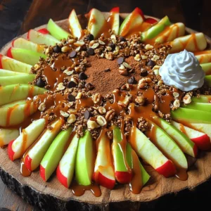 - Apples - Granola - Mini chocolate chips - Caramel sauce - Chopped nuts - Cinnamon - Optional: Whipped cream You can swap apples for pears or bananas if you prefer. Both fruits add a nice sweetness. Choose granola with your favorite flavor, like honey or chocolate. For caramel sauce, you can use chocolate syrup or a fruit sauce as an alternative. To take your nachos up a notch, add sliced strawberries or blueberries. These fruits add color and a fresh taste. You can also sprinkle some shredded coconut for a tropical twist. For a fun and festive look, arrange the nachos in a circle and drizzle the caramel in zig-zag lines. This makes it look more appealing and fancy! 1. Start by washing the apples. Use cold water to clean them well. 2. Slice the apples into thin rounds. Remove the core and seeds as you slice. 3. Next, arrange the apple slices on a large platter. A parchment-lined baking sheet works too. 1. Sprinkle a little cinnamon over the apple slices. This adds a warm flavor. 2. Drizzle caramel sauce generously on top of the apples. Make sure it fills the gaps. 3. Evenly distribute the granola. This adds a nice crunch to your nachos. 4. Next, sprinkle mini chocolate chips. They will melt slightly into the warm caramel. 5. Add the chopped nuts on top. Walnuts, pecans, or almonds work great here. 1. Drizzle more caramel on top if you want extra sweetness. 2. Serve right away. You can add whipped cream on the side for a creamy touch. For a detailed guide, check out the Full Recipe. Enjoy your tasty caramel apple nachos! When picking apples for your nachos, consider sweetness and tartness. Sweet apples like Honeycrisp bring a nice flavor. Tart apples, like Granny Smith, add a nice zing. Both types work well together. Look for firm apples with a shiny skin. Soft apples may not hold up well. To melt caramel evenly, use low heat. Stir slowly to avoid burning. You can add a splash of milk to make it smoother. If the caramel gets too thick, just warm it slightly. To avoid a sticky mess, drizzle carefully. Use a spoon or squeeze bottle for easy control. To boost flavor, try adding a pinch of cinnamon or nutmeg. These spices add warmth and depth. You might also add a splash of vanilla extract. This will make your nachos even more delicious. Balance the sweetness of the apples and caramel with some tartness from the apples. A mix of flavors keeps each bite exciting. For the full recipe, check out the details above. {{image_2}} You can change your caramel apple nachos for the season. For fall, try adding pumpkin spice to the mix. It gives a warm, cozy flavor. You can also use themed plates for holidays. For Halloween, add some candy corn or spooky sprinkles. For Christmas, use red and green toppings like cranberries and mint. If you want a vegan version, use dairy-free caramel sauce. You can find many brands at stores or make your own. For a gluten-free option, choose gluten-free granola. This way, everyone can enjoy the treat. Mixing spices can give a fun twist. Try adding a pinch of nutmeg or cardamom to the cinnamon. You can also experiment with different nuts. Pecans add a rich taste, while almonds bring a nice crunch. Granola can be swapped too; look for unique flavors like maple or coconut to make your nachos special. To store leftovers, place them in an airtight container. Make sure to cover the nachos well to keep them fresh. If you have extra apple slices, store those separately. This keeps them from getting mushy. To ensure freshness, eat the nachos within two days. The longer they sit, the more soggy they get. You can serve caramel apple nachos warm or cold. If you want them warm, use the microwave. Heat them in short bursts, about 15 seconds at a time. This helps avoid sogginess. You can also serve them cold, straight from the fridge. Cold nachos can be refreshing on a hot day! Each ingredient has a different shelf life. Apples can last about a week in the fridge. Granola stays fresh for up to three months, while chocolate chips last even longer. Caramel sauce can stay good for about two weeks once opened. If you notice any off smells or changes in texture, it's best to throw it away. I recommend using Granny Smith or Honeycrisp apples. These apples have a nice crunch and balance sweetness with tartness. Granny Smith offers a sharp flavor, while Honeycrisp is sweeter and juicier. Both types hold up well when sliced. You can prepare some parts in advance. Slice the apples and store them in water with lemon juice. This keeps them fresh for a few hours. However, wait to drizzle the caramel and add toppings until just before serving. This keeps everything crisp and tasty. To prevent browning, soak the apple slices in a mix of water and lemon juice. Use one tablespoon of lemon juice for every cup of water. Soak the slices for about 5-10 minutes, then drain and dry them. This simple step helps keep your nachos looking fresh. Yes, you can make caramel apple nachos without nuts. Just skip the chopped nuts in the recipe. You can add extra granola or mini chocolate chips for more crunch and flavor. There are plenty of tasty options to make your nachos fun. Absolutely! Homemade caramel sauce works great in this recipe. It adds a personal touch and can be made to your taste. If you prefer a richer flavor, try making your own. Just remember to let it cool slightly before drizzling. You can get creative with toppings! Try adding mini marshmallows, coconut flakes, or even dried fruit. A sprinkle of sea salt enhances the sweet and salty balance. You can also add some whipped cream on the side for a creamy dip. The options are endless! In this article, we explored how to make delicious caramel apple nachos. We covered the essential ingredients, preparation steps, and helpful tips to create the perfect dish. Remember to choose the right apples for sweetness and texture. You can try different toppings and adjust for dietary needs. With these ideas, you can impress friends and family. Enjoy this fun treat anytime, whether for a party or a cozy night at home. Happy cooking!