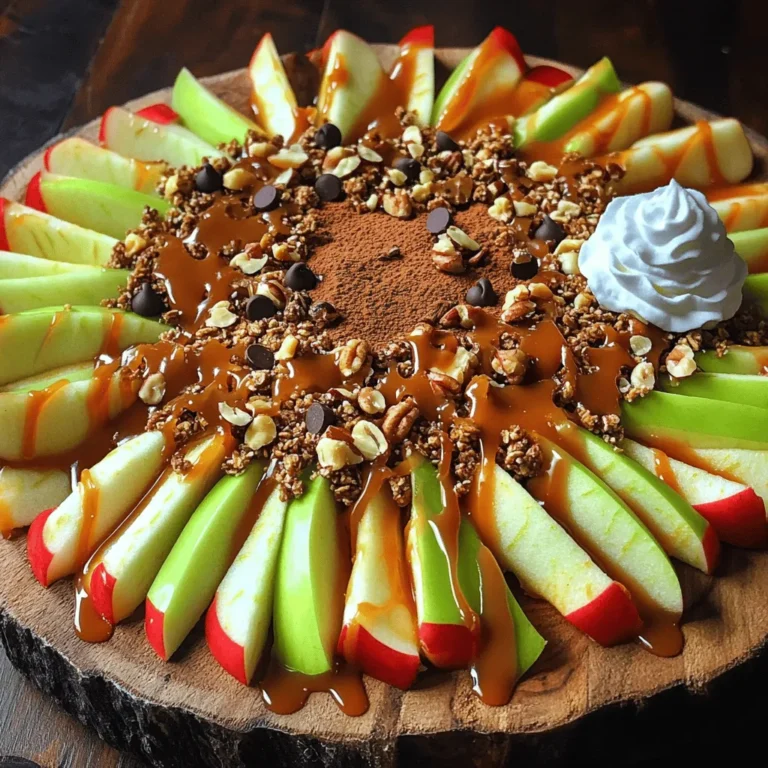 - Apples - Granola - Mini chocolate chips - Caramel sauce - Chopped nuts - Cinnamon - Optional: Whipped cream You can swap apples for pears or bananas if you prefer. Both fruits add a nice sweetness. Choose granola with your favorite flavor, like honey or chocolate. For caramel sauce, you can use chocolate syrup or a fruit sauce as an alternative. To take your nachos up a notch, add sliced strawberries or blueberries. These fruits add color and a fresh taste. You can also sprinkle some shredded coconut for a tropical twist. For a fun and festive look, arrange the nachos in a circle and drizzle the caramel in zig-zag lines. This makes it look more appealing and fancy! 1. Start by washing the apples. Use cold water to clean them well. 2. Slice the apples into thin rounds. Remove the core and seeds as you slice. 3. Next, arrange the apple slices on a large platter. A parchment-lined baking sheet works too. 1. Sprinkle a little cinnamon over the apple slices. This adds a warm flavor. 2. Drizzle caramel sauce generously on top of the apples. Make sure it fills the gaps. 3. Evenly distribute the granola. This adds a nice crunch to your nachos. 4. Next, sprinkle mini chocolate chips. They will melt slightly into the warm caramel. 5. Add the chopped nuts on top. Walnuts, pecans, or almonds work great here. 1. Drizzle more caramel on top if you want extra sweetness. 2. Serve right away. You can add whipped cream on the side for a creamy touch. For a detailed guide, check out the Full Recipe. Enjoy your tasty caramel apple nachos! When picking apples for your nachos, consider sweetness and tartness. Sweet apples like Honeycrisp bring a nice flavor. Tart apples, like Granny Smith, add a nice zing. Both types work well together. Look for firm apples with a shiny skin. Soft apples may not hold up well. To melt caramel evenly, use low heat. Stir slowly to avoid burning. You can add a splash of milk to make it smoother. If the caramel gets too thick, just warm it slightly. To avoid a sticky mess, drizzle carefully. Use a spoon or squeeze bottle for easy control. To boost flavor, try adding a pinch of cinnamon or nutmeg. These spices add warmth and depth. You might also add a splash of vanilla extract. This will make your nachos even more delicious. Balance the sweetness of the apples and caramel with some tartness from the apples. A mix of flavors keeps each bite exciting. For the full recipe, check out the details above. {{image_2}} You can change your caramel apple nachos for the season. For fall, try adding pumpkin spice to the mix. It gives a warm, cozy flavor. You can also use themed plates for holidays. For Halloween, add some candy corn or spooky sprinkles. For Christmas, use red and green toppings like cranberries and mint. If you want a vegan version, use dairy-free caramel sauce. You can find many brands at stores or make your own. For a gluten-free option, choose gluten-free granola. This way, everyone can enjoy the treat. Mixing spices can give a fun twist. Try adding a pinch of nutmeg or cardamom to the cinnamon. You can also experiment with different nuts. Pecans add a rich taste, while almonds bring a nice crunch. Granola can be swapped too; look for unique flavors like maple or coconut to make your nachos special. To store leftovers, place them in an airtight container. Make sure to cover the nachos well to keep them fresh. If you have extra apple slices, store those separately. This keeps them from getting mushy. To ensure freshness, eat the nachos within two days. The longer they sit, the more soggy they get. You can serve caramel apple nachos warm or cold. If you want them warm, use the microwave. Heat them in short bursts, about 15 seconds at a time. This helps avoid sogginess. You can also serve them cold, straight from the fridge. Cold nachos can be refreshing on a hot day! Each ingredient has a different shelf life. Apples can last about a week in the fridge. Granola stays fresh for up to three months, while chocolate chips last even longer. Caramel sauce can stay good for about two weeks once opened. If you notice any off smells or changes in texture, it's best to throw it away. I recommend using Granny Smith or Honeycrisp apples. These apples have a nice crunch and balance sweetness with tartness. Granny Smith offers a sharp flavor, while Honeycrisp is sweeter and juicier. Both types hold up well when sliced. You can prepare some parts in advance. Slice the apples and store them in water with lemon juice. This keeps them fresh for a few hours. However, wait to drizzle the caramel and add toppings until just before serving. This keeps everything crisp and tasty. To prevent browning, soak the apple slices in a mix of water and lemon juice. Use one tablespoon of lemon juice for every cup of water. Soak the slices for about 5-10 minutes, then drain and dry them. This simple step helps keep your nachos looking fresh. Yes, you can make caramel apple nachos without nuts. Just skip the chopped nuts in the recipe. You can add extra granola or mini chocolate chips for more crunch and flavor. There are plenty of tasty options to make your nachos fun. Absolutely! Homemade caramel sauce works great in this recipe. It adds a personal touch and can be made to your taste. If you prefer a richer flavor, try making your own. Just remember to let it cool slightly before drizzling. You can get creative with toppings! Try adding mini marshmallows, coconut flakes, or even dried fruit. A sprinkle of sea salt enhances the sweet and salty balance. You can also add some whipped cream on the side for a creamy dip. The options are endless! In this article, we explored how to make delicious caramel apple nachos. We covered the essential ingredients, preparation steps, and helpful tips to create the perfect dish. Remember to choose the right apples for sweetness and texture. You can try different toppings and adjust for dietary needs. With these ideas, you can impress friends and family. Enjoy this fun treat anytime, whether for a party or a cozy night at home. Happy cooking!