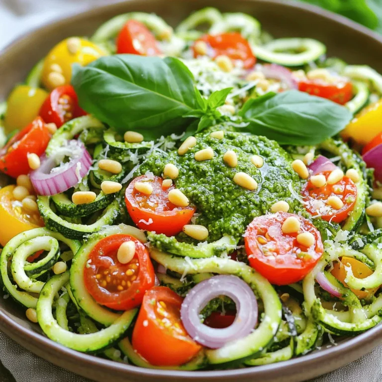 - 3 medium zucchinis (spiralized into zoodles) - 1 cup cherry tomatoes, halved - 1/2 cup bell peppers, diced (any color) - 1/4 cup red onion, thinly sliced - 1 cup fresh basil leaves - 1/4 cup pine nuts, lightly toasted - 1/2 cup grated parmesan cheese (or nutritional yeast for a vegan option) - 1/2 cup olive oil - 2 cloves garlic, minced - Salt and pepper to taste - Juice of 1 lemon - Additional pine nuts - Extra basil leaves - Lemon zest When making Pesto Zoodle Salad, fresh ingredients shine. Start with firm zucchinis. They should be medium-sized and easy to spiralize. I love using a spiralizer for this recipe because it makes long, fun zoodles. You can also use a julienne peeler if you don't have one. Next, cherry tomatoes bring a burst of sweetness. Halve them to keep their shape and add color. Any bell pepper works, so choose your favorite color. Dice them small for easy bites. Red onion gives a nice crunch and slight bite. Slice them thin for a gentle onion flavor. Now onto the pesto. Fresh basil is a must for that herbal taste. Pine nuts add a nutty crunch, and toasting them enhances their flavor. Parmesan cheese gives richness, but you can use nutritional yeast for a vegan twist. Olive oil helps blend everything smoothly, while garlic adds depth. Don't forget the salt, pepper, and lemon juice. They balance the flavors. For garnishes, I recommend extra pine nuts and basil for that fresh touch. Lemon zest is a great way to brighten up the dish. For the full recipe, check out the detailed instructions above. - Combine basil, pine nuts, parmesan, garlic, and olive oil in a food processor. - Blend until smooth and creamy, adjusting oil for desired consistency. I like to use fresh basil for the best flavor. The garlic adds a nice zing, while the parmesan gives it richness. If you want a lighter version, you can use nutritional yeast instead of cheese. Just add salt and pepper to taste, and a squeeze of lemon juice brightens it up. - Spiralize the zucchinis using a spiralizer or julienne peeler. Zoodles are a fun and healthy twist on pasta. They add crunch and freshness to the dish. If you don’t have a spiralizer, a julienne peeler works great too. Just make sure to cut the zoodles into even sizes for a uniform bite. - In a large bowl, mix zoodles, cherry tomatoes, bell peppers, and red onion. - Pour prepared pesto over the mixture and toss gently. This step is all about bringing flavors together. The zoodles pair well with sweet cherry tomatoes and colorful bell peppers. The red onion adds a nice crunch and a bit of bite. When you add the pesto, make sure to coat everything well for maximum flavor. - Let the salad sit for 10 minutes before serving. - Toss gently again and adjust seasoning if necessary. Letting the salad sit allows the flavors to blend and develop. It’s like letting a fine wine breathe! Before you serve, give it another gentle toss to ensure every zoodle is coated in that tasty pesto. If it needs a little more salt or pepper, this is the time to adjust. For the full recipe, check out the details above. Enjoy your fresh and vibrant Pesto Zoodle Salad! To make the best pesto, always use fresh basil. It gives the dish a bright and vivid taste. Avoid using dried basil, as it lacks the same flavor. Fresh lemon juice helps prevent browning in the pesto. This keeps your sauce looking fresh and appealing. Add extra crunch by sprinkling more pine nuts on top. This little change makes a big difference in texture. Chilling your ingredients before mixing can also enhance the freshness. It makes every bite feel cool and crisp. Serve your Pesto Zoodle Salad chilled for a refreshing meal. It tastes even better on a hot day. You can pair it with grilled chicken or shrimp for extra protein. This makes it a balanced dish that fills you up. For the full recipe, check out the detailed instructions above. {{image_2}} You can boost your Pesto Zoodle Salad with proteins. Try adding grilled chicken or shrimp for a heartier meal. Both options add flavor and substance. If you prefer plant-based choices, chickpeas work well too. They provide protein while keeping the dish light. Incorporating different vegetables can enhance the salad's flavor and texture. Roasted bell peppers or carrots add sweetness and depth. You can also add spinach or arugula for a nutrient boost. These greens bring freshness and vibrant colors to your dish. For a vegan twist, swap parmesan cheese with nutritional yeast or cashew cream. Nutritional yeast lends a cheesy flavor without dairy. Cashew cream offers a creamy texture and richness. Both options keep your salad delicious while catering to vegan diets. For the full recipe, check out the detailed instructions above. To keep your Pesto Zoodle Salad fresh, store leftovers in an airtight container. This helps keep the zoodles crisp and the flavors bright. Place the container in the refrigerator. Enjoy your salad within 2-3 days for the best taste and texture. After this time, the zoodles may become soggy. The pesto can also lose its vibrant flavor. You can freeze the pesto for later use. Just remember to add the zoodles fresh right before serving. This way, they stay crunchy and delicious! To spiralize zucchini, use a spiralizer or a julienne peeler to create zoodles. Simply grip the zucchini and twist it against the blade. This technique makes long, thin noodles that are fun to eat and soak up flavor. It's best served fresh, but you can prepare pesto and chop vegetables in advance. This way, you can quickly assemble the salad when you're ready to eat. Just keep everything in the fridge until you're set to serve. If you don’t have pine nuts, try walnuts or almonds for a different flavor. Both nuts add a nice crunch and pair well with the pesto. You can even toast them to enhance their taste. Yes, all ingredients are gluten-free. This makes the Pesto Zoodle Salad a great choice for those with gluten sensitivities. You can enjoy it without worry! For a detailed breakdown, check the nutritional information per serving. It contains healthy fats from the olive oil and nuts, plus vitamins from the fresh veggies. This salad is light and nourishing, making it perfect for summer! This blog post shares a simple recipe for Pesto Zoodle Salad. You learned about the main ingredients, like zoodles, cherry tomatoes, and basil pesto. I guided you through each step, from making pesto to mixing the salad. I also gave tips to enhance flavor and texture. You can customize the salad with different proteins and vegetables, and I covered storage options and FAQs too. Enjoy this fresh dish now or later! It’s healthy, tasty, and easy to make. Try it out, and let your kitchen creativity shine!
