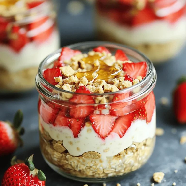 To make strawberry shortcake overnight oats, you need simple, fresh ingredients. This recipe gives you a delicious breakfast or snack. It takes just a few minutes to prepare. You can find the full recipe at the end of this section. Here’s what you’ll need: - 1 cup rolled oats - 1 ½ cups almond milk (or any milk of choice) - 1 cup fresh strawberries, hulled and diced - 1 tablespoon honey or maple syrup (adjust to taste) - ½ teaspoon vanilla extract - 2 tablespoons Greek yogurt (optional) - 1 tablespoon chia seeds - Pinch of salt - Sliced strawberries and crushed graham crackers for topping These ingredients work together to create a tasty dish. They blend sweet, creamy, and fruity flavors. You can easily change some ingredients. Here are a few ideas: - Use coconut milk instead of almond milk for a tropical taste. - Swap honey for agave nectar to keep it vegan. - Try peaches or blueberries if strawberries are out of season. - Omit Greek yogurt for a dairy-free option. These swaps make the recipe flexible and fun! Feel free to experiment with what you have at home. To make strawberry shortcake overnight oats, start with a large mixing bowl. Add 1 cup of rolled oats. Pour in 1 ½ cups of almond milk. Then, add 1 cup of diced strawberries. Next, mix in 1 tablespoon of honey or maple syrup. This step lets you control the sweetness. Then, add ½ teaspoon of vanilla extract and 2 tablespoons of Greek yogurt for creaminess. If you like, add 1 tablespoon of chia seeds and a pinch of salt. Stir everything well until mixed. Once you mix the ingredients, divide the mixture into two jars. Make sure the jars have lids. Secure the lids tightly. Place the jars in the fridge overnight. This chilling helps the oats absorb liquid and become soft. If you don’t have time overnight, let them chill for at least 4 hours. In the morning, take the jars out of the fridge. Stir the oats to mix them well. If you want a creamier texture, add a splash more almond milk. Now, it’s time to top your oats! Use sliced strawberries and crush some graham crackers on top. This adds a nice crunch. Serve your strawberry shortcake overnight oats cold. Enjoy your tasty creation! For the full recipe, check the earlier section. For creamier oats, add Greek yogurt. This ingredient gives a nice texture. You can also mix in more almond milk. Stir it well before serving. If you want a richer taste, try coconut milk. It adds a tropical flavor to your oats. You can use honey or maple syrup for sweetness. Adjust the amount based on your taste. If you prefer a low-calorie option, try stevia. You can also use agave syrup for a different flavor. Remember to blend the sweetener well with the oats. This ensures every bite is tasty. The right oat consistency is key. If you like thicker oats, use less milk. For thinner oats, add more milk. Make sure to stir the mixture well. This helps the oats absorb liquid evenly. After chilling, check the texture. You can always adjust with more milk if needed. Follow these tips to get the perfect bowl of strawberry shortcake overnight oats. For the full recipe, check the link provided. {{image_2}} You can change the fruit in your overnight oats based on what is in season. In spring, use fresh strawberries. In summer, try peaches or blueberries. Fall calls for apples and cinnamon. In winter, you might use frozen fruit. The key is to choose fruits that you love. Fresh or frozen, both work well! You can add new flavors to your oats. Try a dash of cinnamon for warmth. A pinch of nutmeg gives a cozy taste. You can also mix in a spoonful of cocoa powder for a chocolate twist. Another option is a splash of coconut extract for a tropical vibe. Keep it fun and mix flavors you enjoy! You can switch up the nuts and seeds you use. Almonds, walnuts, or pecans add crunch. If you want a nut-free option, use sunflower seeds or pumpkin seeds. These provide great texture and nutrients. For extra protein, add more chia seeds or flaxseeds. Experiment to find your favorite mix! For the full recipe, check out the details above. To keep your strawberry shortcake overnight oats fresh, store them in airtight containers. This helps prevent any odors from your fridge affecting the oats. Place the jars in the fridge right after making them. They will stay good for up to three days. If you notice any liquid at the top, just stir it back in before serving. You can freeze your oats for a quick breakfast later. Use freezer-safe containers for best results. Make sure to leave some space in the jar, as the oats may expand. They will last up to three months in the freezer. When you’re ready to eat, just thaw them overnight in the fridge. Stir well and add fresh toppings before serving. The rolled oats can last for a long time in your pantry. Keep them in a cool, dry place, and they can stay fresh for up to two years. Fresh strawberries, however, are best used within a few days. If they start to look mushy or smell sour, it's best to toss them. Check your almond milk as well; it usually stays good for about a week after opening. For a full recipe, refer to the details above. Yes, you can make these overnight oats in advance. I often prepare them the night before. They taste best after soaking overnight. This gives the oats time to absorb the milk and flavors. You can store them in the fridge for up to three days. Just keep them in sealed jars. The oats will stay fresh and soft. If you prefer not to use Greek yogurt, there are great options. You can try coconut yogurt or almond yogurt. Both options work well and keep the recipe creamy. You can also skip the yogurt altogether. The oats will still be tasty and satisfying without it. Making this recipe vegan is easy! Simply use plant-based milk such as almond or oat milk. Replace the honey with maple syrup to keep it vegan-friendly. You can also use a dairy-free yogurt if you want that creaminess. Following these steps makes this dish perfect for everyone. This blog post covered everything you need for delicious overnight oats. We explored the key ingredients and how to make them work. The step-by-step instructions made the process easy to follow. You learned tips for creamier oats and various flavor boosts. I also shared the best ways to store your oats for freshness. Keep experimenting with variations to find your favorite mix. With these ideas, you can enjoy tasty, healthy oats any time. Keep it simple, and have fun in your kitchen!