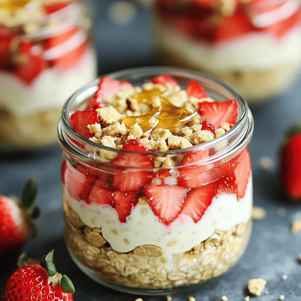 To make strawberry shortcake overnight oats, you need simple, fresh ingredients. This recipe gives you a delicious breakfast or snack. It takes just a few minutes to prepare. You can find the full recipe at the end of this section. Here’s what you’ll need: - 1 cup rolled oats - 1 ½ cups almond milk (or any milk of choice) - 1 cup fresh strawberries, hulled and diced - 1 tablespoon honey or maple syrup (adjust to taste) - ½ teaspoon vanilla extract - 2 tablespoons Greek yogurt (optional) - 1 tablespoon chia seeds - Pinch of salt - Sliced strawberries and crushed graham crackers for topping These ingredients work together to create a tasty dish. They blend sweet, creamy, and fruity flavors. You can easily change some ingredients. Here are a few ideas: - Use coconut milk instead of almond milk for a tropical taste. - Swap honey for agave nectar to keep it vegan. - Try peaches or blueberries if strawberries are out of season. - Omit Greek yogurt for a dairy-free option. These swaps make the recipe flexible and fun! Feel free to experiment with what you have at home. To make strawberry shortcake overnight oats, start with a large mixing bowl. Add 1 cup of rolled oats. Pour in 1 ½ cups of almond milk. Then, add 1 cup of diced strawberries. Next, mix in 1 tablespoon of honey or maple syrup. This step lets you control the sweetness. Then, add ½ teaspoon of vanilla extract and 2 tablespoons of Greek yogurt for creaminess. If you like, add 1 tablespoon of chia seeds and a pinch of salt. Stir everything well until mixed. Once you mix the ingredients, divide the mixture into two jars. Make sure the jars have lids. Secure the lids tightly. Place the jars in the fridge overnight. This chilling helps the oats absorb liquid and become soft. If you don’t have time overnight, let them chill for at least 4 hours. In the morning, take the jars out of the fridge. Stir the oats to mix them well. If you want a creamier texture, add a splash more almond milk. Now, it’s time to top your oats! Use sliced strawberries and crush some graham crackers on top. This adds a nice crunch. Serve your strawberry shortcake overnight oats cold. Enjoy your tasty creation! For the full recipe, check the earlier section. For creamier oats, add Greek yogurt. This ingredient gives a nice texture. You can also mix in more almond milk. Stir it well before serving. If you want a richer taste, try coconut milk. It adds a tropical flavor to your oats. You can use honey or maple syrup for sweetness. Adjust the amount based on your taste. If you prefer a low-calorie option, try stevia. You can also use agave syrup for a different flavor. Remember to blend the sweetener well with the oats. This ensures every bite is tasty. The right oat consistency is key. If you like thicker oats, use less milk. For thinner oats, add more milk. Make sure to stir the mixture well. This helps the oats absorb liquid evenly. After chilling, check the texture. You can always adjust with more milk if needed. Follow these tips to get the perfect bowl of strawberry shortcake overnight oats. For the full recipe, check the link provided. {{image_2}} You can change the fruit in your overnight oats based on what is in season. In spring, use fresh strawberries. In summer, try peaches or blueberries. Fall calls for apples and cinnamon. In winter, you might use frozen fruit. The key is to choose fruits that you love. Fresh or frozen, both work well! You can add new flavors to your oats. Try a dash of cinnamon for warmth. A pinch of nutmeg gives a cozy taste. You can also mix in a spoonful of cocoa powder for a chocolate twist. Another option is a splash of coconut extract for a tropical vibe. Keep it fun and mix flavors you enjoy! You can switch up the nuts and seeds you use. Almonds, walnuts, or pecans add crunch. If you want a nut-free option, use sunflower seeds or pumpkin seeds. These provide great texture and nutrients. For extra protein, add more chia seeds or flaxseeds. Experiment to find your favorite mix! For the full recipe, check out the details above. To keep your strawberry shortcake overnight oats fresh, store them in airtight containers. This helps prevent any odors from your fridge affecting the oats. Place the jars in the fridge right after making them. They will stay good for up to three days. If you notice any liquid at the top, just stir it back in before serving. You can freeze your oats for a quick breakfast later. Use freezer-safe containers for best results. Make sure to leave some space in the jar, as the oats may expand. They will last up to three months in the freezer. When you’re ready to eat, just thaw them overnight in the fridge. Stir well and add fresh toppings before serving. The rolled oats can last for a long time in your pantry. Keep them in a cool, dry place, and they can stay fresh for up to two years. Fresh strawberries, however, are best used within a few days. If they start to look mushy or smell sour, it's best to toss them. Check your almond milk as well; it usually stays good for about a week after opening. For a full recipe, refer to the details above. Yes, you can make these overnight oats in advance. I often prepare them the night before. They taste best after soaking overnight. This gives the oats time to absorb the milk and flavors. You can store them in the fridge for up to three days. Just keep them in sealed jars. The oats will stay fresh and soft. If you prefer not to use Greek yogurt, there are great options. You can try coconut yogurt or almond yogurt. Both options work well and keep the recipe creamy. You can also skip the yogurt altogether. The oats will still be tasty and satisfying without it. Making this recipe vegan is easy! Simply use plant-based milk such as almond or oat milk. Replace the honey with maple syrup to keep it vegan-friendly. You can also use a dairy-free yogurt if you want that creaminess. Following these steps makes this dish perfect for everyone. This blog post covered everything you need for delicious overnight oats. We explored the key ingredients and how to make them work. The step-by-step instructions made the process easy to follow. You learned tips for creamier oats and various flavor boosts. I also shared the best ways to store your oats for freshness. Keep experimenting with variations to find your favorite mix. With these ideas, you can enjoy tasty, healthy oats any time. Keep it simple, and have fun in your kitchen!