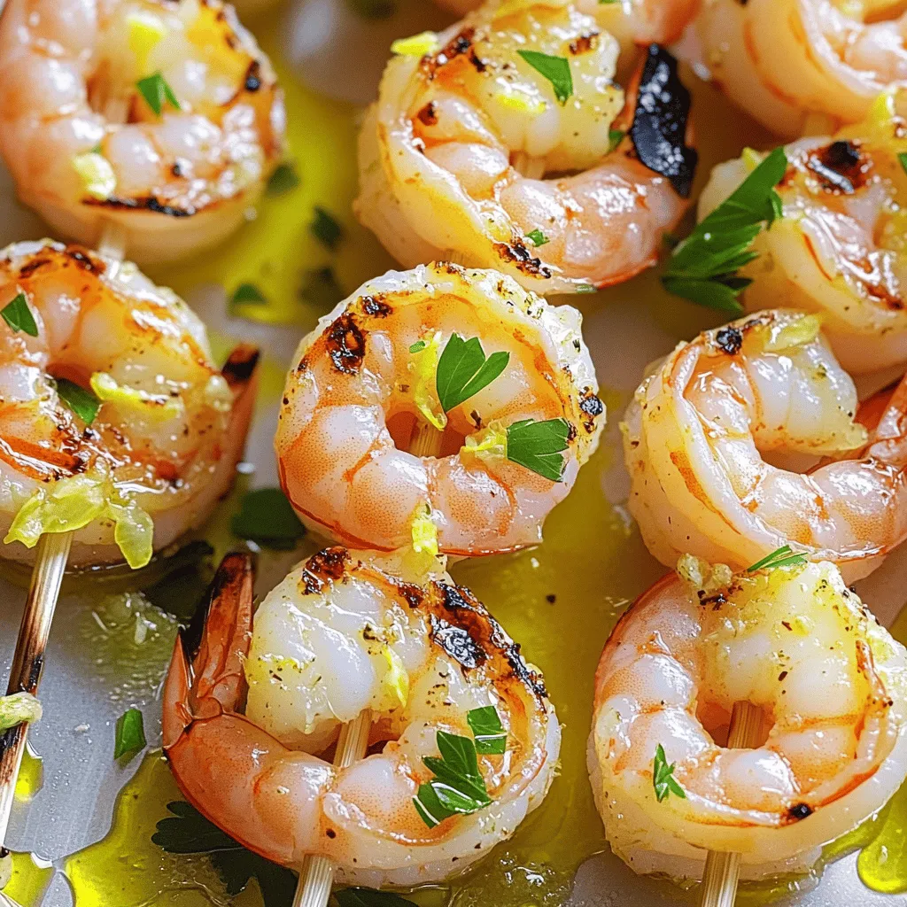 To make great lemon garlic shrimp skewers, you will need a few key items. Here is what you will need: - 1 lb large shrimp, peeled and deveined - 4 cloves garlic, minced - 1/4 cup olive oil - Juice and zest of 2 lemons - 1 teaspoon smoked paprika - 1 teaspoon dried oregano - Salt and pepper to taste - Skewers (soaked in water if using wooden skewers) - Fresh parsley, chopped (for garnish) These ingredients bring out the best flavors in the shrimp. Fresh shrimp works best for tenderness. You can add some optional ingredients to make your skewers even better. Consider these: - Red pepper flakes for heat - Fresh herbs like thyme or basil - Lemon wedges for grilling - Cherry tomatoes for extra color These extras can add a personal touch. Feel free to mix and match! Having the right tools makes cooking easier and more fun. Here are some tools you might need: - A mixing bowl for the marinade - A grill or grill pan for cooking - Skewers for threading the shrimp - A basting brush for adding marinade while grilling Using these tools helps create a smooth cooking experience. You can find the full recipe to guide you step by step. Start by gathering your ingredients. You will need garlic, olive oil, lemon juice, lemon zest, smoked paprika, oregano, salt, and pepper. In a bowl, mix the minced garlic, olive oil, lemon juice, and lemon zest. Then, add the smoked paprika, oregano, salt, and pepper. Stir well to combine. This marinade gives the shrimp its tasty flavor. Next, add the shrimp to the marinade. Make sure each shrimp is coated well. Cover the bowl and place it in the fridge. Marinate for at least 30 minutes. If you have time, let it sit for up to an hour. This helps the shrimp soak in the flavors. Now, it’s time to grill! Preheat your grill or grill pan over medium-high heat. If you use wooden skewers, soak them in water first. This prevents burning. Thread 4-5 shrimp onto each skewer, leaving space between them. Place the skewers on the grill. Cook for 2-3 minutes on each side. The shrimp should turn pink and opaque. Once cooked, remove the skewers from the grill. Let them rest for a minute. Garnish with fresh parsley and a squeeze of lemon juice if you like. For more details, check the Full Recipe. Grilling shrimp is quick and easy. Here are some tips: - Choose large shrimp: They hold up better on skewers. - Soak wooden skewers: This prevents them from burning on the grill. - Preheat the grill: Get it hot before adding the shrimp for a nice char. To cook shrimp just right, keep these points in mind: - Watch the color: Shrimp should turn pink and opaque when done. - Don’t overcook: This makes shrimp tough. Cook for about 2-3 minutes per side. - Leave space on skewers: This helps heat circulate for even cooking. These shrimp skewers pair well with many sides. Here are some ideas: - Serve with rice: A light lemon rice complements the dish beautifully. - Add a salad: A fresh green salad adds crunch and color. - Include dipping sauces: Try garlic aioli or a zesty lemon sauce. For a detailed guide, check the Full Recipe for Lemon Garlic Shrimp Skewers. {{image_2}} To make your shrimp skewers spicy, add red pepper flakes. Start with half a teaspoon. You can add more if you want more heat. Mix the flakes into the marinade along with the garlic, olive oil, and lemon juice. This small change gives a nice kick to the dish. It pairs well with the lemon's brightness and the garlic's depth. For a vibrant twist, add vegetables to your skewers. Bell peppers, zucchini, and cherry tomatoes work well. Cut the veggies into bite-sized pieces. Thread them onto the skewers with the shrimp. This adds color and nutrition. The grill will char the vegetables, enhancing their flavor. It makes for a more filling meal and looks great on the plate. If you lack a grill, don't worry! You can cook these skewers in the oven. Preheat your oven to 400°F (200°C). Place the skewers on a baking sheet lined with parchment paper. Bake for about 10-12 minutes, turning halfway through. You can also use a stovetop grill pan for a similar result. Cook them on medium-high heat for about 2-3 minutes per side. Each method brings out the shrimp's natural sweetness. For full cooking details, check out the Full Recipe. To store leftover shrimp skewers, place them in an airtight container. Make sure the container is sealed well. You can keep them in the fridge for up to 2 days. If you have leftover marinade, you can also save it. Just keep it separate from the shrimp to avoid sogginess. If you want to freeze the shrimp skewers, wrap them tightly in plastic wrap. Then, place them in a freezer bag. They can last up to 3 months in the freezer. To reheat, thaw them in the fridge overnight. Then, grill or sauté them on medium heat until heated through. This keeps them tasty and juicy. To keep your shrimp fresh, only marinate what you plan to cook. Extra marinated shrimp can become mushy. When grilling, avoid overcrowding the skewers. This helps each shrimp cook evenly. After cooking, let them cool before storing. Always check for signs of spoilage before using leftovers. Following these tips makes your Lemon Garlic Shrimp Skewers last longer and taste great. For the full recipe, refer to the earlier section. Yes, you can use frozen shrimp. Just thaw them first. Place them in cold water for a quick thaw. Change the water every few minutes. This keeps the shrimp cold and helps them thaw evenly. After thawing, pat them dry with a paper towel. This step is key to good flavor. I love pairing these skewers with fresh sides. Here are some great options: - Rice: White or brown rice works well. - Quinoa: This adds a nutty flavor and is healthy. - Salad: A light green salad with lemon vinaigrette is refreshing. - Grilled veggies: Bell peppers, zucchini, and asparagus add color and flavor. These sides balance the meal and add nutrients. To serve more people, simply double or triple the recipe. Use more shrimp and marinade. Make sure you have enough skewers. If grilling, do it in batches. This helps to cook the shrimp evenly. Keep an eye on cooking time, as it may vary with more skewers. Enjoy hosting with this fun dish! Lemon garlic shrimp skewers are simple and tasty. We covered ingredients, tools, and a clear recipe. I shared tips for perfect grilling and fun variations. Storage advice helps keep leftovers fresh. Try these skewers for your next meal. They’re a hit for any gathering. Enjoy the burst of flavor, and feel free to get creative!