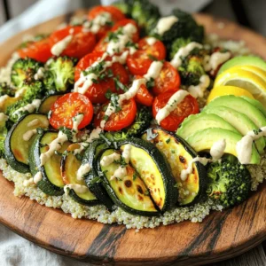 Roasted veggie grain bowls are simple and tasty. Here are the key ingredients you need: - 1 cup quinoa, rinsed - 2 cups vegetable broth - 1 zucchini, diced - 1 red bell pepper, diced - 1 cup cherry tomatoes, halved - 1 cup broccoli florets - 2 tablespoons olive oil - 1 teaspoon garlic powder - 1 teaspoon smoked paprika - Salt and pepper to taste Each ingredient adds flavor and texture. Quinoa serves as a protein-rich base. Zucchini and bell pepper bring crunch and sweetness. Cherry tomatoes add juiciness, while broccoli offers a nice bite. You can make your bowls even better with toppings and dressings. Here are some great options: - 1 avocado, sliced - ¼ cup tahini - 2 tablespoons lemon juice - Fresh herbs (e.g., parsley or cilantro) for garnish Avocado adds creaminess. Tahini provides a nutty flavor, and lemon juice brightens everything up. Fresh herbs add a pop of color and freshness. Each ingredient in your roasted veggie grain bowl packs a punch. Here’s a closer look: - Quinoa: Full of protein and fiber. It helps keep you full and satisfied. - Zucchini: Low in calories but high in vitamins A and C. Great for skin health. - Red Bell Pepper: Rich in antioxidants. They support your immune system. - Cherry Tomatoes: Provide lycopene, which benefits heart health. - Broccoli: High in vitamins K and C. It has anti-inflammatory properties. - Olive Oil: Contains healthy fats. It can help lower cholesterol. - Tahini: Good source of calcium and magnesium. It supports bone health. These ingredients not only taste great but also offer many health benefits. Enjoy crafting your bowls! Start by rinsing the quinoa in cold water. This removes any bitterness. In a medium pot, bring the vegetable broth to a boil. Add the rinsed quinoa, lower the heat, and cover. Let it simmer for about 15 minutes. The quinoa will soak up the broth and become fluffy. After 15 minutes, remove it from heat and let it sit covered for 5 minutes. Next, prepare your vegetables. Dice the zucchini and red bell pepper. Cut the cherry tomatoes in half. Break the broccoli into small florets. You can use fresh or frozen broccoli. Both work well here. Preheat your oven to 425°F (220°C). Take a large baking sheet and spread out the diced zucchini, red bell pepper, cherry tomatoes, and broccoli florets. Drizzle olive oil over the veggies. Sprinkle garlic powder, smoked paprika, salt, and pepper on top. Toss everything together until the veggies are well-coated. Roast the vegetables for 20-25 minutes. Stir them halfway through roasting. This helps them cook evenly. You want them tender and slightly caramelized. That’s when they taste best! Now, it’s time to put everything together. Grab your serving bowls and divide the cooked quinoa among them. Top each bowl with the roasted veggies. Add slices of avocado on top for creaminess. In a small bowl, mix tahini and lemon juice with a pinch of salt. If it’s too thick, add a little water. Drizzle this tahini sauce over each bowl. Finally, garnish with fresh herbs like parsley or cilantro. This adds color and flavor. Your roasted veggie grain bowls are now ready to enjoy! For the full recipe, check above. Start with fresh veggies for great taste. I love using seasonal produce for the best flavor. Wash and chop your vegetables evenly. This helps them cook at the same speed. Use olive oil to coat your veggies. This adds flavor and helps them roast well. Sprinkle garlic powder and smoked paprika for a nice kick. Adjust salt and pepper to your taste. Preheat your oven to 425°F (220°C). This high heat gives veggies a nice char. Spread your veggies in a single layer on the baking sheet. Crowding them can lead to steaming instead of roasting. Stir them halfway through cooking. This ensures even browning and tenderness. Roast until they are soft and slightly caramelized. This usually takes about 20-25 minutes. Cook your quinoa in advance. Store it in the fridge for up to four days. Chop veggies ahead of time and keep them in airtight containers. This saves time on busy nights. You can roast a big batch of veggies. They can last in the fridge for up to five days. Mix and match your ingredients for variety. Try adding different grains or sauces for new flavors. For a quick meal, just assemble your bowls and enjoy! For the full recipe, check out my detailed guide! {{image_2}} If you want to mix things up, try using other grains. Quinoa is great, but you can also use brown rice, farro, or barley. Each grain has its own taste and texture. Brown rice gives a chewy bite, while farro adds a nutty flavor. If you’re gluten-free, go for rice or quinoa. These grains all work well with roasted veggies. Using seasonal veggies adds freshness to your grain bowl. In spring, try asparagus and peas. Summer is perfect for corn and zucchini. Fall brings sweet potatoes and Brussels sprouts. In winter, use root veggies like carrots and beets. Choose what looks good at the market. This keeps your meals exciting and tasty. You can play with flavors using different seasonings. Try Italian herbs like oregano and basil for a fresh twist. For a spicy kick, add chili flakes or cayenne pepper. If you love Asian flavors, use sesame oil and soy sauce. You can mix and match to find your favorite taste. Get creative with spices to make each bowl special. For the full recipe, check out the details provided earlier. To keep your roasted veggie grain bowls fresh, store them in airtight containers. This helps prevent sogginess and keeps flavors intact. Make sure to cool the bowls to room temperature before sealing. Store the quinoa, veggies, and tahini sauce separately if possible. This keeps everything tasting great when you reheat it. When you’re ready to enjoy your leftovers, reheat them gently. Use the microwave on medium power for about 1-2 minutes. Stir halfway through to ensure even heating. If you prefer, you can reheat the bowls in a pan over low heat. Add a splash of water or broth to keep the quinoa moist. You can freeze your roasted veggie grain bowls for future meals. Portion them into freezer-safe containers, leaving some space for expansion. They can last in the freezer for up to three months. To enjoy, thaw them overnight in the fridge. Then, reheat as mentioned above for a quick and tasty meal. For a complete guide on creating this dish, check out the Full Recipe. You can use many grains in your roasted veggie bowls. Quinoa is my favorite for its nutty taste and high protein. Brown rice is another great choice; it adds a chewy texture. Farro or barley can also work well if you want something different. Even couscous can fit nicely in this dish. Each grain brings its own flavor and health benefits. Yes, you can easily make this recipe vegan and gluten-free. The base of the grain bowl is naturally vegan. Just use gluten-free grains, like quinoa or rice. For toppings, ensure any sauces or dressings are vegan. The tahini sauce is already vegan, making it easy to enjoy. Just check labels on each ingredient to be sure. Roasted vegetables can last about 3 to 5 days in the fridge. Store them in a sealed container to keep them fresh. If you notice any smell or change in color, it's best to toss them. Reheat them gently to enjoy their flavors again. You can add them back to your grain bowl for a quick meal. You can serve many sides with grain bowls. A simple green salad works well and adds some crunch. Roasted or steamed vegetables can complement the flavors. A light soup, like tomato or vegetable, can be a warming side. For a protein boost, you might add some beans or chickpeas. These sides help round out your meal nicely. Roasted veggie grain bowls are easy to make and nutritious. We explored key ingredients, step-by-step cooking, and helpful tips. You can customize these bowls with seasonal veggies and various grains. Proper storage keeps leftovers fresh, enhancing your meals all week. Enjoy experimenting and finding your favorite flavor combinations. You’ll love creating delicious, healthy dinners.