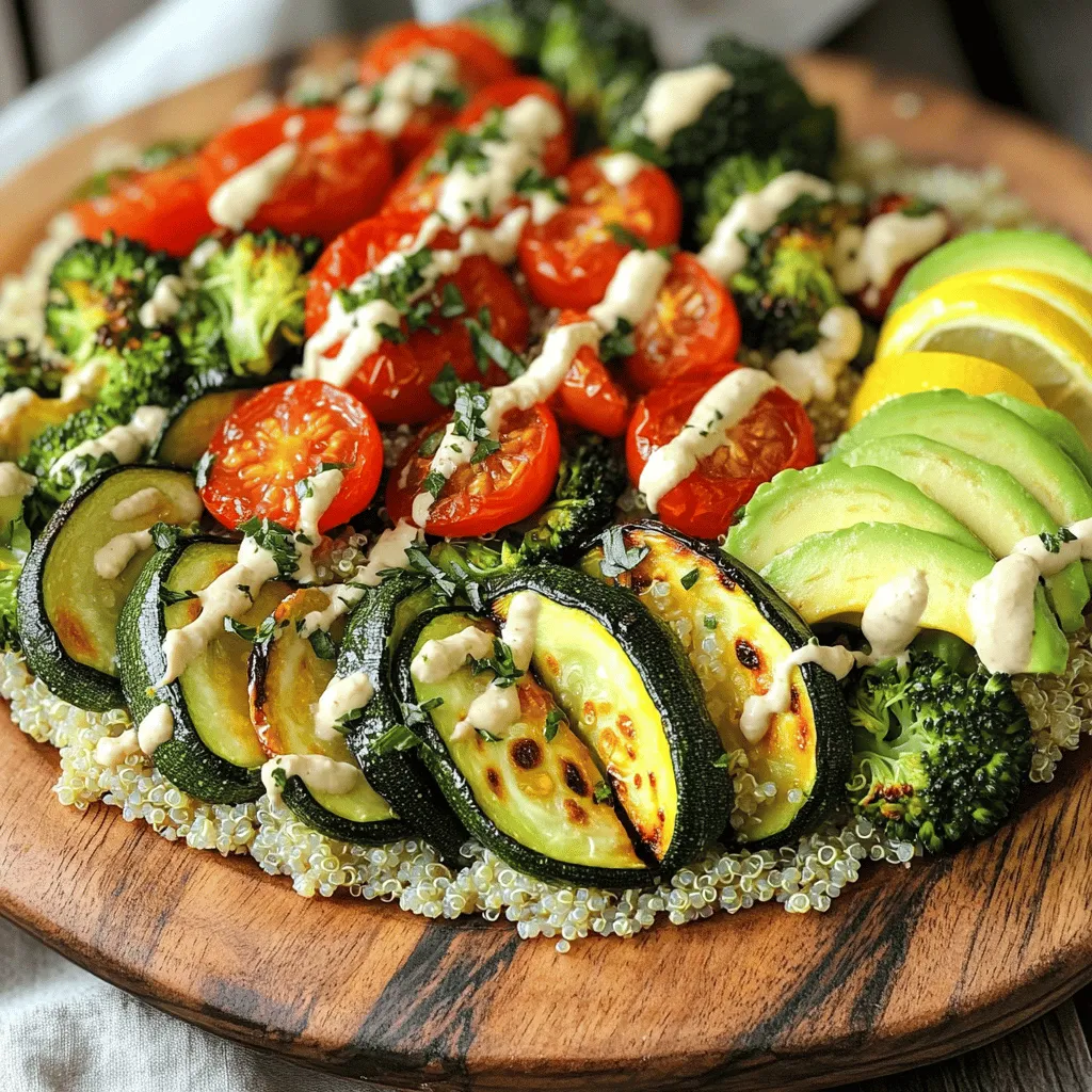 Roasted veggie grain bowls are simple and tasty. Here are the key ingredients you need: - 1 cup quinoa, rinsed - 2 cups vegetable broth - 1 zucchini, diced - 1 red bell pepper, diced - 1 cup cherry tomatoes, halved - 1 cup broccoli florets - 2 tablespoons olive oil - 1 teaspoon garlic powder - 1 teaspoon smoked paprika - Salt and pepper to taste Each ingredient adds flavor and texture. Quinoa serves as a protein-rich base. Zucchini and bell pepper bring crunch and sweetness. Cherry tomatoes add juiciness, while broccoli offers a nice bite. You can make your bowls even better with toppings and dressings. Here are some great options: - 1 avocado, sliced - ¼ cup tahini - 2 tablespoons lemon juice - Fresh herbs (e.g., parsley or cilantro) for garnish Avocado adds creaminess. Tahini provides a nutty flavor, and lemon juice brightens everything up. Fresh herbs add a pop of color and freshness. Each ingredient in your roasted veggie grain bowl packs a punch. Here’s a closer look: - Quinoa: Full of protein and fiber. It helps keep you full and satisfied. - Zucchini: Low in calories but high in vitamins A and C. Great for skin health. - Red Bell Pepper: Rich in antioxidants. They support your immune system. - Cherry Tomatoes: Provide lycopene, which benefits heart health. - Broccoli: High in vitamins K and C. It has anti-inflammatory properties. - Olive Oil: Contains healthy fats. It can help lower cholesterol. - Tahini: Good source of calcium and magnesium. It supports bone health. These ingredients not only taste great but also offer many health benefits. Enjoy crafting your bowls! Start by rinsing the quinoa in cold water. This removes any bitterness. In a medium pot, bring the vegetable broth to a boil. Add the rinsed quinoa, lower the heat, and cover. Let it simmer for about 15 minutes. The quinoa will soak up the broth and become fluffy. After 15 minutes, remove it from heat and let it sit covered for 5 minutes. Next, prepare your vegetables. Dice the zucchini and red bell pepper. Cut the cherry tomatoes in half. Break the broccoli into small florets. You can use fresh or frozen broccoli. Both work well here. Preheat your oven to 425°F (220°C). Take a large baking sheet and spread out the diced zucchini, red bell pepper, cherry tomatoes, and broccoli florets. Drizzle olive oil over the veggies. Sprinkle garlic powder, smoked paprika, salt, and pepper on top. Toss everything together until the veggies are well-coated. Roast the vegetables for 20-25 minutes. Stir them halfway through roasting. This helps them cook evenly. You want them tender and slightly caramelized. That’s when they taste best! Now, it’s time to put everything together. Grab your serving bowls and divide the cooked quinoa among them. Top each bowl with the roasted veggies. Add slices of avocado on top for creaminess. In a small bowl, mix tahini and lemon juice with a pinch of salt. If it’s too thick, add a little water. Drizzle this tahini sauce over each bowl. Finally, garnish with fresh herbs like parsley or cilantro. This adds color and flavor. Your roasted veggie grain bowls are now ready to enjoy! For the full recipe, check above. Start with fresh veggies for great taste. I love using seasonal produce for the best flavor. Wash and chop your vegetables evenly. This helps them cook at the same speed. Use olive oil to coat your veggies. This adds flavor and helps them roast well. Sprinkle garlic powder and smoked paprika for a nice kick. Adjust salt and pepper to your taste. Preheat your oven to 425°F (220°C). This high heat gives veggies a nice char. Spread your veggies in a single layer on the baking sheet. Crowding them can lead to steaming instead of roasting. Stir them halfway through cooking. This ensures even browning and tenderness. Roast until they are soft and slightly caramelized. This usually takes about 20-25 minutes. Cook your quinoa in advance. Store it in the fridge for up to four days. Chop veggies ahead of time and keep them in airtight containers. This saves time on busy nights. You can roast a big batch of veggies. They can last in the fridge for up to five days. Mix and match your ingredients for variety. Try adding different grains or sauces for new flavors. For a quick meal, just assemble your bowls and enjoy! For the full recipe, check out my detailed guide! {{image_2}} If you want to mix things up, try using other grains. Quinoa is great, but you can also use brown rice, farro, or barley. Each grain has its own taste and texture. Brown rice gives a chewy bite, while farro adds a nutty flavor. If you’re gluten-free, go for rice or quinoa. These grains all work well with roasted veggies. Using seasonal veggies adds freshness to your grain bowl. In spring, try asparagus and peas. Summer is perfect for corn and zucchini. Fall brings sweet potatoes and Brussels sprouts. In winter, use root veggies like carrots and beets. Choose what looks good at the market. This keeps your meals exciting and tasty. You can play with flavors using different seasonings. Try Italian herbs like oregano and basil for a fresh twist. For a spicy kick, add chili flakes or cayenne pepper. If you love Asian flavors, use sesame oil and soy sauce. You can mix and match to find your favorite taste. Get creative with spices to make each bowl special. For the full recipe, check out the details provided earlier. To keep your roasted veggie grain bowls fresh, store them in airtight containers. This helps prevent sogginess and keeps flavors intact. Make sure to cool the bowls to room temperature before sealing. Store the quinoa, veggies, and tahini sauce separately if possible. This keeps everything tasting great when you reheat it. When you’re ready to enjoy your leftovers, reheat them gently. Use the microwave on medium power for about 1-2 minutes. Stir halfway through to ensure even heating. If you prefer, you can reheat the bowls in a pan over low heat. Add a splash of water or broth to keep the quinoa moist. You can freeze your roasted veggie grain bowls for future meals. Portion them into freezer-safe containers, leaving some space for expansion. They can last in the freezer for up to three months. To enjoy, thaw them overnight in the fridge. Then, reheat as mentioned above for a quick and tasty meal. For a complete guide on creating this dish, check out the Full Recipe. You can use many grains in your roasted veggie bowls. Quinoa is my favorite for its nutty taste and high protein. Brown rice is another great choice; it adds a chewy texture. Farro or barley can also work well if you want something different. Even couscous can fit nicely in this dish. Each grain brings its own flavor and health benefits. Yes, you can easily make this recipe vegan and gluten-free. The base of the grain bowl is naturally vegan. Just use gluten-free grains, like quinoa or rice. For toppings, ensure any sauces or dressings are vegan. The tahini sauce is already vegan, making it easy to enjoy. Just check labels on each ingredient to be sure. Roasted vegetables can last about 3 to 5 days in the fridge. Store them in a sealed container to keep them fresh. If you notice any smell or change in color, it's best to toss them. Reheat them gently to enjoy their flavors again. You can add them back to your grain bowl for a quick meal. You can serve many sides with grain bowls. A simple green salad works well and adds some crunch. Roasted or steamed vegetables can complement the flavors. A light soup, like tomato or vegetable, can be a warming side. For a protein boost, you might add some beans or chickpeas. These sides help round out your meal nicely. Roasted veggie grain bowls are easy to make and nutritious. We explored key ingredients, step-by-step cooking, and helpful tips. You can customize these bowls with seasonal veggies and various grains. Proper storage keeps leftovers fresh, enhancing your meals all week. Enjoy experimenting and finding your favorite flavor combinations. You’ll love creating delicious, healthy dinners.