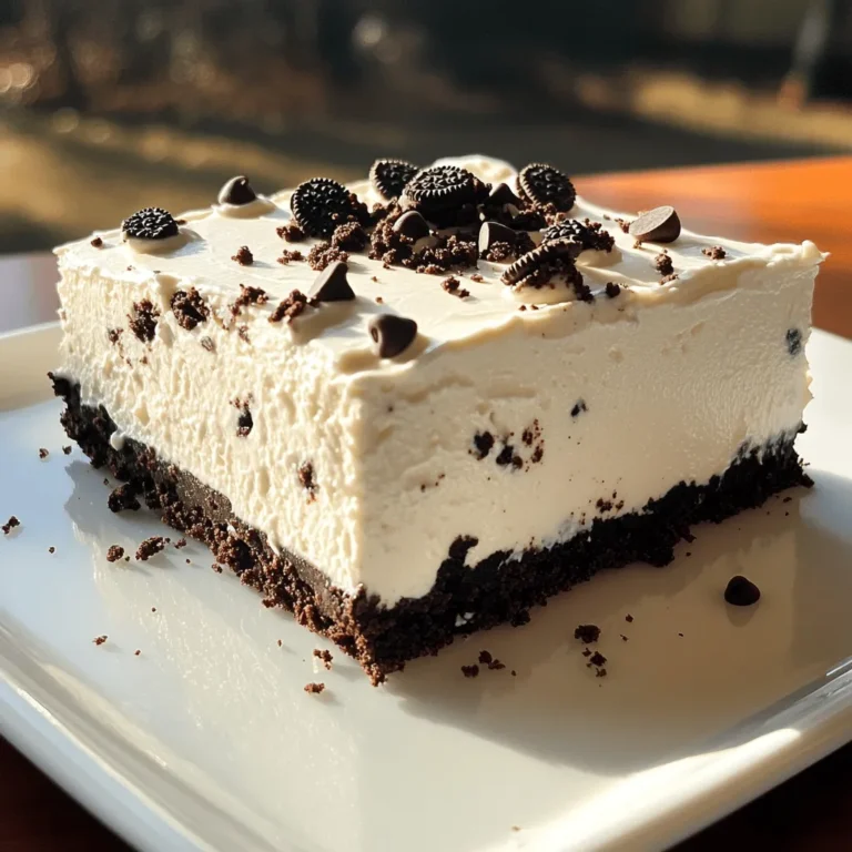 To make a No-Bake Oreo Cheesecake, you need a few key items. Here’s what you’ll need: - 24 Oreo cookies (plus extra for garnish) - 4 tablespoons unsalted butter, melted - 16 oz cream cheese, softened - 1 cup powdered sugar - 1 teaspoon vanilla extract - 1 cup heavy whipping cream - 1/2 cup mini chocolate chips (optional) These ingredients create a rich and creamy dessert that everyone loves. You can amp up the taste with a few fun additions. Consider these options: - Crushed peppermint candies for a minty twist - A splash of coffee or espresso for depth - Different flavored cookies, like peanut butter Oreos These extras can give your cheesecake a unique flair. If you’re missing an item, don’t worry! Here are some swaps you can use: - Use gluten-free cookies if you need a gluten-free option. - For a lighter version, try low-fat cream cheese. - Sour cream can replace some cream cheese for tanginess. These substitutions help you customize the recipe to suit your taste or dietary needs. Always remember to check for allergies when serving to others. For the full recipe, you can refer to the details shared above. Enjoy creating this delightful dessert! To start, gather your ingredients. You need 24 Oreo cookies and 4 tablespoons of melted butter. Place the cookies in a food processor. Crush them into fine crumbs. Once you have crumbs, add the melted butter. Pulse the mixture until it's well combined. This should look like wet sand. Next, take a 9-inch springform pan. Press the Oreo mixture firmly into the bottom. Make sure it is even and compact. This crust will hold everything together. Now, put the pan in the refrigerator. Let it chill while you make the filling. Now, let’s focus on the cheesecake filling. You’ll need 16 oz of softened cream cheese, 1 cup of powdered sugar, and 1 teaspoon of vanilla extract. In a large bowl, beat the cream cheese until smooth with an electric mixer. Gradually add the powdered sugar and vanilla. Mix until fully combined. In another bowl, pour in 1 cup of heavy whipping cream. Whip it until stiff peaks form. This will make your cheesecake light and fluffy. Gently fold the whipped cream into the cream cheese mixture. If you like, fold in 1/2 cup of mini chocolate chips for extra flavor. Now, let’s bring it all together. Take the chilled Oreo crust from the refrigerator. Spoon the cheesecake filling over the crust. Smooth the top with a spatula for a nice finish. Cover the pan with plastic wrap. Place it back in the refrigerator and let it chill for at least 4 hours. For the best results, let it chill overnight. This helps the cheesecake set firmly. Once set, remove the cheesecake from the springform pan. Garnish with crushed Oreo cookies on top. Now, slice it into wedges and serve. Enjoy your creamy, delicious no-bake Oreo cheesecake! For the complete recipe, check out the [Full Recipe]. When making a no-bake Oreo cheesecake, avoid overmixing your cream cheese. This can make it too runny. Also, don’t forget to chill the crust before adding the filling. A warm crust can melt the filling. Lastly, use softened cream cheese. Cold cream cheese does not mix well and can cause lumps. To get a smooth texture, beat the cream cheese until creamy before adding sugar. Mix slowly when adding the whipped cream. This keeps the air in the mixture, making it light. If you want a firmer cheesecake, chill it longer. I recommend overnight for the best results. You can make your cheesecake even better. Try adding mini chocolate chips for a fun crunch. You might also mix in crushed Oreos for extra flavor. If you like a hint of coffee, add a teaspoon of espresso powder. This adds depth without overpowering the Oreo flavor. For a fruity twist, use a layer of fruit puree on top. It looks great and tastes amazing! For more details, check out the Full Recipe. {{image_2}} You can have fun with flavors! Instead of Oreos, try using other cookies. For a classic taste, use graham crackers. If you love chocolate, use chocolate sandwich cookies. You can even mix in fruit flavors. Adding lemon or strawberry can brighten your cheesecake. Just swap the cookie crust and adjust the filling to match your new flavor. Want a lighter version? You can use low-fat cream cheese. It still tastes great! Substitute Greek yogurt for some of the cream cheese. This adds protein and cuts fat. You can also use a sugar substitute if you want fewer calories. For the crust, replace regular cookies with whole grain options. These swaps help make a lighter cheesecake without losing the taste. Toppings can change the whole dessert! Besides crushed Oreos, think about fresh fruit. Strawberries and raspberries add color and flavor. You can drizzle chocolate or caramel sauce on top. Whipped cream is always a hit too. For a fun crunch, sprinkle nuts or toffee bits on each slice. Get creative and mix different toppings for a unique look and taste! For the full recipe, check out the details above. Enjoy making your own variations! To keep your No-Bake Oreo Cheesecake fresh, cover it tightly with plastic wrap. You can also use an airtight container. Store it in the refrigerator. It will stay good for up to five days. Make sure it is fully set before covering it. This will help keep the texture perfect. If you want to keep your cheesecake longer, freezing is a great option. First, let the cheesecake chill completely in the fridge. Then, wrap it in plastic wrap, and follow with aluminum foil. This double layer helps prevent freezer burn. It can last up to three months in the freezer. To enjoy it, move the cheesecake to the fridge to thaw overnight. When serving leftovers, use a sharp knife to cut clean slices. Wipe the knife after each cut for neat edges. If you have extra toppings, like whipped cream or chocolate sauce, add them right before serving. This keeps them fresh and tasty. Enjoy your leftovers within three days for the best flavor! It takes about 4 hours for the cheesecake to set. For the best results, chill it overnight. This gives the filling time to firm up. You want it to hold its shape when you slice it. If you rush this step, the cheesecake may be too soft. You need both cream cheese and whipped cream for this recipe. Cream cheese adds the rich flavor. The whipped cream makes the cheesecake light and fluffy. If you only use cream cheese, it will be too dense. Stick to the recipe for the best taste. To cut a no-bake cheesecake, use a sharp knife. Dip the knife in hot water and wipe it dry before cutting. This method helps create clean slices. You can also use a thin spatula to lift out each piece. Enjoy serving this beautiful dessert! This blog covered how to make a no-bake Oreo cheesecake step by step. We explored essential and optional ingredients, plus tips for perfect texture. I also shared variations to make this dessert fit your taste and healthier choices. Finally, I included storage methods and answers to common questions. You now have the tools to create a delicious cheesecake and impress everyone. Enjoy making this tasty treat!