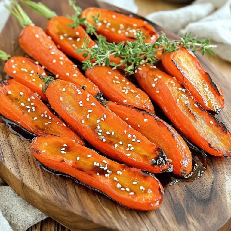 - Young carrots - Honey - Balsamic vinegar - Olive oil - Fresh or dried thyme - Salt - Pepper - Optional sesame seeds For this recipe, you need 1 pound of young carrots. Peel and cut them in half lengthwise. Use 2 tablespoons each of honey, balsamic vinegar, and olive oil. Add 1 teaspoon of fresh thyme leaves or ½ teaspoon of dried thyme. Season with salt and pepper to taste. If you want extra crunch, include 1 tablespoon of sesame seeds. Choosing the right carrots matters. Look for young, tender carrots that are bright orange and firm. This ensures a sweet taste and a nice texture. For the honey, select pure honey without additives. Use quality balsamic vinegar for a rich flavor. Extra virgin olive oil enhances the dish with its fruity notes. These choices make a big difference in your Honey Balsamic Roasted Carrots. First, you need to preheat your oven to 400°F (200°C). This step is key for evenly roasting your carrots. While the oven warms up, prepare your baking sheet. Line it with parchment paper. This makes cleanup easier later. It helps the carrots not stick. Next, grab a large mixing bowl. In that bowl, whisk together the honey, balsamic vinegar, and olive oil. Make sure to add the fresh thyme, salt, and pepper too. Whisk until the mixture is well combined. This honey-balsamic blend gives the carrots a sweet and tangy flavor. Now, add the peeled and halved carrots to the bowl. Toss them well in the honey-balsamic mixture. You want every piece to be coated. Then, spread the carrots out on the prepared baking sheet. Lay them in a single layer for the best roasting. Roast the carrots in your preheated oven for 25-30 minutes. Stir them halfway through for an even roast. You want them to be tender and slightly caramelized. When they are done, take them out and drizzle any leftover glaze from the baking sheet over the carrots. If you like, sprinkle some sesame seeds on top for extra crunch. Serve warm for a tasty side dish. You can find the full recipe for more details. For perfect roasted carrots, set your oven to 400°F (200°C). This temperature helps caramelize the carrots. They will turn tender and sweet. Don’t rush this step. Roasting takes about 25 to 30 minutes. Stir the carrots halfway through. This ensures even cooking and color. Even coating is key for great taste. When you mix the carrots with the honey-balsamic glaze, toss them well. Make sure every piece is coated. This way, each carrot takes on that sweet and tangy flavor. Stirring while they roast is also important. It helps the glaze stick and creates a nice caramel on the carrots. For a beautiful presentation, serve the carrots warm on a large platter. You can garnish with fresh thyme sprigs. A sprinkle of sesame seeds adds crunch and color. This not only looks nice but also enhances the flavor. For more tips, check out the Full Recipe for additional serving ideas. {{image_2}} You can easily change the sweetener in this dish. Maple syrup is a great choice. It adds a rich, earthy flavor. Agave syrup is another option. It is milder and works well too. Each sweetener gives a unique taste. Just use the same amount as honey in the recipe. You can mix in other veggies for more color and taste. Try adding parsnips or beets. These root veggies roast nicely with carrots. You can also add bell peppers for a pop of color. Just cut them into similar sizes for even cooking. This way, every bite is packed with flavor. Adding herbs and spices can make this dish even better. Fresh rosemary or dill can boost the flavor. You might also try a pinch of cumin for warmth. A dash of red pepper flakes can add heat. Experiment with what you like best. Each addition can turn this dish into your own special recipe. For the full recipe, check the earlier sections! After you enjoy your honey balsamic roasted carrots, store any leftovers in an airtight container. They will stay fresh in the fridge for about 4 to 5 days. Make sure the carrots cool down before sealing them. This will help prevent moisture build-up. To reheat your carrots, you have a few easy options. You can microwave them for about 1 to 2 minutes. Stir halfway to heat evenly. Another method is to use the oven. Preheat it to 350°F (175°C) and warm the carrots for about 10 minutes. This will help keep them tender. If you want to freeze your roasted carrots, first let them cool completely. Place them in a freezer-safe bag and remove as much air as possible. They can last up to 3 months in the freezer. When you're ready to eat them, defrost overnight in the fridge. Reheat them in the oven or microwave as mentioned earlier. This way, you can enjoy this tasty side dish even later! Yes, you can use baby carrots. They save prep time and are sweet and tender. Just cut them in half lengthwise to ensure even cooking. This keeps them soft and allows the glaze to coat them well. The recipe is not vegan due to honey. You can swap honey for maple syrup or agave nectar. Both options provide sweetness and work well with the balsamic. This makes the dish tasty without losing its appeal. Perfectly roasted carrots should be tender and slightly caramelized. You can test their doneness by poking them with a fork. If they slide in easily, they are ready. The edges will have a nice golden color, adding flavor. Adding nuts or seeds gives the dish a nice crunch. You can sprinkle sesame seeds on top before serving. Alternatively, try chopped walnuts or pecans for more texture. These additions can enhance the flavor and make the dish unique. This blog covered the ingredients and steps to make delicious roasted carrots. We explored quality choices, cooking methods, and creative variations. Remember to pay attention to roasting times for the best flavor and texture. You can also customize your dish with different herbs or vegetables. Store leftovers properly to enjoy later. With these tips, you’ll create a tasty side that shines on your table. Dive into cooking and make this simple yet delicious recipe your own!