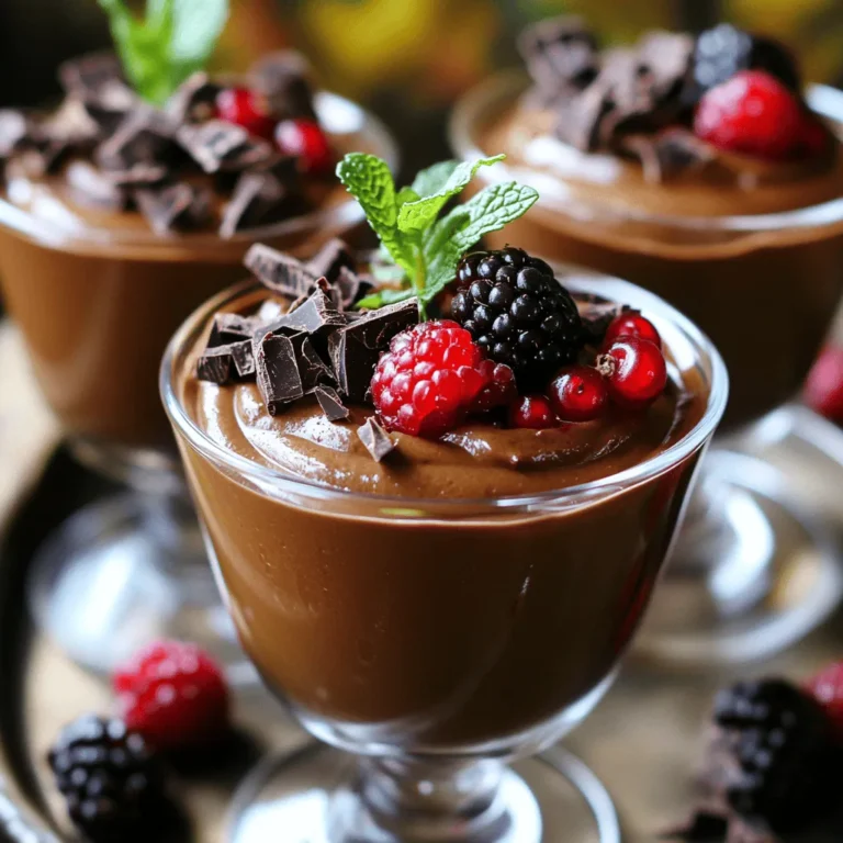 - 2 ripe avocados, peeled and pitted - 1/2 cup unsweetened cocoa powder - 1/4 cup maple syrup (or honey) - 1/4 cup almond milk (or any milk of your choice) - 1 teaspoon vanilla extract - A pinch of sea salt - Dark chocolate shavings or berries for garnish (optional) You can swap maple syrup for agave syrup or date syrup. These options give similar sweetness. If you want a sugar-free version, try using a sugar substitute. For non-dairy milk, coconut milk or soy milk work well. Each milk adds a unique flavor and texture. The health benefits of each ingredient are notable. Avocados provide healthy fats and fiber. Cocoa powder is rich in antioxidants. Maple syrup and honey add natural sweetness and vitamins. Almond milk is low in calories and dairy-free. This dessert is not just tasty; it’s also good for you! For those who want to add a twist, consider adding a dash of espresso powder. This can enhance the chocolate flavor. Try using different toppings like crushed nuts for added crunch. Each ingredient brings a special touch to the mousse. You can learn more about these ideas in the [Full Recipe]. To make your chocolate avocado mousse, start by gathering your ingredients. You will need ripe avocados, cocoa powder, maple syrup, almond milk, vanilla extract, and a pinch of sea salt. 1. In a food processor, add the avocados and cocoa powder. 2. Pour in the maple syrup and almond milk. 3. Add the vanilla extract and sea salt. 4. Blend the mixture on high until it is creamy and smooth. 5. If you notice lumps, scrape down the sides of the bowl. This ensures even blending. Achieving a creamy texture is crucial for this mousse. The smoother it is, the better it will taste. If it feels too thick, add a little more almond milk. Blend again until smooth. After blending, transfer the mousse into serving cups or bowls. For the best flavor, chill it in the refrigerator for at least 30 minutes. This helps the mousse firm up and allows the flavors to meld beautifully. When serving, choose elegant glass cups to showcase the rich, dark color of the mousse. You can garnish with dark chocolate shavings or fresh berries. A sprig of mint adds a nice touch too. This will make your dessert look fancy and appetizing. For the full recipe, refer to the earlier section. Enjoy your simple and satisfying treat! How to know if your mousse is ready You want your mousse to be smooth and creamy. It should not feel grainy or chunky. Blend until it feels silky. If you see any lumps, keep blending. The mousse should easily fall off a spoon. Adjusting sweetness post-blending After blending, taste your mousse. If you want it sweeter, add more maple syrup or honey. Blend again for a few seconds. Always taste before adding more. This way, you keep control over the sweetness. Common mistakes to avoid 1. Don't rush the blending. Take your time for a smooth texture. 2. Avoid using unripe avocados. They will not blend well and taste bitter. 3. Don’t skip chilling. It helps the mousse firm up and flavors blend. Recommended kitchen tools for easy preparation You’ll need a good food processor or blender. A spatula helps scrape down the sides. Use measuring cups for accurate amounts. Bowls for serving are also nice. Food processor vs. blender: which to use? Both work well, but I prefer a food processor. It blends better for this creamy dessert. A blender may work too, but watch for lumps. If you have both, try the food processor first. {{image_2}} If you want to tweak this chocolate avocado mousse, you have great options. - Vegan Chocolate Avocado Mousse: To make it vegan, swap maple syrup for agave syrup. Use plant-based milk, like coconut or soy. This keeps the mousse creamy and rich without any animal products. - Keto-friendly adaptation: For a keto version, use erythritol instead of maple syrup. This keeps sugar low while still giving a sweet taste. Also, try using unsweetened coconut milk for a richer flavor. - Flavored variations: You can add fun flavors. Mix in a shot of espresso for coffee lovers. A few drops of peppermint extract can give a refreshing twist. Try orange zest for a zingy surprise. Serving this mousse can be just as fun as making it. - Pairing options: Fresh fruits like strawberries or raspberries pair well. Nuts like chopped almonds or walnuts add a nice crunch. You can also top it with coconut flakes for extra flavor. - Creative dessert ideas: Use the mousse as a filling in pastries or cakes. It can be a layer in a parfait with yogurt and granola. You can even spread it on toast for a decadent breakfast treat. Check out the Full Recipe for more details on how to make this delightful treat! To store leftovers, put the mousse in an airtight container. This keeps it fresh and prevents it from absorbing other smells. The mousse can last in the fridge for about 2 to 3 days. If you see any browning, just give it a quick stir before eating. You do not need to heat the mousse. This dessert is best served cold. If you want to use the mousse in other treats, try it in parfaits or as a cake filling. You can also spread it on toast or mix it into smoothies for a sweet boost. Enjoy being creative with this delicious treat! Can I use frozen avocados? Yes, you can use frozen avocados. Just thaw them before blending. Frozen avocados still give a creamy texture. What makes this dessert healthy? This dessert is healthy because it uses avocados. Avocados provide good fats, fiber, and vitamins. They replace heavy cream found in traditional mousse. How do I make this mousse sugar-free? To make this mousse sugar-free, use a sugar substitute. Try stevia or erythritol instead of maple syrup. Start with a small amount and adjust to taste. Why does my mousse taste too strong? If your mousse tastes too strong, it may have too much cocoa. Reduce the cocoa powder next time. You can also add more maple syrup to balance the flavor. What if my mousse didn't set properly? If your mousse didn't set, you might need more chill time. Refrigerate it longer to firm up. If it’s still too soft, add more cocoa powder next time. Can I make this dessert ahead of time? Yes, you can make this dessert ahead of time! Just store it in the fridge for up to three days. It tastes even better after resting. Caloric content per serving Each serving of this mousse has about 200 calories. This includes healthy fats and nutrients from the avocados. Health benefits of avocado in desserts Avocados add creaminess and nutrients. They are rich in heart-healthy fats. This makes your dessert filling and nutritious. How does this compare to traditional mousse? This avocado mousse has fewer calories than traditional mousse. Traditional mousse often uses cream and sugar. This recipe uses avocados for a healthier twist. This blog post shared how to make a rich and creamy chocolate avocado mousse. We explored the key ingredients, alternatives, and health benefits. You learned the steps to blend and chill for the right texture. I covered tips for consistency and variations to fit your diet. Lastly, we discussed storage and common questions. Enjoy creating this dessert that’s both tasty and good for you!