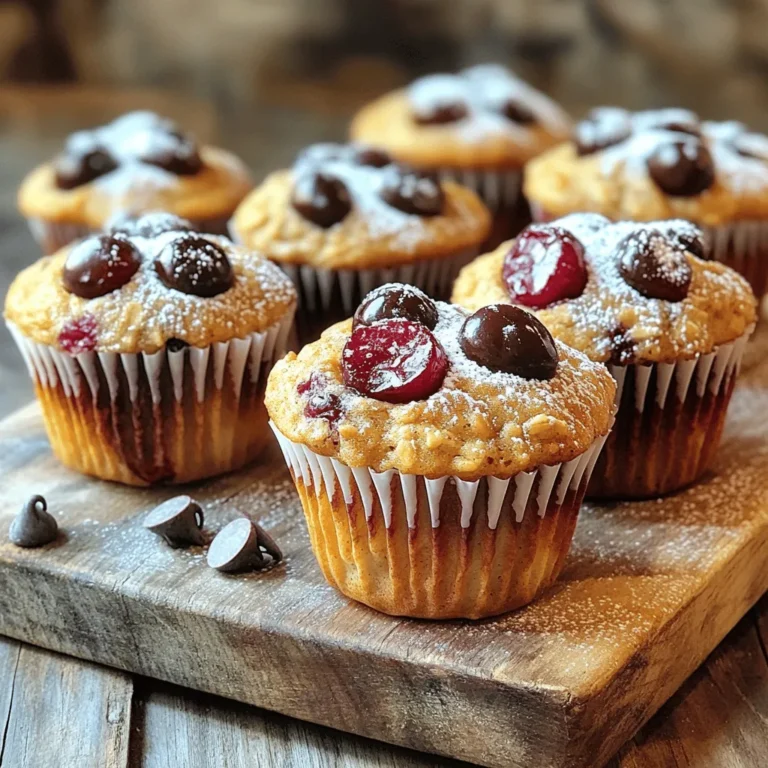 - 1 cup rolled oats - 1 cup milk (or almond milk) - 1 cup all-purpose flour - 1/2 cup brown sugar, packed - 1/4 cup granulated sugar - 1/2 teaspoon baking powder - 1/2 teaspoon baking soda - 1/4 teaspoon salt - 1/2 teaspoon cinnamon - 1/3 cup vegetable oil - 2 large eggs - 1 teaspoon vanilla extract - 1 cup fresh or frozen cherries, pitted and halved - 1/2 cup semi-sweet chocolate chips - Almonds or walnuts for added crunch - Dark chocolate chips for a richer flavor - Oat or almond flour as a gluten-free alternative I love using fresh ingredients for my Cherry Oatmeal Chocolate Chip Muffins. The oats give a great texture and flavor. I often use rolled oats, as they hold up well in baking. Milk or almond milk helps to soften the oats and adds moisture. Using all-purpose flour keeps the muffins light and fluffy. The brown sugar adds a rich taste, while the granulated sugar gives sweetness. Baking powder and baking soda help the muffins rise. I never skip the cinnamon; it adds warmth that pairs perfectly with cherries and chocolate. Vegetable oil keeps the muffins moist. Eggs bind the ingredients and add richness. Vanilla extract is a must for a lovely aroma. I usually use fresh cherries, but frozen ones work just as well. They burst with flavor when baked. The semi-sweet chocolate chips melt into gooey pockets of goodness. For extra crunch, I like to add almonds or walnuts. Dark chocolate chips offer a deeper taste, and oat or almond flour can make it gluten-free. With these ingredients, you can create a delightful treat. If you want to try the full recipe, it's available in this article. - Preheat oven to 375°F (190°C). - Prepare muffin tin with liners or cooking spray. - Combine rolled oats and milk; let sit for 10 minutes. - Whisk dry ingredients in a separate bowl. - Mix wet ingredients with soaked oats; combine with dry ingredients. - Fold in cherries and chocolate chips gently. - Fill muffin cups and bake for 18-20 minutes. - Check doneness with a toothpick. Follow these steps closely, and you will enjoy delicious muffins. The combination of oats, cherries, and chocolate creates a flavor that feels special. The process is simple and fun, making it perfect for all skill levels. Don't forget to check the full recipe for more details. Enjoy your baking! - Use room temperature ingredients for better mixing. - Avoid overmixing the batter to keep muffins light and fluffy. - Experiment with spices like nutmeg or vanilla bean for a twist. - Add a pinch of sea salt on top before baking for a nice contrast. - Substitute sugars with natural sweeteners like honey or maple syrup. - Add a scoop of protein powder for an added health boost. When you bake these Cherry Oatmeal Chocolate Chip Muffins, these tips can make a big difference. Following them will help you achieve the best flavor and texture. You can find the full recipe above to guide you through the baking process. Enjoy your time in the kitchen! {{image_2}} You can easily switch up the fruits in these muffins. Instead of cherries, try using blueberries or raspberries. They add a juicy burst of flavor. You can also add banana to the mix. This gives a soft texture and a sweet twist. If you want a vegan option, it’s simple! Use flax eggs and non-dairy milk. This makes the muffins plant-based. You can also make them gluten-free. A gluten-free flour blend works great in this recipe. The type of chocolate can change the taste. For a sweeter flavor, use milk chocolate chips. If you prefer a richer taste, add cacao nibs. They offer a less sweet and more intense chocolate experience. You can store your muffins at room temperature. Place them in an airtight container. They will stay fresh for up to 3 days. For longer freshness, refrigerate them. They can last up to 1 week in the fridge. If you want to save muffins for later, freeze them. Use freezer-safe bags and keep them for up to 3 months. When you are ready to eat, just reheat them. You can use the microwave or the oven for warming. Enjoy your muffins at their best! Insert a toothpick into the center; it should come out clean. Yes, they can be baked in advance and stored or frozen. You can substitute with frozen cherries or other fruits. Add vanilla or almond extract for extra flavor. They contain oats and fruit, which provide fiber and nutrients, making them a healthier snack option. Yes, but expect a slightly different texture in the final muffins. These muffins pair well with coffee or tea for breakfast or a snack. Microwave for 20-30 seconds or bake at 350°F (175°C) for 10-15 minutes. Check the recipe section in this article for the full breakdown. You now know everything you need to make Cherry Oatmeal Chocolate Chip Muffins. We covered the key ingredients, preparation steps, and helpful tips. You can swap fruits and adjust for diets, too. Remember, these muffins are tasty and packed with nutrients. Enjoy them fresh or store them for later. Get creative with flavors and share your experience with others. Happy baking!