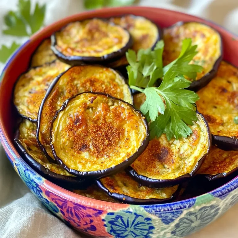- Large eggplant - Olive oil - Garlic powder - Smoked paprika - Sea salt - Black pepper - Optional spices for variation To make these baked eggplant chips, you will need a few simple ingredients. You start with a large eggplant. The eggplant gives the chips their great flavor and unique texture. Next, you need olive oil. This adds richness and helps the chips crisp up. Garlic powder brings a nice savory taste. Smoked paprika adds a warm, smoky flavor that pairs well with the eggplant. Sea salt enhances all the flavors and balances the dish. Black pepper adds a little kick. You can also use optional spices. Consider adding cayenne pepper for heat or herbs for freshness. - Calories: Approximately 100 per serving - Fat: 4g - Fiber: 8g - Protein: 2g Eggplant is low in calories but high in fiber. This makes it a great snack option. The fiber helps keep you full longer. Plus, eggplant contains antioxidants. These can help protect your body from damage. Eating eggplant may also support heart health. This makes baked eggplant chips a smart choice for a crunchy snack. First, preheat your oven to 425°F (220°C). This step ensures even cooking. Next, line a baking sheet with parchment paper. This helps the chips not stick. Now, wash the eggplant. Slice it into thin rounds, about 1/8 inch thick. Thin slices cook better and get crispy. After slicing, place the eggplant in a colander. Sprinkle a little salt on the slices. This draws out moisture and removes bitterness. Let the slices sit for about 30 minutes. Rinse them under cold water and pat them dry with paper towels. In a large bowl, mix the olive oil, garlic powder, smoked paprika, sea salt, black pepper, and optional cayenne pepper for heat. Toss the dried eggplant slices in the seasoning until they are well coated. This adds flavor to every bite. Now, arrange the eggplant slices on the prepared baking sheet. Be sure they are in a single layer and not overlapping. This allows them to cook evenly. Bake in the preheated oven for 20-25 minutes. Flip the slices halfway through to ensure both sides get crispy. Keep a close watch to prevent burning. Once they are golden brown and crispy, take them out. Let the chips cool on the baking sheet for a few minutes. This cooling time makes them crunchier. For a full recipe, check the details above. Enjoy your crispy and crunchy eggplant chips! To get that perfect crisp, we need to remove moisture from the eggplant. Moisture makes chips soggy. After slicing the eggplant, sprinkle it with salt. Let it sit in a colander for about 30 minutes. This step pulls out excess water and bitterness. Rinse and pat the slices dry. The thickness of your slices matters too. Aim for about 1/8 inch thick slices. Thinner slices will crisp up better. If they are too thick, they may not cook evenly. Get creative with seasoning! Garlic powder and smoked paprika are great, but you can add your twist. Try onion powder, Italian herbs, or even a dash of curry powder. For heat, cayenne pepper works well. Pair your chips with tasty dipping sauces. A cool yogurt dip or spicy salsa can elevate your snack. Hummus is another yummy choice. Experiment to find what you love! Presentation can make your chips pop! Serve them in a colorful bowl or on a wooden platter. Layer them high for a fun look. Garnish with fresh herbs like parsley or cilantro for a splash of color. You can also add a squeeze of lemon on top just before serving. It adds a bright flavor and looks appealing. Enjoy your chips in style! {{image_2}} If you want to add some heat to your eggplant chips, try cayenne or chili powder. Simply mix in ½ teaspoon of cayenne with your seasoning. This will kick up the flavor and make your snack exciting. The spice pairs well with the natural taste of eggplant. You can adjust the amount based on how much heat you like. For a milder option, start with just a pinch. Enjoy the extra zing with every bite! Adding fresh or dried herbs can elevate your eggplant chips. Try basil, oregano, or thyme for a flavor boost. Mix 1 teaspoon of your chosen herbs into the seasoning. This will give your chips a fresh and aromatic touch. You can use fresh herbs for a brighter taste or dried herbs for convenience. Feel free to experiment with different combinations. Each herb brings a unique flavor to the table! If you want to switch things up, consider using an air fryer or dehydrator. Both methods can make your chips even crispier and healthier. An air fryer cooks the chips quickly with less oil, while a dehydrator retains more nutrients. Just adjust the cooking time based on your method. For air frying, try 15-20 minutes at 375°F. Dehydrating may take a few hours but yields great results. Enjoy a guilt-free snack that’s still full of flavor! To keep your baked eggplant chips crispy, store them in an airtight container. Make sure they are completely cool before sealing. If you stack them, place parchment paper between layers. This helps avoid moisture build-up. You can also use a glass jar for easy access. If you want to enjoy your chips again, reheat them in the oven. Set your oven to 350°F (175°C) and bake for about 5-10 minutes. This method helps regain their crunch. You could also use an air fryer. This adds extra crispiness in just a few minutes. Baked eggplant chips last around 3-5 days when stored properly. Look for any signs of softness or staleness before eating. If they lose their crunch or smell off, it's best to toss them. Always trust your senses! You can use several types of eggplant for baked chips. The most common is the globe eggplant. It has a smooth skin and mild taste. Asian eggplant is another good choice. It is thinner and has fewer seeds. You can also try Italian eggplant, which is smaller and sweeter. Each type changes the taste and texture a bit. So, feel free to experiment! You can make crispy eggplant chips without oil by using a few simple tricks. First, slice the eggplant thinly, just like in the recipe. Then, after salting, dry the slices well. Instead of oil, sprinkle spices directly on the damp eggplant. Using a little water helps the seasonings stick. Bake them at a high temperature until they are crispy. This method cuts calories while keeping the flavor. Baked eggplant chips pair well with many dips. Hummus is a tasty choice. It adds creaminess and flavor. You can also try salsa for a fresh kick. Other options include tzatziki, guacamole, or your favorite ranch dressing. If you want something warm, serve them with melted cheese or a warm bean dip. Each dip makes snacking even more fun! For the full recipe, check out the details above. In this blog post, we explored how to make tasty baked eggplant chips. We covered key ingredients, their nutrition, and step-by-step baking instructions. We shared tips for achieving the perfect crisp and enhancements for flavor. You learned about delicious variations and how to store your chips. Remember, eggplant is versatile, and you can use different spices to suit your taste. Try this recipe and enjoy a healthy snack that's simple to make and packed with flavor. Happy cooking!