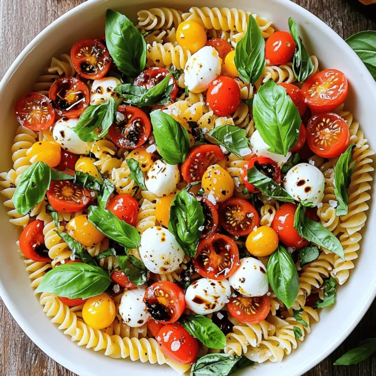 To make this Easy Caprese Pasta Salad, gather these simple ingredients: - 8 oz pasta (fusilli or penne works well) - 1 cup cherry tomatoes, halved - 1 cup fresh mozzarella balls (bocconcini), drained - 1/2 cup fresh basil leaves, torn - 3 tablespoons extra-virgin olive oil - 2 tablespoons balsamic glaze - Salt and pepper to taste - Optional: 1/4 teaspoon garlic powder for an extra kick Feel free to get creative! Here are some optional ingredients to customize your salad: - Avocado, diced - Red onion, thinly sliced - Grilled chicken or shrimp for protein - Spinach or arugula for extra greens - A squeeze of lemon juice for brightness Fresh ingredients make this dish shine. Here are some tips: - Use in-season cherry tomatoes for the best flavor. - Choose mozzarella balls that are fresh and soaked in brine. - Basil should be vibrant and green; avoid brown or wilted leaves. - Store tomatoes at room temperature for a sweeter taste. - Rinse pasta in cold water right after cooking to keep it firm and fresh. You can find the full recipe for this dish in the Easy Caprese Pasta Salad section. Enjoy making this fresh and flavorful dish! To start, fill a large pot with water and add a pinch of salt. Bring it to a boil. Once boiling, add 8 oz of pasta. I like using fusilli or penne for this dish. Cook the pasta until it's al dente, following the package instructions. When it's done, drain the pasta in a colander. Rinse it under cold water to stop the cooking. This helps keep it firm. Next, grab a large mixing bowl. In this bowl, combine the cooked pasta, 1 cup of halved cherry tomatoes, and 1 cup of fresh mozzarella balls. The tomatoes add a juicy burst. The mozzarella gives that creamy texture we love. Now, tear up 1/2 cup of fresh basil leaves and toss them into the bowl. The basil adds a fresh flavor. For the dressing, drizzle in 3 tablespoons of extra-virgin olive oil and 2 tablespoons of balsamic glaze. If you want an extra kick, sprinkle in 1/4 teaspoon of garlic powder. Gently toss all the ingredients together until everything is coated well. Season with salt and pepper to taste. Let the salad sit for 10-15 minutes. This allows the flavors to mix and deepen. After cooking the pasta, it's key to cool it quickly. Rinsing under cold water stops the cooking right away. This keeps the pasta from getting mushy. When tossing the salad, be gentle. You want to mix without breaking the mozzarella balls. If you want to add more flavor, let the salad rest. The longer it sits, the more the flavors blend. It’s like a little party for your taste buds! When it’s time to serve, you have some great options. You can use a large bowl or individual plates. For a nice touch, garnish with extra basil leaves. A drizzle of balsamic glaze on top makes it look fancy, too. This easy Caprese pasta salad is not just tasty; it looks beautiful on the table. It’s a perfect dish for gatherings, picnics, or a quick lunch at home. Enjoy the fresh and flavorful dish! When making Easy Caprese Pasta Salad, avoid these common mistakes: - Overcooking pasta: Cook pasta until it is al dente. This keeps it firm and tasty. - Skipping the rinse: Rinse cooked pasta in cold water. This stops cooking and cools it down. - Using old ingredients: Fresh ingredients make a big difference. Check dates on your cheese and tomatoes. To get the best flavor in your salad, follow these tips: - Use good olive oil: Choose high-quality extra-virgin olive oil for the best taste. - Add salt wisely: Start with a pinch of salt. You can always add more later. - Mix in fresh herbs: Fresh basil truly enhances the flavor. Tear it gently for better release of oils. Using the right tools makes cooking easier: - Large pot: A good-sized pot is key for cooking pasta. - Mixing bowl: Use a large bowl to toss all your ingredients without spilling. - Measuring spoons: Accurate measurements help with flavor balance. You can find the full recipe for Easy Caprese Pasta Salad at the beginning of this article. {{image_2}} You can easily make this salad vegetarian by changing a few ingredients. Instead of mozzarella, try using vegan cheese. You can find many good options at stores. Adding avocado gives a nice creaminess without dairy. Roasted red peppers add a sweet taste, too. This makes the salad colorful and full of flavor. If you want a heartier salad, add protein. Cooked chicken breast works well. You could also use grilled shrimp for a seafood twist. Chickpeas are great for a plant-based protein. They add fiber and keep you full. Just toss them in with the pasta and other ingredients. You can take this salad around the world with some creative twists. For a Mexican flair, add corn and black beans. Toss in some diced jalapeños for heat. If you want an Asian taste, use sesame oil instead of olive oil. Top with sliced cucumbers and a sprinkle of sesame seeds. Each twist gives the salad a new life, making it even more fun to enjoy. For the full recipe, check out the Easy Caprese Pasta Salad section. To keep your Easy Caprese Pasta Salad fresh, store it in an airtight container. This keeps moisture out and helps maintain flavor. If you have leftovers, make sure to seal them tightly. You can also use plastic wrap over a bowl for easy storage. When stored properly, the salad lasts about three days in the fridge. After that, the ingredients start to lose their texture and taste. If you notice any odd smells or changes in color, it’s best to throw it out. Fresh is always best! You generally don’t need to reheat this salad. It tastes great cold. However, if you prefer it warm, place a portion in the microwave for about 30 seconds. Stir it well and check the temperature. Heat it more if needed, but avoid overheating to keep the cheese from melting too much. For the full experience, try the Full Recipe for a delightful dish! Yes, you can make this salad ahead of time! It tastes great after chilling in the fridge. Prepare the salad, but avoid adding the dressing until you are ready to serve. This keeps the pasta and veggies fresh. You can store it in an airtight container for up to two days. Just mix in the dressing before serving for the best flavor. You have many options for pasta in Caprese salad. Fusilli and penne are popular choices. Both hold the dressing well and add a nice texture. You can also use rotini or farfalle for fun shapes. If you want a lighter dish, try using whole wheat or chickpea pasta. Each type brings a unique taste and feel to your salad. Making this salad gluten-free is easy! Simply swap regular pasta for gluten-free pasta. There are many types available, such as rice or quinoa pasta. Just cook them according to the package instructions. The rest of the ingredients remain the same. This way, everyone can enjoy a fresh and flavorful Easy Caprese Pasta Salad. For the complete recipe, check out the Full Recipe section! In this blog post, I covered the key ingredients and step-by-step instructions for making a delicious Caprese salad. I shared tips to avoid common mistakes and offered variations to suit different tastes. Remember to store your salad correctly for the best freshness. Whether you go classic or try a twist, these tips help you create a tasty dish. Enjoy your cooking journey and make every meal special!