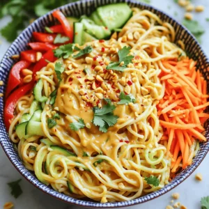- 8 oz rice noodles - 1/2 cup creamy peanut butter - 1/4 cup soy sauce - 2 tablespoons honey or maple syrup - 1 tablespoon lime juice - 1 teaspoon sesame oil - 1 red bell pepper, sliced - 1 cup shredded carrots - 1/2 cucumber, julienned - 4 green onions, sliced - 1/4 cup crushed peanuts - Fresh cilantro - Red pepper flakes (optional) To make Easy Thai Peanut Noodles, you need simple, fresh ingredients. The rice noodles serve as a great base. They soak up the sauce well. Creamy peanut butter gives the dish its rich flavor. Soy sauce adds a nice saltiness, balancing the sweetness from honey or maple syrup. Adding lime juice brings a bright taste to the sauce, while sesame oil adds depth. Fresh veggies like red bell pepper, carrots, cucumber, and green onions give the dish a nice crunch and color. For garnishes, crushed peanuts add extra texture. Fresh cilantro brightens the overall flavor. If you like heat, sprinkle some red pepper flakes on top. You can find the full recipe in this article. To start, follow the package instructions for the rice noodles. Bring a pot of water to a boil. Add the rice noodles and cook them for about 3-5 minutes. Stir them often to prevent sticking. You want them soft but not mushy. Once cooked, drain the noodles in a colander. Next, rinse the noodles under cold water. This stops the cooking process. Rinsing also helps keep the noodles from sticking together. After rinsing, set the noodles aside. In a small bowl, combine the creamy peanut butter, soy sauce, honey (or maple syrup), lime juice, and sesame oil. Use a whisk to mix everything until smooth. If the sauce is too thick, add a little water to thin it out. Always taste the sauce. You can adjust the flavors to your liking. In a large mixing bowl, add the cooked noodles. Then, toss in the sliced red bell pepper, shredded carrots, and julienned cucumber. Pour the peanut sauce over the noodle mixture. Toss everything together until the noodles are well coated. When serving, place the noodles in bowls. For a nice touch, top them with sliced green onions, crushed peanuts, and fresh cilantro. If you like some heat, sprinkle red pepper flakes on top. This adds flavor and a fun kick! Enjoy creating a beautiful presentation that will impress everyone. For the full recipe, check the details above. To get the best sauce, start with the right balance. Adjust the sweetness by adding more honey or maple syrup. If you prefer a saltier flavor, mix in a bit more soy sauce. You can also control the sauce's thickness. If you want it creamier, add more peanut butter. To make it thinner, simply whisk in a little water or lime juice until it reaches your desired texture. Prevent your rice noodles from clumping together. After cooking, rinse them under cold water. This cools them down and stops the cooking process. Toss them with a little sesame oil to keep them separate. If you cannot find rice noodles, don’t worry! You can use spaghetti or whole wheat noodles. Just cook them according to package instructions. For quick meals, consider meal prepping. Cook a large batch of noodles and make the sauce ahead of time. Store them separately in the fridge for up to three days. Using pre-cut vegetables saves time too. You can find sliced bell peppers, shredded carrots, and julienned cucumbers at many grocery stores. This makes your cooking process faster and easier. {{image_2}} You can add protein to your Easy Thai Peanut Noodles. Tofu, chicken, or shrimp work well. - Tofu: Use firm or extra-firm tofu. Press it to remove moisture. Cut it into cubes and sauté until golden. This gives it a nice texture. - Chicken: Use boneless, skinless chicken breasts. Cut them into thin strips. Cook them in a pan until fully cooked and slightly browned. - Shrimp: Use fresh or frozen shrimp. If frozen, thaw them first. Cook shrimp in a hot pan until they turn pink and opaque. Each protein option adds flavor and makes the dish more filling. You can change the flavors in your Easy Thai Peanut Noodles too. Add spices or herbs for extra taste. - Spices: Try adding garlic powder or ginger. These spices add warmth and depth. You can also add red pepper flakes for some heat. - Herbs: Fresh basil or mint can brighten the dish. Chop them finely and mix them in right before serving. You can also swap out peanut butter. Try almond or cashew butter for a different taste. You can easily adjust the recipe for different diets. - Vegan adaptations: Use maple syrup instead of honey. This keeps it plant-based while still being sweet. - Gluten-free options: Make sure to use gluten-free soy sauce or tamari. This way, people with gluten allergies can enjoy the noodles too. These adjustments make the dish accessible for all. You should refrigerate leftovers within two hours of cooking. This keeps the noodles safe to eat. Use an airtight container for the best results. Glass or plastic containers work well. Make sure to cool the noodles before sealing them. This helps avoid moisture build-up. The best way to reheat noodles is in the microwave. Place the noodles in a bowl. Add a splash of water to keep them moist. Cover the bowl with a damp paper towel. Heat in short bursts, stirring often. You can also use a skillet. Heat the noodles on low with a bit of oil. This keeps the dish fresh and tasty. Yes, you can freeze leftovers! To freeze, let the noodles cool completely. Place them in a freezer-safe container. Label the container with the date. When you're ready to eat, thaw the noodles in the fridge overnight. Reheat them gently to keep the texture nice. You can use rice noodles for this dish. They are light and soak up flavors well. If you need gluten-free options, rice noodles are perfect. You can also try other noodles like: - Soba noodles (buckwheat) - Udon noodles (thick wheat) - Whole wheat spaghetti Each type brings its own taste and texture, so feel free to experiment. Yes, you can easily make the peanut sauce ahead of time. Just mix all the ingredients as stated in the recipe. Then, store the sauce in an airtight container. You can keep it in the fridge for about one week. If you want to prepare it even earlier, you can freeze the sauce. Just thaw it in the fridge before using. This helps save time on busy days. Absolutely! Easy Thai Peanut Noodles work great for meal prep. To meal prep, cook the noodles and veggies in advance. Store them in separate containers. This keeps them fresh and crunchy. When you’re ready to eat, mix them with the peanut sauce. You can also add some protein like tofu or chicken for a balanced meal. Enjoy your delicious meal throughout the week! In this post, we explored how to make delicious Easy Thai Peanut Noodles. We looked at the main and additional ingredients, focusing on rice noodles and peanut sauce. I provided step-by-step instructions to help you create a tasty meal. You learned about variations like proteins, flavor changes, and storage tips. Now, you have the tools to enjoy this dish. Get creative with the flavors and ingredients. Whether for a quick meal or a dinner party, these noodles are sure to please. Enjoy your cooking adventure!