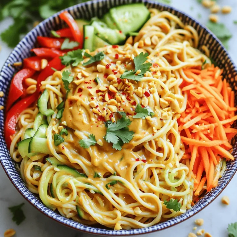- 8 oz rice noodles - 1/2 cup creamy peanut butter - 1/4 cup soy sauce - 2 tablespoons honey or maple syrup - 1 tablespoon lime juice - 1 teaspoon sesame oil - 1 red bell pepper, sliced - 1 cup shredded carrots - 1/2 cucumber, julienned - 4 green onions, sliced - 1/4 cup crushed peanuts - Fresh cilantro - Red pepper flakes (optional) To make Easy Thai Peanut Noodles, you need simple, fresh ingredients. The rice noodles serve as a great base. They soak up the sauce well. Creamy peanut butter gives the dish its rich flavor. Soy sauce adds a nice saltiness, balancing the sweetness from honey or maple syrup. Adding lime juice brings a bright taste to the sauce, while sesame oil adds depth. Fresh veggies like red bell pepper, carrots, cucumber, and green onions give the dish a nice crunch and color. For garnishes, crushed peanuts add extra texture. Fresh cilantro brightens the overall flavor. If you like heat, sprinkle some red pepper flakes on top. You can find the full recipe in this article. To start, follow the package instructions for the rice noodles. Bring a pot of water to a boil. Add the rice noodles and cook them for about 3-5 minutes. Stir them often to prevent sticking. You want them soft but not mushy. Once cooked, drain the noodles in a colander. Next, rinse the noodles under cold water. This stops the cooking process. Rinsing also helps keep the noodles from sticking together. After rinsing, set the noodles aside. In a small bowl, combine the creamy peanut butter, soy sauce, honey (or maple syrup), lime juice, and sesame oil. Use a whisk to mix everything until smooth. If the sauce is too thick, add a little water to thin it out. Always taste the sauce. You can adjust the flavors to your liking. In a large mixing bowl, add the cooked noodles. Then, toss in the sliced red bell pepper, shredded carrots, and julienned cucumber. Pour the peanut sauce over the noodle mixture. Toss everything together until the noodles are well coated. When serving, place the noodles in bowls. For a nice touch, top them with sliced green onions, crushed peanuts, and fresh cilantro. If you like some heat, sprinkle red pepper flakes on top. This adds flavor and a fun kick! Enjoy creating a beautiful presentation that will impress everyone. For the full recipe, check the details above. To get the best sauce, start with the right balance. Adjust the sweetness by adding more honey or maple syrup. If you prefer a saltier flavor, mix in a bit more soy sauce. You can also control the sauce's thickness. If you want it creamier, add more peanut butter. To make it thinner, simply whisk in a little water or lime juice until it reaches your desired texture. Prevent your rice noodles from clumping together. After cooking, rinse them under cold water. This cools them down and stops the cooking process. Toss them with a little sesame oil to keep them separate. If you cannot find rice noodles, don’t worry! You can use spaghetti or whole wheat noodles. Just cook them according to package instructions. For quick meals, consider meal prepping. Cook a large batch of noodles and make the sauce ahead of time. Store them separately in the fridge for up to three days. Using pre-cut vegetables saves time too. You can find sliced bell peppers, shredded carrots, and julienned cucumbers at many grocery stores. This makes your cooking process faster and easier. {{image_2}} You can add protein to your Easy Thai Peanut Noodles. Tofu, chicken, or shrimp work well. - Tofu: Use firm or extra-firm tofu. Press it to remove moisture. Cut it into cubes and sauté until golden. This gives it a nice texture. - Chicken: Use boneless, skinless chicken breasts. Cut them into thin strips. Cook them in a pan until fully cooked and slightly browned. - Shrimp: Use fresh or frozen shrimp. If frozen, thaw them first. Cook shrimp in a hot pan until they turn pink and opaque. Each protein option adds flavor and makes the dish more filling. You can change the flavors in your Easy Thai Peanut Noodles too. Add spices or herbs for extra taste. - Spices: Try adding garlic powder or ginger. These spices add warmth and depth. You can also add red pepper flakes for some heat. - Herbs: Fresh basil or mint can brighten the dish. Chop them finely and mix them in right before serving. You can also swap out peanut butter. Try almond or cashew butter for a different taste. You can easily adjust the recipe for different diets. - Vegan adaptations: Use maple syrup instead of honey. This keeps it plant-based while still being sweet. - Gluten-free options: Make sure to use gluten-free soy sauce or tamari. This way, people with gluten allergies can enjoy the noodles too. These adjustments make the dish accessible for all. You should refrigerate leftovers within two hours of cooking. This keeps the noodles safe to eat. Use an airtight container for the best results. Glass or plastic containers work well. Make sure to cool the noodles before sealing them. This helps avoid moisture build-up. The best way to reheat noodles is in the microwave. Place the noodles in a bowl. Add a splash of water to keep them moist. Cover the bowl with a damp paper towel. Heat in short bursts, stirring often. You can also use a skillet. Heat the noodles on low with a bit of oil. This keeps the dish fresh and tasty. Yes, you can freeze leftovers! To freeze, let the noodles cool completely. Place them in a freezer-safe container. Label the container with the date. When you're ready to eat, thaw the noodles in the fridge overnight. Reheat them gently to keep the texture nice. You can use rice noodles for this dish. They are light and soak up flavors well. If you need gluten-free options, rice noodles are perfect. You can also try other noodles like: - Soba noodles (buckwheat) - Udon noodles (thick wheat) - Whole wheat spaghetti Each type brings its own taste and texture, so feel free to experiment. Yes, you can easily make the peanut sauce ahead of time. Just mix all the ingredients as stated in the recipe. Then, store the sauce in an airtight container. You can keep it in the fridge for about one week. If you want to prepare it even earlier, you can freeze the sauce. Just thaw it in the fridge before using. This helps save time on busy days. Absolutely! Easy Thai Peanut Noodles work great for meal prep. To meal prep, cook the noodles and veggies in advance. Store them in separate containers. This keeps them fresh and crunchy. When you’re ready to eat, mix them with the peanut sauce. You can also add some protein like tofu or chicken for a balanced meal. Enjoy your delicious meal throughout the week! In this post, we explored how to make delicious Easy Thai Peanut Noodles. We looked at the main and additional ingredients, focusing on rice noodles and peanut sauce. I provided step-by-step instructions to help you create a tasty meal. You learned about variations like proteins, flavor changes, and storage tips. Now, you have the tools to enjoy this dish. Get creative with the flavors and ingredients. Whether for a quick meal or a dinner party, these noodles are sure to please. Enjoy your cooking adventure!