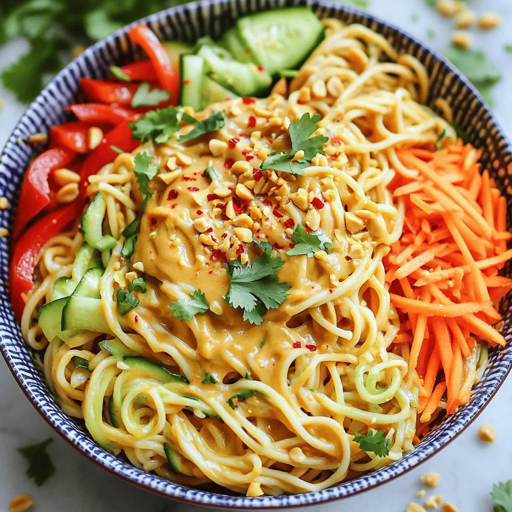 - 8 oz rice noodles - 1/2 cup creamy peanut butter - 1/4 cup soy sauce - 2 tablespoons honey or maple syrup - 1 tablespoon lime juice - 1 teaspoon sesame oil - 1 red bell pepper, sliced - 1 cup shredded carrots - 1/2 cucumber, julienned - 4 green onions, sliced - 1/4 cup crushed peanuts - Fresh cilantro - Red pepper flakes (optional) To make Easy Thai Peanut Noodles, you need simple, fresh ingredients. The rice noodles serve as a great base. They soak up the sauce well. Creamy peanut butter gives the dish its rich flavor. Soy sauce adds a nice saltiness, balancing the sweetness from honey or maple syrup. Adding lime juice brings a bright taste to the sauce, while sesame oil adds depth. Fresh veggies like red bell pepper, carrots, cucumber, and green onions give the dish a nice crunch and color. For garnishes, crushed peanuts add extra texture. Fresh cilantro brightens the overall flavor. If you like heat, sprinkle some red pepper flakes on top. You can find the full recipe in this article. To start, follow the package instructions for the rice noodles. Bring a pot of water to a boil. Add the rice noodles and cook them for about 3-5 minutes. Stir them often to prevent sticking. You want them soft but not mushy. Once cooked, drain the noodles in a colander. Next, rinse the noodles under cold water. This stops the cooking process. Rinsing also helps keep the noodles from sticking together. After rinsing, set the noodles aside. In a small bowl, combine the creamy peanut butter, soy sauce, honey (or maple syrup), lime juice, and sesame oil. Use a whisk to mix everything until smooth. If the sauce is too thick, add a little water to thin it out. Always taste the sauce. You can adjust the flavors to your liking. In a large mixing bowl, add the cooked noodles. Then, toss in the sliced red bell pepper, shredded carrots, and julienned cucumber. Pour the peanut sauce over the noodle mixture. Toss everything together until the noodles are well coated. When serving, place the noodles in bowls. For a nice touch, top them with sliced green onions, crushed peanuts, and fresh cilantro. If you like some heat, sprinkle red pepper flakes on top. This adds flavor and a fun kick! Enjoy creating a beautiful presentation that will impress everyone. For the full recipe, check the details above. To get the best sauce, start with the right balance. Adjust the sweetness by adding more honey or maple syrup. If you prefer a saltier flavor, mix in a bit more soy sauce. You can also control the sauce's thickness. If you want it creamier, add more peanut butter. To make it thinner, simply whisk in a little water or lime juice until it reaches your desired texture. Prevent your rice noodles from clumping together. After cooking, rinse them under cold water. This cools them down and stops the cooking process. Toss them with a little sesame oil to keep them separate. If you cannot find rice noodles, don’t worry! You can use spaghetti or whole wheat noodles. Just cook them according to package instructions. For quick meals, consider meal prepping. Cook a large batch of noodles and make the sauce ahead of time. Store them separately in the fridge for up to three days. Using pre-cut vegetables saves time too. You can find sliced bell peppers, shredded carrots, and julienned cucumbers at many grocery stores. This makes your cooking process faster and easier. {{image_2}} You can add protein to your Easy Thai Peanut Noodles. Tofu, chicken, or shrimp work well. - Tofu: Use firm or extra-firm tofu. Press it to remove moisture. Cut it into cubes and sauté until golden. This gives it a nice texture. - Chicken: Use boneless, skinless chicken breasts. Cut them into thin strips. Cook them in a pan until fully cooked and slightly browned. - Shrimp: Use fresh or frozen shrimp. If frozen, thaw them first. Cook shrimp in a hot pan until they turn pink and opaque. Each protein option adds flavor and makes the dish more filling. You can change the flavors in your Easy Thai Peanut Noodles too. Add spices or herbs for extra taste. - Spices: Try adding garlic powder or ginger. These spices add warmth and depth. You can also add red pepper flakes for some heat. - Herbs: Fresh basil or mint can brighten the dish. Chop them finely and mix them in right before serving. You can also swap out peanut butter. Try almond or cashew butter for a different taste. You can easily adjust the recipe for different diets. - Vegan adaptations: Use maple syrup instead of honey. This keeps it plant-based while still being sweet. - Gluten-free options: Make sure to use gluten-free soy sauce or tamari. This way, people with gluten allergies can enjoy the noodles too. These adjustments make the dish accessible for all. You should refrigerate leftovers within two hours of cooking. This keeps the noodles safe to eat. Use an airtight container for the best results. Glass or plastic containers work well. Make sure to cool the noodles before sealing them. This helps avoid moisture build-up. The best way to reheat noodles is in the microwave. Place the noodles in a bowl. Add a splash of water to keep them moist. Cover the bowl with a damp paper towel. Heat in short bursts, stirring often. You can also use a skillet. Heat the noodles on low with a bit of oil. This keeps the dish fresh and tasty. Yes, you can freeze leftovers! To freeze, let the noodles cool completely. Place them in a freezer-safe container. Label the container with the date. When you're ready to eat, thaw the noodles in the fridge overnight. Reheat them gently to keep the texture nice. You can use rice noodles for this dish. They are light and soak up flavors well. If you need gluten-free options, rice noodles are perfect. You can also try other noodles like: - Soba noodles (buckwheat) - Udon noodles (thick wheat) - Whole wheat spaghetti Each type brings its own taste and texture, so feel free to experiment. Yes, you can easily make the peanut sauce ahead of time. Just mix all the ingredients as stated in the recipe. Then, store the sauce in an airtight container. You can keep it in the fridge for about one week. If you want to prepare it even earlier, you can freeze the sauce. Just thaw it in the fridge before using. This helps save time on busy days. Absolutely! Easy Thai Peanut Noodles work great for meal prep. To meal prep, cook the noodles and veggies in advance. Store them in separate containers. This keeps them fresh and crunchy. When you’re ready to eat, mix them with the peanut sauce. You can also add some protein like tofu or chicken for a balanced meal. Enjoy your delicious meal throughout the week! In this post, we explored how to make delicious Easy Thai Peanut Noodles. We looked at the main and additional ingredients, focusing on rice noodles and peanut sauce. I provided step-by-step instructions to help you create a tasty meal. You learned about variations like proteins, flavor changes, and storage tips. Now, you have the tools to enjoy this dish. Get creative with the flavors and ingredients. Whether for a quick meal or a dinner party, these noodles are sure to please. Enjoy your cooking adventure!