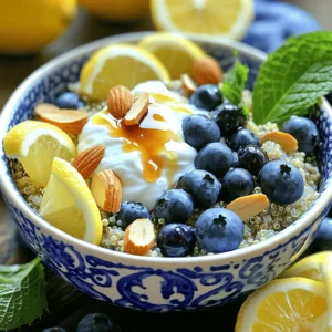 The main ingredients for Blueberry Lemon Breakfast Quinoa are simple and healthy. They include: - 1 cup quinoa, rinsed - 2 cups almond milk (or any milk of choice) - 1 cup fresh blueberries (or frozen, if unavailable) - Zest of 1 lemon - Juice of 1 lemon - 2 tablespoons maple syrup (or honey) - 1 teaspoon vanilla extract - 1/2 teaspoon cinnamon - Pinch of salt These items make a tasty and nutritious breakfast. Quinoa packs protein and fiber, while blueberries add sweetness and antioxidants. The lemon gives a bright flavor that wakes up your taste buds. Toppings can make your dish even better. Here are some fun ideas: - Sliced almonds - Additional blueberries - A dollop of Greek yogurt These toppings add crunch, creaminess, and even more flavor. You can mix and match to find your favorite combo. This dish is not just yummy; it’s good for you, too. Here’s a quick look at the nutrition: - Calories: About 250 per serving - Protein: 7 grams - Fiber: 5 grams - Healthy fats from nuts and yogurt Eating this breakfast helps keep you full and fueled for the day. It’s a great way to start your morning. For the full recipe, check out the details provided earlier. Start by rinsing 1 cup of quinoa in cold water. This step removes any bitter taste. After rinsing, place the quinoa in a medium saucepan. Add 2 cups of almond milk and a pinch of salt. This mix gives the quinoa a creamy texture. Heat the saucepan over medium heat until it starts to boil. When it boils, reduce the heat to low. Cover the pan and let it simmer for about 15 minutes. This is when the quinoa cooks and absorbs the milk. After 15 minutes, remove it from heat. Let it sit, still covered, for 5 more minutes. Use a fork to fluff the quinoa gently. Now, it’s time to add the fun flavors! Stir in the zest and juice of 1 lemon. Add 2 tablespoons of maple syrup and 1 teaspoon of vanilla extract. Sprinkle in 1/2 teaspoon of cinnamon for warmth. Mix everything well so the flavors blend. Finally, fold in 1 cup of fresh blueberries, saving a few for later. This mixture brings a burst of flavor and color to your breakfast. Serve warm in bowls and enjoy your tasty morning meal. For the full recipe, check out the detailed instructions provided earlier. To get fluffy quinoa, rinse it well before cooking. Rinsing removes the bitter coating called saponin. Use two parts liquid for one part quinoa. This ratio helps cook it just right. Bring the mixture to a boil, then reduce the heat. Cover the pot and let it simmer. When it absorbs the liquid, let it sit for five minutes. Then, fluff it gently with a fork. This method gives you the best texture. Adding lemon zest and juice is key for bright, fresh flavor. It pairs well with the sweetness of blueberries. Maple syrup adds a nice touch, too. You can also try adding a pinch of nutmeg or ginger for warmth. If you like nuts, sliced almonds boost flavor and crunch. Lastly, a dollop of Greek yogurt adds creaminess and protein. These additions make each bite special. Serve your quinoa in colorful bowls for a fun look. Garnish with lemon wedges and mint for freshness. Drizzle a little extra maple syrup on top for shine. This adds sweetness and makes it more inviting. Use a few whole blueberries for a pop of color. These small touches make your dish look great and taste even better. Try these tips for a meal that looks as good as it tastes! {{image_2}} You can swap quinoa for other grains. Try using cooked oatmeal for a creamy texture. Brown rice adds a chewy bite. For a gluten-free option, use amaranth, which is packed with protein. Each grain will change the taste slightly, but they all work well. Blueberries shine in this dish, but feel free to mix it up. Chopped strawberries bring a sweet twist. Raspberries add a nice tartness. You can also use diced apples for crispness. Each fruit can change the flavor and keep breakfast fun. Maple syrup is great, but other sweeteners work too. Honey adds a floral note. Agave nectar offers a mild sweetness. If you like a sugar-free option, try stevia or monk fruit. These alternatives can help you find just the right level of sweetness for your taste. For the full recipe, you can find the details shared earlier. You can store leftover blueberry lemon breakfast quinoa in your fridge. Place it in an airtight container. It stays fresh for about 3 to 5 days. When you want to eat it, just take out what you need. To reheat quinoa, use the microwave or a stove. If using the microwave, put a small amount of water in the bowl. Heat it for 1 to 2 minutes. If you use the stove, warm it in a pan over low heat. Stir often to keep it from sticking. You can freeze blueberry lemon breakfast quinoa for up to 3 months. Use a freezer-safe container or bag. Make sure to remove as much air as possible. When ready to eat, thaw it in the fridge overnight. Reheat it as described above. If you want the full recipe for this delicious dish, follow the steps provided above! You can prepare Blueberry Lemon Breakfast Quinoa the night before. Cook the quinoa as usual, then let it cool. Store it in an airtight container in the fridge. In the morning, just reheat it. You can also add fresh blueberries and lemon juice before serving. This makes breakfast easy and quick! Yes, you can use any milk you like! Almond milk works well, but coconut, oat, or regular dairy milk are great too. Each type of milk adds a unique flavor. Choose what you enjoy most. This lets you customize your breakfast to your taste. Quinoa is a superfood packed with nutrients. It is high in protein, making it a great choice for breakfast. Quinoa is also full of fiber, which helps with digestion. It contains antioxidants, which are good for your cells. Plus, it has many vitamins and minerals. Eating quinoa can support overall health and keep you full longer. This post covered how to make Blueberry Lemon Breakfast Quinoa. We talked about key ingredients, cooking steps, and helpful tips. You learned about variations and storage methods. You can make the dish ahead of time or try different fruits. In the end, this tasty breakfast is easy, healthy, and fun to make. Enjoy your time in the kitchen!