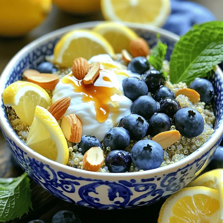The main ingredients for Blueberry Lemon Breakfast Quinoa are simple and healthy. They include: - 1 cup quinoa, rinsed - 2 cups almond milk (or any milk of choice) - 1 cup fresh blueberries (or frozen, if unavailable) - Zest of 1 lemon - Juice of 1 lemon - 2 tablespoons maple syrup (or honey) - 1 teaspoon vanilla extract - 1/2 teaspoon cinnamon - Pinch of salt These items make a tasty and nutritious breakfast. Quinoa packs protein and fiber, while blueberries add sweetness and antioxidants. The lemon gives a bright flavor that wakes up your taste buds. Toppings can make your dish even better. Here are some fun ideas: - Sliced almonds - Additional blueberries - A dollop of Greek yogurt These toppings add crunch, creaminess, and even more flavor. You can mix and match to find your favorite combo. This dish is not just yummy; it’s good for you, too. Here’s a quick look at the nutrition: - Calories: About 250 per serving - Protein: 7 grams - Fiber: 5 grams - Healthy fats from nuts and yogurt Eating this breakfast helps keep you full and fueled for the day. It’s a great way to start your morning. For the full recipe, check out the details provided earlier. Start by rinsing 1 cup of quinoa in cold water. This step removes any bitter taste. After rinsing, place the quinoa in a medium saucepan. Add 2 cups of almond milk and a pinch of salt. This mix gives the quinoa a creamy texture. Heat the saucepan over medium heat until it starts to boil. When it boils, reduce the heat to low. Cover the pan and let it simmer for about 15 minutes. This is when the quinoa cooks and absorbs the milk. After 15 minutes, remove it from heat. Let it sit, still covered, for 5 more minutes. Use a fork to fluff the quinoa gently. Now, it’s time to add the fun flavors! Stir in the zest and juice of 1 lemon. Add 2 tablespoons of maple syrup and 1 teaspoon of vanilla extract. Sprinkle in 1/2 teaspoon of cinnamon for warmth. Mix everything well so the flavors blend. Finally, fold in 1 cup of fresh blueberries, saving a few for later. This mixture brings a burst of flavor and color to your breakfast. Serve warm in bowls and enjoy your tasty morning meal. For the full recipe, check out the detailed instructions provided earlier. To get fluffy quinoa, rinse it well before cooking. Rinsing removes the bitter coating called saponin. Use two parts liquid for one part quinoa. This ratio helps cook it just right. Bring the mixture to a boil, then reduce the heat. Cover the pot and let it simmer. When it absorbs the liquid, let it sit for five minutes. Then, fluff it gently with a fork. This method gives you the best texture. Adding lemon zest and juice is key for bright, fresh flavor. It pairs well with the sweetness of blueberries. Maple syrup adds a nice touch, too. You can also try adding a pinch of nutmeg or ginger for warmth. If you like nuts, sliced almonds boost flavor and crunch. Lastly, a dollop of Greek yogurt adds creaminess and protein. These additions make each bite special. Serve your quinoa in colorful bowls for a fun look. Garnish with lemon wedges and mint for freshness. Drizzle a little extra maple syrup on top for shine. This adds sweetness and makes it more inviting. Use a few whole blueberries for a pop of color. These small touches make your dish look great and taste even better. Try these tips for a meal that looks as good as it tastes! {{image_2}} You can swap quinoa for other grains. Try using cooked oatmeal for a creamy texture. Brown rice adds a chewy bite. For a gluten-free option, use amaranth, which is packed with protein. Each grain will change the taste slightly, but they all work well. Blueberries shine in this dish, but feel free to mix it up. Chopped strawberries bring a sweet twist. Raspberries add a nice tartness. You can also use diced apples for crispness. Each fruit can change the flavor and keep breakfast fun. Maple syrup is great, but other sweeteners work too. Honey adds a floral note. Agave nectar offers a mild sweetness. If you like a sugar-free option, try stevia or monk fruit. These alternatives can help you find just the right level of sweetness for your taste. For the full recipe, you can find the details shared earlier. You can store leftover blueberry lemon breakfast quinoa in your fridge. Place it in an airtight container. It stays fresh for about 3 to 5 days. When you want to eat it, just take out what you need. To reheat quinoa, use the microwave or a stove. If using the microwave, put a small amount of water in the bowl. Heat it for 1 to 2 minutes. If you use the stove, warm it in a pan over low heat. Stir often to keep it from sticking. You can freeze blueberry lemon breakfast quinoa for up to 3 months. Use a freezer-safe container or bag. Make sure to remove as much air as possible. When ready to eat, thaw it in the fridge overnight. Reheat it as described above. If you want the full recipe for this delicious dish, follow the steps provided above! You can prepare Blueberry Lemon Breakfast Quinoa the night before. Cook the quinoa as usual, then let it cool. Store it in an airtight container in the fridge. In the morning, just reheat it. You can also add fresh blueberries and lemon juice before serving. This makes breakfast easy and quick! Yes, you can use any milk you like! Almond milk works well, but coconut, oat, or regular dairy milk are great too. Each type of milk adds a unique flavor. Choose what you enjoy most. This lets you customize your breakfast to your taste. Quinoa is a superfood packed with nutrients. It is high in protein, making it a great choice for breakfast. Quinoa is also full of fiber, which helps with digestion. It contains antioxidants, which are good for your cells. Plus, it has many vitamins and minerals. Eating quinoa can support overall health and keep you full longer. This post covered how to make Blueberry Lemon Breakfast Quinoa. We talked about key ingredients, cooking steps, and helpful tips. You learned about variations and storage methods. You can make the dish ahead of time or try different fruits. In the end, this tasty breakfast is easy, healthy, and fun to make. Enjoy your time in the kitchen!