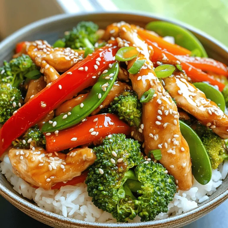 - Chicken and Vegetables - 2 boneless, skinless chicken breasts, sliced into thin strips - 1 red bell pepper, sliced - 1 cup broccoli florets - 1 cup snap peas - 1 carrot, julienned - Sauces and Seasonings - 2 tablespoons honey - 4 cloves garlic, minced - 2 tablespoons soy sauce (low sodium) - 1 tablespoon sesame oil - 2 tablespoons vegetable oil - Salt and pepper to taste - Optional Garnishes - Sesame seeds - Green onions, sliced This dish shines with fresh ingredients. Each one adds a unique flavor and texture. The chicken provides protein, while the vegetables give crunch and color. Honey and garlic create a sweet and savory sauce that ties everything together. Using low sodium soy sauce keeps the dish healthy. Sesame oil adds depth and richness. Don’t skip the garnishes; they add a lovely finish. You can find the full recipe in the detailed section above. Enjoy your cooking! Whisking the Honey Garlic Sauce In a small bowl, combine honey, minced garlic, soy sauce, and sesame oil. Use a whisk to mix until smooth. This sauce gives the dish a sweet and savory flavor. Set it aside for later. Seasoning the Chicken Take your sliced chicken and sprinkle salt and pepper over it. This adds flavor and prepares the chicken for cooking. Make sure to coat all sides evenly. Preparing the Vegetables Wash and chop your vegetables. Slice the red bell pepper, julienne the carrot, and get the broccoli florets and snap peas ready. Fresh veggies add color and crunch to the dish. Sautéing the Chicken Heat one tablespoon of vegetable oil in a large skillet or wok over medium-high heat. Once hot, add the seasoned chicken strips. Cook for 5 to 7 minutes, stirring often. The chicken should turn golden and be fully cooked. Remove it from the skillet and set aside. Stir-Frying the Vegetables In the same skillet, add the remaining tablespoon of vegetable oil. Toss in the red bell pepper, broccoli, snap peas, and carrot. Stir-fry for about 3 to 4 minutes. You want them crisp-tender, not mushy. Combining Chicken and Sauce Return the cooked chicken to the skillet with the veggies. Pour your prepared honey garlic sauce over everything. Stir well to coat all the ingredients evenly. Cook for an additional 2 to 3 minutes to let the sauce thicken slightly. Plating the Dish Serve your honey garlic chicken stir fry in shallow bowls. A bed of fluffy rice or noodles makes it even better. This adds substance and absorbs the sauce. Garnishing Tips Top your dish with sesame seeds and sliced green onions for extra flavor and color. A wedge of lime on the side gives a nice citrus kick. For the complete recipe, check out the [Full Recipe]. Optimal Cooking Temperature Heat is key for a great stir fry. Start with medium-high heat. This temperature helps brown the chicken and keeps veggies crisp. Too low, and your food stews instead of fries. Too high, and you might burn everything. Keep an eye on the pan! Avoiding Overcooked Chicken and Vegetables Cook the chicken until it's just done. It should be golden, not dry. Remove it from the pan as soon as it’s cooked. For the veggies, stir-fry for 3-4 minutes. They should be bright and a bit crunchy. Overcooked veggies lose their color and nutrients. Choosing the Best Chicken Cuts I always use boneless, skinless chicken breasts for this dish. They cook quickly and stay juicy. You can also use thighs if you prefer more flavor. Just cut them into thin strips for even cooking. Freshness of Vegetables Fresh veggies make a big difference. Look for bright colors and firm textures. Bell peppers, broccoli, and snap peas should feel crisp. Avoid any limp or brown spots. The better the veggies, the better your stir fry will taste. Pairing Suggestions (Rice, Noodles, etc.) Serve this stir fry over fluffy rice or noodles. Both absorb the honey garlic sauce well. For rice, jasmine or basmati works great. If you choose noodles, try egg noodles or rice noodles for a nice touch. Customizing for Dietary Preferences You can easily adapt this recipe. Want it vegetarian? Use firm tofu instead of chicken. Gluten-free? Swap soy sauce for tamari or coconut aminos. Make it your own while keeping the flavor! For more ideas, check out the Full Recipe. {{image_2}} You can mix it up with different proteins. Tofu works great for a vegetarian option. Beef strips add a rich flavor. Just remember to adjust cooking times for each protein. When it comes to veggies, the options are endless. You can add mushrooms for an earthy touch. Zucchini gives a nice crunch. Carrots, bell peppers, and snap peas are also good choices. Feel free to use what you have in your fridge. Want to boost the flavor? Try adding new sauces or spices. A splash of sriracha can add heat. Ginger adds a nice zing. Experiment with different flavors to find your perfect mix. Adjust the sweetness to your liking too. If you prefer less sweetness, cut the honey by half. For a sweeter taste, add more honey. Taste as you go to find what works best for you. You can make this dish in an Instant Pot or slow cooker. For the Instant Pot, sauté first, then pressure cook for quick results. In a slow cooker, let it simmer for a few hours. Grilling or baking can also work well. Grill the chicken for a smoky flavor. Bake it in the oven for a hands-off approach. No matter the method, the taste will still be amazing. If you're looking for the full recipe, check out the Honey Garlic Chicken Stir Fry ! To keep your honey garlic chicken stir fry fresh, store any leftovers in an airtight container. Place the container in the fridge right after the meal. This helps lock in flavors and prevent bacteria growth. You should enjoy your leftovers within 3 to 4 days for the best taste. If you want to save your stir fry for later, freezing is a great option. First, let the dish cool completely before packing it. Use freezer-safe bags or containers for best results. Be sure to remove as much air as possible to prevent freezer burn. Your honey garlic chicken stir fry can last up to 3 months in the freezer. When you're ready to eat, thaw the stir fry overnight in the fridge. Then, reheat it on the stovetop over low heat. Stir occasionally until it’s hot. You can also microwave it, but ensure you stir it every minute to heat evenly. Enjoy your meal all over again! Can I use frozen vegetables? Yes, you can use frozen vegetables. They save time and are easy to find. Just add them directly to the pan. You might need to cook them a bit longer. This will help them get warm and tender. How to make this dish gluten-free? To make this dish gluten-free, use tamari instead of soy sauce. Tamari is a great gluten-free option. Check the labels to ensure no gluten ingredients are included. What to do if the sauce is too thick? If the sauce is too thick, add a little water or chicken broth. Stir it in slowly. This will help loosen the sauce and keep it tasty. How do I know when the chicken is fully cooked? Check the chicken's color and texture. It should be white and firm. The safest way is to use a meat thermometer. The internal temperature should reach 165°F (75°C). Can this recipe be made ahead of time? Yes, you can prepare the chicken and sauce ahead of time. Store them in the fridge for up to two days. Then, cook the stir fry when you are ready to eat. What's the best way to reheat stir fry? Reheat the stir fry in a skillet over medium heat. Add a splash of water to keep it moist. Stir often until it’s hot. This will help keep the flavors fresh. For the full recipe, check out the Honey Garlic Chicken Stir Fry. To make a great Honey Garlic Chicken Stir Fry, we discussed all the key ingredients, steps, and tips. Start with fresh chicken and vibrant vegetables. Whisk together a yummy sauce and cook everything just right. Don’t forget to play with flavors or cooking methods to suit your taste. Proper storage keeps leftovers tasty for later. With a few variations, this dish can easily fit your dietary needs. Enjoy your stir-fry and impress family or friends with your new skills!