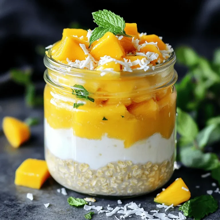 To make mango coconut overnight oats, you need: - 1 cup rolled oats - 1 cup coconut milk (canned or carton) - 1 ripe mango, diced - 1 tablespoon chia seeds - 1 tablespoon honey or maple syrup (optional) - 1/4 cup shredded coconut (unsweetened) - 1/2 teaspoon vanilla extract - Pinch of salt - Fresh mint leaves for garnish (optional) Choose ripe mangoes for the best flavor. They should feel slightly soft when you press them. For coconut milk, use canned for a creamier texture. If you prefer a lighter option, use carton coconut milk. Chia seeds help thicken the oats and add fiber. You can skip honey or maple syrup if you want less sweetness. For a fun twist, try toasted shredded coconut for extra crunch. Rolled oats are a great source of fiber. They help keep you full longer. Coconut milk adds healthy fats and a creamy taste. Mango is rich in vitamins A and C, boosting your immune system. Chia seeds are packed with omega-3 fatty acids, which are good for your heart. Honey or maple syrup can provide a quick energy boost. Unsweetened shredded coconut offers antioxidants without added sugar. Mint leaves can freshen your dish and aid digestion. For the full recipe, check out the detailed instructions. Making mango coconut overnight oats is simple and fun. You need just a few steps. First, gather all your ingredients. Then, mix them in a bowl. Finally, refrigerate the mixture overnight. In the morning, you'll have a tasty meal ready to eat. 1. Start by taking a medium mixing bowl. 2. Add 1 cup of rolled oats to the bowl. 3. Pour in 1 cup of coconut milk. You can use canned or carton milk. 4. Sprinkle in 1 tablespoon of chia seeds. These add healthy fiber. 5. If you want, add 1 tablespoon of honey or maple syrup for sweetness. 6. Pour in 1/2 teaspoon of vanilla extract for flavor. 7. Add a pinch of salt to balance the taste. 8. Stir everything together until the oats are well coated. 9. Fold in the diced mango and half of the shredded coconut. 10. Save the rest of the coconut for later. 11. Divide the mixture into two airtight containers. 12. Seal the containers and place them in the fridge overnight. 13. In the morning, stir the oats well. 14. Top with the remaining shredded coconut and extra mango if you like. 15. Garnish with fresh mint leaves for a nice touch. I recommend watching a video on making overnight oats. It helps to see each step. You can find many videos online. They show the process clearly. This makes it easier to follow along. You can also check the Full Recipe for more details! To make your mango coconut overnight oats creamier, use full-fat coconut milk. It adds a rich texture. You can also blend the oats with the milk for a smoother mix. If you want an even creamier experience, add a banana. It will make the oats velvety without changing the flavor much. Sweetness is a personal choice. If you like it sweeter, add more honey or maple syrup. Start with one tablespoon. Taste it, and then add more if needed. You can also use ripe fruit. The mango's natural sugar can balance the flavors. If you prefer less sugar, skip the sweetener. The coconut milk and mango will still taste great. The best time to prepare these oats is the night before. This gives the oats time to soak and soften. You can also make a batch on Sunday for the week ahead. Store them in jars, and grab one each morning. This makes breakfast easy and quick, perfect for busy days. {{image_2}} You can boost your mango coconut overnight oats with more tropical fruits. Pineapple, kiwi, and banana make great choices. They add sweetness and flavor. Just chop the fruit and mix it in. You can use fresh or frozen fruit. If using frozen, let it thaw first. This way, your oats will taste fresh and bright every time. Adding nuts and seeds gives your oats a tasty crunch. Almonds, cashews, or walnuts work well. Just chop them up and mix them in. You can also add seeds like pumpkin or sunflower seeds for extra nutrition. They add healthy fats and protein. Feel free to adjust the amounts to match your taste. If you follow a vegan diet, you can easily make this recipe plant-based. Use maple syrup instead of honey for sweetness. For gluten-free oats, make sure to choose certified gluten-free rolled oats. This keeps your meal safe for those with gluten sensitivities. Enjoy your nutritious breakfast worry-free while still keeping it delicious. For the full recipe, check out the main article. To keep your Mango Coconut Overnight Oats fresh, store them in airtight containers. Make sure to use glass or BPA-free plastic jars. These materials help keep the oats from drying out. Place them in the fridge right after making. This will allow the oats to soak and soften properly. You can freeze these oats if you want to save some for later. Just pour the mixture into freezer-safe containers. Leave some space at the top for expansion. When you’re ready to eat, thaw them in the fridge overnight. You can also microwave them for a quick warm-up. You can keep your Mango Coconut Overnight Oats in the fridge for up to five days. If they start to look or smell off, it’s best to toss them. Freezing them can extend their life to about three months. Just remember to label your containers with the date. This helps you keep track of freshness. For the full recipe, check earlier in the article. Yes, you can use other types of milk. Almond milk or oat milk works well. Soy milk is another option if you like it. Each milk adds a unique flavor. Experiment to find your favorite. Absolutely! You can skip the chia seeds if you don’t have them. They help thicken the oats, but they are not required. You can use more oats instead. The oats will still taste great without them. To make larger servings, simply double or triple the recipe. Use more oats and milk for each extra serving. Make sure to use a larger bowl for mixing. It is easy to scale this recipe up or down! In this article, we explored the world of overnight oats. We covered the best ingredients, tips for perfect prep, and health benefits for each item. I shared steps to make creamy oats, variations for flavor, and storage tips. You now have the tools to create delicious and nutritious meals. Remember, you can customize your oats to fit your taste and need. Enjoy your healthy oats and make it your own!