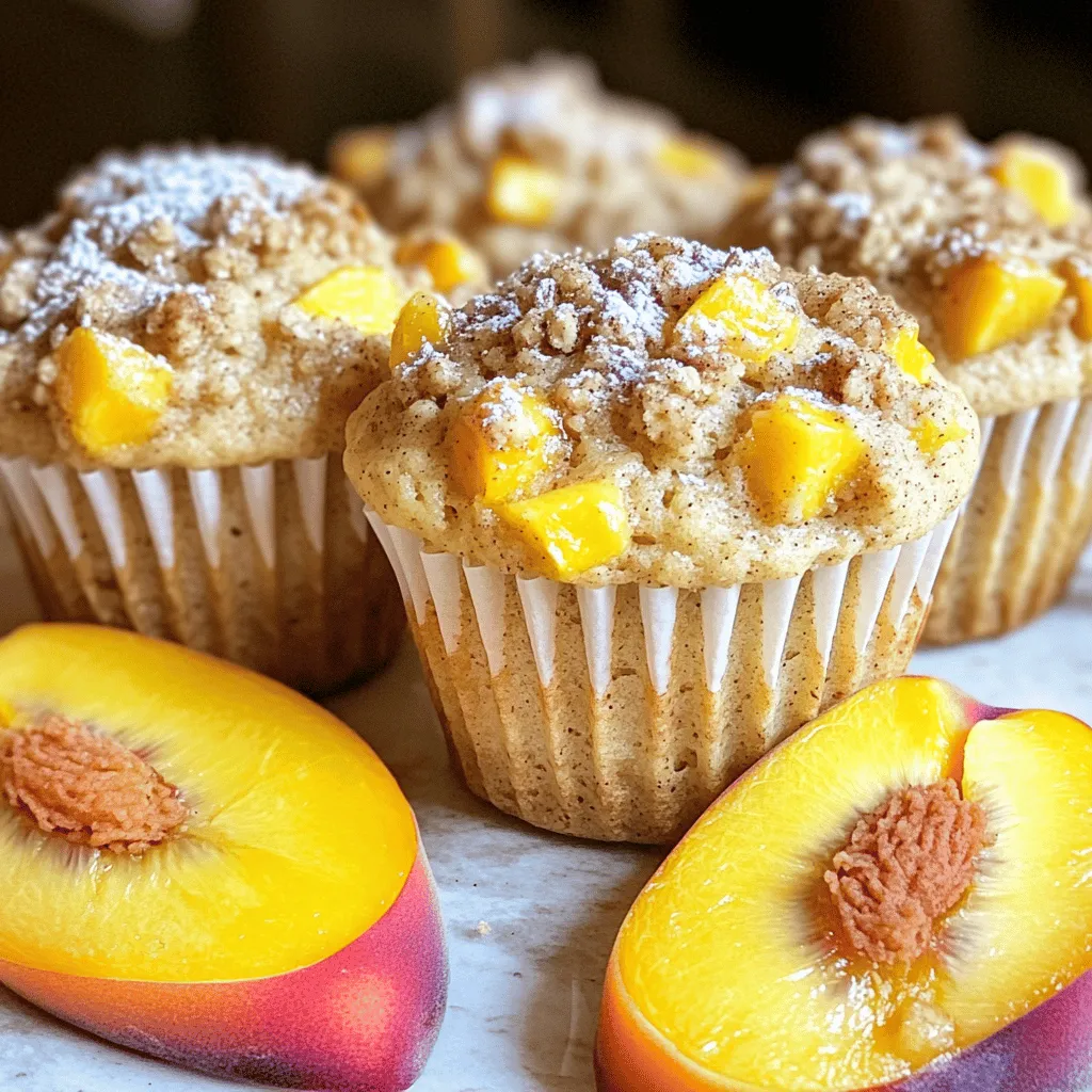 - 1 ½ cups all-purpose flour - 1 tsp baking powder - ½ tsp baking soda - ¼ tsp salt - ½ cup granulated sugar - ¼ cup brown sugar, packed - 1/3 cup unsalted butter, melted - 1 large egg - 1 tsp vanilla extract - 1/2 cup buttermilk - 1 ½ cups fresh peaches, peeled and diced - 1/3 cup rolled oats - 1 tsp cinnamon Each ingredient plays a key role in making Peach Streusel Muffins perfect. The all-purpose flour gives the muffins their structure. Baking powder and baking soda help them rise and become fluffy. A touch of salt balances the sweetness. In the wet ingredients, the sugars add sweetness and flavor. The melted butter brings moisture and richness. The egg binds the mixture and helps with rise. Vanilla extract adds a lovely aroma, while buttermilk gives a soft texture and enhances flavor. The filling and topping are where the magic happens. Fresh peaches add juiciness and sweetness. Rolled oats in the topping create crunch. Cinnamon adds warmth and spice, making each bite delightful. Check out the full recipe for easy steps to create these tasty muffins! 1. Preheat your oven to 375°F (190°C). Line a muffin tin with liners or lightly grease it. 2. In a medium bowl, whisk together the all-purpose flour, baking powder, baking soda, and salt. Set this bowl aside for now. 1. In a large bowl, mix together the granulated sugar, brown sugar, and melted butter until well combined. 2. Beat in the egg and vanilla extract until the mixture is fluffy and smooth. 1. Add the buttermilk to the wet mixture and stir until combined. 2. Gradually add the dry ingredients to the wet mixture. Fold gently, just until combined; do not overmix. 3. Carefully fold in the diced peaches, spreading them evenly throughout the batter. 1. In a small bowl, mix the rolled oats, cinnamon, and a pinch of sugar for the streusel topping. 2. Scoop the muffin batter into the prepared muffin tin, filling each liner about two-thirds full. 3. Generously sprinkle the streusel topping over each muffin. 1. Bake the muffins for 18-20 minutes. Check for doneness by inserting a toothpick; it should come out clean. 2. Allow the muffins to cool in the pan for about 5 minutes. Then, transfer them to a wire rack to cool completely before serving. These Peach Streusel Muffins are a delight! For a full recipe, check the earlier section. Enjoy your time in the kitchen! - Ensure ingredients are at room temperature. This helps them mix well. - Do not overmix the batter. Gently fold until just combined for light muffins. - Serve warm with powdered sugar. It adds a sweet touch to each bite. - Garnish with a slice of fresh peach. This makes your muffins look even better. - Consider adding a dash of nutmeg. It gives a warm, spicy flavor to the muffins. - Use different fruits for variation. Blueberries or raspberries work great too! For the full recipe, check [Full Recipe]. These tips will help you create the best peach streusel muffins! {{image_2}} You can switch up the fruit in these muffins! Instead of peaches, use blueberries or raspberries. Both fruits add a burst of flavor. If you want more texture, try adding chopped nuts. Walnuts or pecans work great for extra crunch. If you're gluten-free, you can still enjoy these muffins. Use almond flour or oat flour instead of regular flour. For those avoiding dairy, simply swap in dairy-free butter and milk. This way, everyone can enjoy a tasty treat! Make mini muffins for a fun, bite-sized version. They are perfect for kids or snacks. You could also bake this batter in a round pan to create a cake. Just adjust the baking time, as it may need a bit longer. Keep your muffins at room temperature. Place them in an airtight container. This method keeps them soft for a few days. Enjoy them fresh for breakfast or a snack. You can freeze the muffins for up to three months. Wrap each muffin in plastic wrap. Then, place them in a freezer bag. When you want one, reheat it directly from the freezer. Pop it in the oven at 350°F (175°C) for about 10 minutes. They taste almost fresh-baked! Use parchment paper to line your container. This step helps maintain moisture in your muffins. Also, avoid stacking warm muffins. Stacking can make them soggy. Let them cool before storing. These simple tips keep your Peach Streusel Muffins delightful! For the full recipe, check the earlier section. To check if your muffins are done, insert a toothpick into the center. If it comes out clean, your muffins are ready. This simple test saves you from underbaking or overbaking. Trust me, it works every time! Yes, you can use canned peaches instead of fresh ones. Just make sure to drain them well. This keeps your muffins from getting too soggy. Canned peaches can still taste great in your muffins. To stop muffins from sticking to the liners, use high-quality liners. You can also grease the liners lightly with butter or oil. This little step makes a big difference for perfect muffins. If you have leftover streusel topping, store it in the fridge. You can use it for future baking or sprinkle it over yogurt. It adds a nice crunch and sweetness. Don't waste it! Making peach muffins is easy and fun. We covered all the key steps, from mixing the dry and wet ingredients to baking and storing the muffins. You can adjust flavors and fruits based on your taste. Remember the tips for better results, like using room temperature ingredients and avoiding overmixing. With this guide, you can create a delicious treat for any occasion. Enjoy your baking journey and share these for smiles!