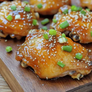 - 4 chicken thighs, bone-in and skin-on - 1/4 cup honey - 4 cloves garlic, minced - 2 tablespoons soy sauce (or tamari for gluten-free) - 1 tablespoon apple cider vinegar - 1 tablespoon olive oil - 1 teaspoon grated fresh ginger - 1/2 teaspoon black pepper - Chopped green onions - Sesame seeds The main ingredients in this dish are simple yet powerful. Chicken thighs offer rich flavor and juicy texture. Honey adds sweetness that balances the savory notes. Garlic brings a punch that enhances every bite. The additional ingredients work together to create a delicious marinade. Soy sauce adds umami depth, while apple cider vinegar brings brightness. Olive oil helps keep the chicken moist during cooking. For seasoning, fresh ginger adds warmth. Black pepper gives a slight kick. The green onions and sesame seeds make for a lovely garnish, adding color and crunch. You can find the complete process in the Full Recipe. These ingredients blend to create a honey garlic glaze that makes this chicken dish truly special. Preparing the marinade To start, grab a medium bowl. Whisk together the honey, minced garlic, soy sauce, apple cider vinegar, olive oil, grated ginger, black pepper, and a small pinch of salt. Mix until all ingredients blend well. This sauce will give your chicken a sweet and savory flavor. Marinating the chicken Next, take your chicken thighs and place them in a zip-lock bag or shallow dish. Pour the marinade over the chicken, making sure each piece gets coated. Seal the bag or cover the dish. Refrigerate for at least one hour. For deeper flavor, marinate overnight. Preheating the oven While the chicken marinates, preheat your oven to 400°F (200°C). A hot oven helps the chicken cook evenly and crisp the skin. Baking the chicken After marinating, remove the chicken from the marinade. Don’t throw the marinade away; you will use it later. Place the chicken thighs skin side up on a baking tray lined with parchment paper. Bake in the preheated oven for 30-35 minutes. The chicken is ready when it reaches an internal temperature of 165°F (74°C) and the skin is crispy. Cooking the sauce While your chicken bakes, pour the reserved marinade into a small saucepan. Heat it over medium heat. Let it simmer for about 5-7 minutes until it thickens slightly. This will be your delicious glaze. Glazing and serving When the chicken is done, brush the thickened glaze over the thighs. Return the tray to the oven for another 5 minutes to caramelize the glaze. Once done, remove and sprinkle with chopped green onions and sesame seeds. Let the chicken rest for a few minutes before serving. Enjoy your Honey Garlic Glazed Chicken Thighs! For the full recipe, check the earlier section. - The best time to marinate chicken thighs is at least one hour. For deeper flavor, marinate overnight. - Use a zip-lock bag for even coating. Squeeze out air to let the marinade soak in well. - To get crispy skin, bake the chicken thighs skin side up. This allows the fat to render and crisp up. - Check the internal temperature with a meat thermometer. It should reach 165°F (74°C) for safe eating. - Pair your honey garlic glazed chicken with steamed rice or roasted vegetables. - For a nice look, garnish with chopped green onions and sesame seeds. This adds color and crunch. For the full recipe, refer to the instructions above. Enjoy your cooking! {{image_2}} You can switch up the protein in this dish. Chicken breast works well if you want less fat. For a plant-based option, try tofu. Just press it to remove excess water and cut it into cubes. You can also change the sweetener. If you want a lower sugar option, use maple syrup or agave nectar. These alternatives blend nicely with the other flavors. Make this dish even better by adding spices or herbs. Try ginger or chili flakes for a kick. Fresh herbs like cilantro or basil can bring a nice twist too. You can also play with acids. Lime juice adds a bright flavor, while balsamic vinegar gives a sweet tang. Try adding a splash during cooking for a new taste. Grilling the chicken gives it a smoky flavor. Just marinate as usual and grill over medium heat. It takes about 20 minutes, and you’ll get nice grill marks. If you own an Instant Pot, you can use it for this recipe too. Cook the marinated chicken on high for 10 minutes, then let it naturally release. This method keeps the chicken super juicy. For the full recipe, check out the complete instructions and details. To keep your honey garlic glazed chicken thighs fresh, store them in the fridge. Place the cooked chicken in an airtight container. It can last up to 3 days in the refrigerator. If you want to store it longer, consider freezing it. Wrap the chicken tightly in plastic wrap, then place it in a freezer-safe bag. This way, it can stay good for up to 3 months. When it's time to enjoy leftovers, reheating can be simple. The best way to reheat is in the oven. Set your oven to 350°F (175°C). Place the chicken on a baking sheet and cover it with foil. This helps keep the chicken moist. Heat it for about 15-20 minutes or until it's warm. You can also use a microwave, but use a lower power setting to avoid drying it out. Cover the chicken with a damp paper towel to keep moisture in. You can store your honey garlic glazed chicken thighs safely for a few days. In the fridge, they stay good for 3 days. In the freezer, they last for 3 months. Signs of spoilage include a strange smell, changes in color, or a slimy texture. Always check before eating to stay safe. For more details on how to make this dish, check the Full Recipe. Can I use boneless chicken thighs? Yes, you can use boneless chicken thighs. They will cook faster than bone-in thighs. Check the internal temperature to ensure they reach 165°F (74°C). How to make the glaze thicker? To thicken the glaze, simmer it longer. Cook it on medium heat until it reduces and becomes syrupy. You can also add a cornstarch slurry for extra thickness. How to make it gluten-free? Use tamari instead of soy sauce. Tamari is a gluten-free option that tastes great. Can I add vegetables to the dish? Yes, you can add vegetables. Try bell peppers, broccoli, or carrots. Toss them on the baking tray with the chicken. How many servings does this recipe yield? This recipe makes four servings. It’s perfect for a small family meal. Can I double the recipe for a larger group? Yes, you can double the recipe. Just ensure your baking tray has enough space. You may need to adjust cooking time slightly. For the complete recipe, check out the [Full Recipe]. This recipe uses simple ingredients like chicken thighs, honey, and garlic. You learned how to prepare and cook tasty chicken with an easy glaze. I shared tips to help with marinating and cooking for the best results. Feel free to explore variations and enjoy leftovers too. Try different flavors and cooking methods. Cooking should be fun and personal. Use your taste to create amazing meals. Enjoy making this dish with friends and family!