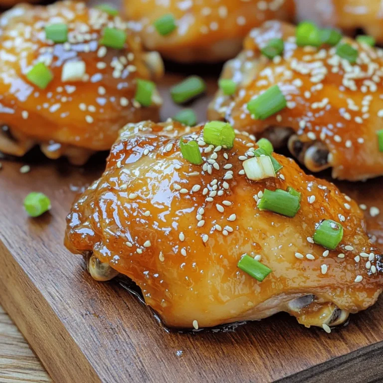- 4 chicken thighs, bone-in and skin-on - 1/4 cup honey - 4 cloves garlic, minced - 2 tablespoons soy sauce (or tamari for gluten-free) - 1 tablespoon apple cider vinegar - 1 tablespoon olive oil - 1 teaspoon grated fresh ginger - 1/2 teaspoon black pepper - Chopped green onions - Sesame seeds The main ingredients in this dish are simple yet powerful. Chicken thighs offer rich flavor and juicy texture. Honey adds sweetness that balances the savory notes. Garlic brings a punch that enhances every bite. The additional ingredients work together to create a delicious marinade. Soy sauce adds umami depth, while apple cider vinegar brings brightness. Olive oil helps keep the chicken moist during cooking. For seasoning, fresh ginger adds warmth. Black pepper gives a slight kick. The green onions and sesame seeds make for a lovely garnish, adding color and crunch. You can find the complete process in the Full Recipe. These ingredients blend to create a honey garlic glaze that makes this chicken dish truly special. Preparing the marinade To start, grab a medium bowl. Whisk together the honey, minced garlic, soy sauce, apple cider vinegar, olive oil, grated ginger, black pepper, and a small pinch of salt. Mix until all ingredients blend well. This sauce will give your chicken a sweet and savory flavor. Marinating the chicken Next, take your chicken thighs and place them in a zip-lock bag or shallow dish. Pour the marinade over the chicken, making sure each piece gets coated. Seal the bag or cover the dish. Refrigerate for at least one hour. For deeper flavor, marinate overnight. Preheating the oven While the chicken marinates, preheat your oven to 400°F (200°C). A hot oven helps the chicken cook evenly and crisp the skin. Baking the chicken After marinating, remove the chicken from the marinade. Don’t throw the marinade away; you will use it later. Place the chicken thighs skin side up on a baking tray lined with parchment paper. Bake in the preheated oven for 30-35 minutes. The chicken is ready when it reaches an internal temperature of 165°F (74°C) and the skin is crispy. Cooking the sauce While your chicken bakes, pour the reserved marinade into a small saucepan. Heat it over medium heat. Let it simmer for about 5-7 minutes until it thickens slightly. This will be your delicious glaze. Glazing and serving When the chicken is done, brush the thickened glaze over the thighs. Return the tray to the oven for another 5 minutes to caramelize the glaze. Once done, remove and sprinkle with chopped green onions and sesame seeds. Let the chicken rest for a few minutes before serving. Enjoy your Honey Garlic Glazed Chicken Thighs! For the full recipe, check the earlier section. - The best time to marinate chicken thighs is at least one hour. For deeper flavor, marinate overnight. - Use a zip-lock bag for even coating. Squeeze out air to let the marinade soak in well. - To get crispy skin, bake the chicken thighs skin side up. This allows the fat to render and crisp up. - Check the internal temperature with a meat thermometer. It should reach 165°F (74°C) for safe eating. - Pair your honey garlic glazed chicken with steamed rice or roasted vegetables. - For a nice look, garnish with chopped green onions and sesame seeds. This adds color and crunch. For the full recipe, refer to the instructions above. Enjoy your cooking! {{image_2}} You can switch up the protein in this dish. Chicken breast works well if you want less fat. For a plant-based option, try tofu. Just press it to remove excess water and cut it into cubes. You can also change the sweetener. If you want a lower sugar option, use maple syrup or agave nectar. These alternatives blend nicely with the other flavors. Make this dish even better by adding spices or herbs. Try ginger or chili flakes for a kick. Fresh herbs like cilantro or basil can bring a nice twist too. You can also play with acids. Lime juice adds a bright flavor, while balsamic vinegar gives a sweet tang. Try adding a splash during cooking for a new taste. Grilling the chicken gives it a smoky flavor. Just marinate as usual and grill over medium heat. It takes about 20 minutes, and you’ll get nice grill marks. If you own an Instant Pot, you can use it for this recipe too. Cook the marinated chicken on high for 10 minutes, then let it naturally release. This method keeps the chicken super juicy. For the full recipe, check out the complete instructions and details. To keep your honey garlic glazed chicken thighs fresh, store them in the fridge. Place the cooked chicken in an airtight container. It can last up to 3 days in the refrigerator. If you want to store it longer, consider freezing it. Wrap the chicken tightly in plastic wrap, then place it in a freezer-safe bag. This way, it can stay good for up to 3 months. When it's time to enjoy leftovers, reheating can be simple. The best way to reheat is in the oven. Set your oven to 350°F (175°C). Place the chicken on a baking sheet and cover it with foil. This helps keep the chicken moist. Heat it for about 15-20 minutes or until it's warm. You can also use a microwave, but use a lower power setting to avoid drying it out. Cover the chicken with a damp paper towel to keep moisture in. You can store your honey garlic glazed chicken thighs safely for a few days. In the fridge, they stay good for 3 days. In the freezer, they last for 3 months. Signs of spoilage include a strange smell, changes in color, or a slimy texture. Always check before eating to stay safe. For more details on how to make this dish, check the Full Recipe. Can I use boneless chicken thighs? Yes, you can use boneless chicken thighs. They will cook faster than bone-in thighs. Check the internal temperature to ensure they reach 165°F (74°C). How to make the glaze thicker? To thicken the glaze, simmer it longer. Cook it on medium heat until it reduces and becomes syrupy. You can also add a cornstarch slurry for extra thickness. How to make it gluten-free? Use tamari instead of soy sauce. Tamari is a gluten-free option that tastes great. Can I add vegetables to the dish? Yes, you can add vegetables. Try bell peppers, broccoli, or carrots. Toss them on the baking tray with the chicken. How many servings does this recipe yield? This recipe makes four servings. It’s perfect for a small family meal. Can I double the recipe for a larger group? Yes, you can double the recipe. Just ensure your baking tray has enough space. You may need to adjust cooking time slightly. For the complete recipe, check out the [Full Recipe]. This recipe uses simple ingredients like chicken thighs, honey, and garlic. You learned how to prepare and cook tasty chicken with an easy glaze. I shared tips to help with marinating and cooking for the best results. Feel free to explore variations and enjoy leftovers too. Try different flavors and cooking methods. Cooking should be fun and personal. Use your taste to create amazing meals. Enjoy making this dish with friends and family!