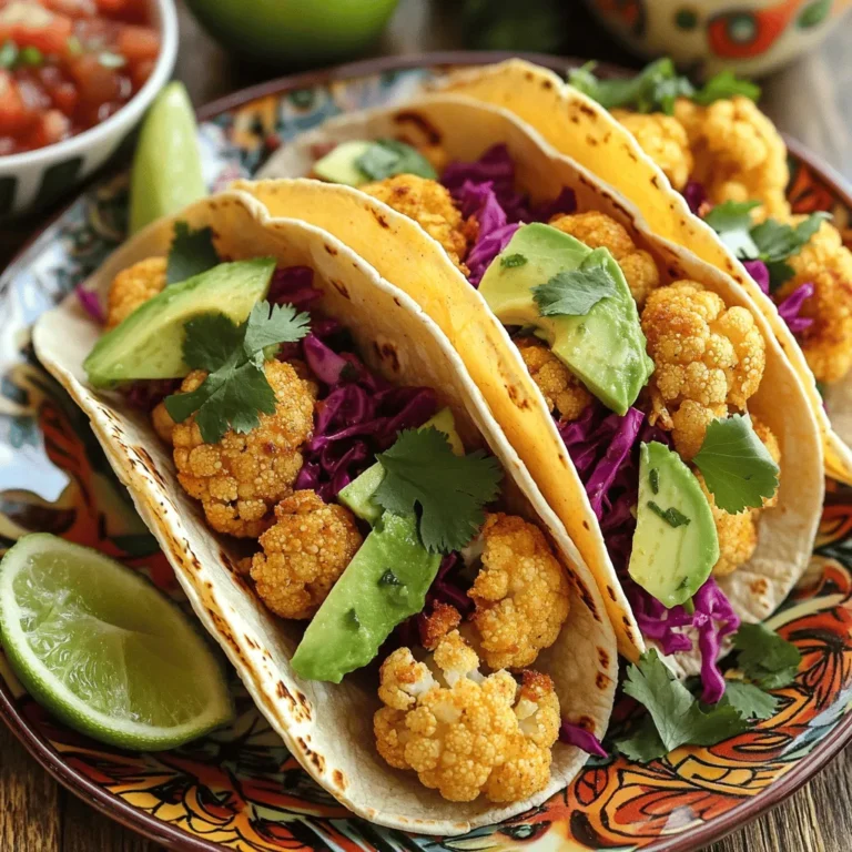 For these crispy cauliflower tacos, you'll need the following: - 1 head of cauliflower, cut into bite-sized florets - 1 cup breadcrumbs (preferably panko) - 1 cup all-purpose flour - 1 cup plant-based milk (or regular milk) - 1 teaspoon smoked paprika - 1 teaspoon garlic powder - 1 teaspoon onion powder - 1/2 teaspoon cayenne pepper (adjust to taste) - Salt and pepper to taste These ingredients create a tasty and crunchy coating for the cauliflower. The spices add depth and warmth. To make your tacos truly vibrant, gather these fresh toppings: - Corn tortillas for serving - 1 avocado, sliced - 1 cup shredded red cabbage - Fresh cilantro, for garnish - Lime wedges, for serving The corn tortillas hold the crispy cauliflower well. The avocado adds creaminess, while cabbage gives a nice crunch. Each serving of crispy cauliflower tacos has about: - Calories: 300 - Total Fat: 10g - Protein: 7g - Fiber: 8g These tacos offer a balanced meal with good fiber and healthy fats. Enjoying them can help you feel satisfied and energized. For the full recipe, check the link. - Preheat your oven to 425°F (220°C). - Line a baking sheet with parchment paper. This step is crucial. Preheating helps to ensure your cauliflower cooks evenly. Parchment paper keeps the florets from sticking. You want them crispy, not glued to the pan! - Set up three bowls: one with flour, one with plant-based milk, and one with breadcrumbs mixed with spices. You need to organize your space. Place the flour in the first bowl. In the second, pour the plant-based milk. Mix breadcrumbs, smoked paprika, garlic powder, onion powder, cayenne pepper, salt, and pepper in the last bowl. This setup speeds up the coating process. - Dip each cauliflower floret in the flour first, then in the milk, and finally coat it in the breadcrumb mixture. - Place the coated florets on the baking sheet. Make sure each piece is well-coated. This is where the magic happens. The flour helps the milk stick, and the breadcrumbs create that perfect crunch. - Bake the cauliflower for 25-30 minutes, flipping halfway through. Flipping is key for even crispiness. You'll know they're done when they look golden brown. If you want an extra crunch, broil them for a minute at the end. Remember to check out the Full Recipe for more tips! To make your crispy cauliflower tacos more delicious, try adding spices like cumin or coriander. A splash of lime juice in the flour mix can give a tangy note. You can also marinate the cauliflower in taco seasoning for extra depth. Another idea is to mix in some nutritional yeast with the breadcrumbs for a cheesy flavor without the dairy. Crispiness is key for these tacos. Make sure each cauliflower floret gets an even coating of flour, milk, and breadcrumbs. This helps create a barrier that keeps moisture out. Avoid overcrowding the baking sheet; leave space between florets for air circulation. Flip the cauliflower halfway through baking to ensure even crispiness on all sides. Serve your tacos on a bright, colorful plate. This makes them pop visually. Garnish with fresh cilantro and lime wedges for a fresh touch. You can also add a small bowl of salsa or hot sauce on the side for dipping. For extra flair, stack the tacos slightly and sprinkle some sesame seeds on top for crunch. {{image_2}} For those needing gluten-free options, use gluten-free flour and gluten-free breadcrumbs. These swaps ensure you can enjoy crispy cauliflower tacos without worry. For dairy-free substitutes, plant-based milk works just as well as regular milk. This milk keeps the batter light and airy. Always check the labels to confirm they meet your dietary needs. You can change up the toppings to suit your taste. Try adding roasted peppers, corn, or diced tomatoes for a fresh twist. Different salsas can bring new flavors too. Mango salsa adds sweetness, while tomatillo salsa gives a zesty kick. Explore various toppings to make these tacos your own. Pair your tacos with a side of black beans or a fresh salad. These sides add nutrition and balance to your meal. For drinks, consider a light beer or a refreshing agua fresca. These options complement the flavors of your tacos beautifully. You can enjoy a complete meal that's both tasty and satisfying. For the full recipe, check out the detailed instructions above! To keep your tacos fresh, store any leftovers in an airtight container. Place the crispy cauliflower in one container and the tortillas in another. This way, the tortillas won't get soggy. You can refrigerate the components for up to three days. If you want to keep them longer, you can freeze the cauliflower. Just make sure it cools down before freezing. When reheating, aim to restore that lovely crunch. Preheat your oven to 400°F (200°C). Place the cauliflower on a baking sheet and heat for about 10 minutes. Avoid the microwave, as it makes the cauliflower soft. For tortillas, warm them on a dry skillet over medium heat for about 30 seconds on each side. This will bring back their flavor and texture. The crispy cauliflower will last in the fridge for about three days. If frozen, you can keep it for about a month. The tortillas are best used within a week if stored in the fridge. After that, they may dry out. For the best taste, eat the tacos within three days of making them. Try to keep everything separate until you are ready to enjoy your meal. Yes, you can use frozen cauliflower. Just keep a few things in mind. First, thaw the cauliflower completely. This step helps to avoid excess moisture. Drain any water after thawing. Pat the florets dry with a clean towel. This makes sure they get crispy when baked. Use the same coating process as fresh cauliflower. Frozen florets may need a few extra minutes to bake. Check for a golden brown color to know they are done. These tacos pair well with many sides. Consider serving them with a fresh salad. A simple cabbage slaw adds crunch and flavor. You could also serve rice or quinoa for a filling meal. Black beans or refried beans can add protein. For a refreshing drink, try a limeade or iced tea. These drinks enhance the meal nicely. Yes, you can prepare these tacos ahead of time. You can bread the cauliflower and store it in the fridge. Just keep it in an airtight container. Bake just before serving to keep it crispy. You can also assemble the tacos ahead. Store each component separately. This way, the tortillas stay fresh. Enjoy them warm or at room temperature. For more details on the full recipe, check out the complete instructions. This blog post guides you through making delicious crispy cauliflower tacos. We covered key ingredients, step-by-step instructions, and tips for the perfect crunch. Explore dietary variations and storage methods to keep your tacos fresh. Remember, cooking is about finding what you love. Use this recipe as a base to add your flair. Enjoy crafting a tasty meal that satisfies your cravings and impresses others. Happy cooking!