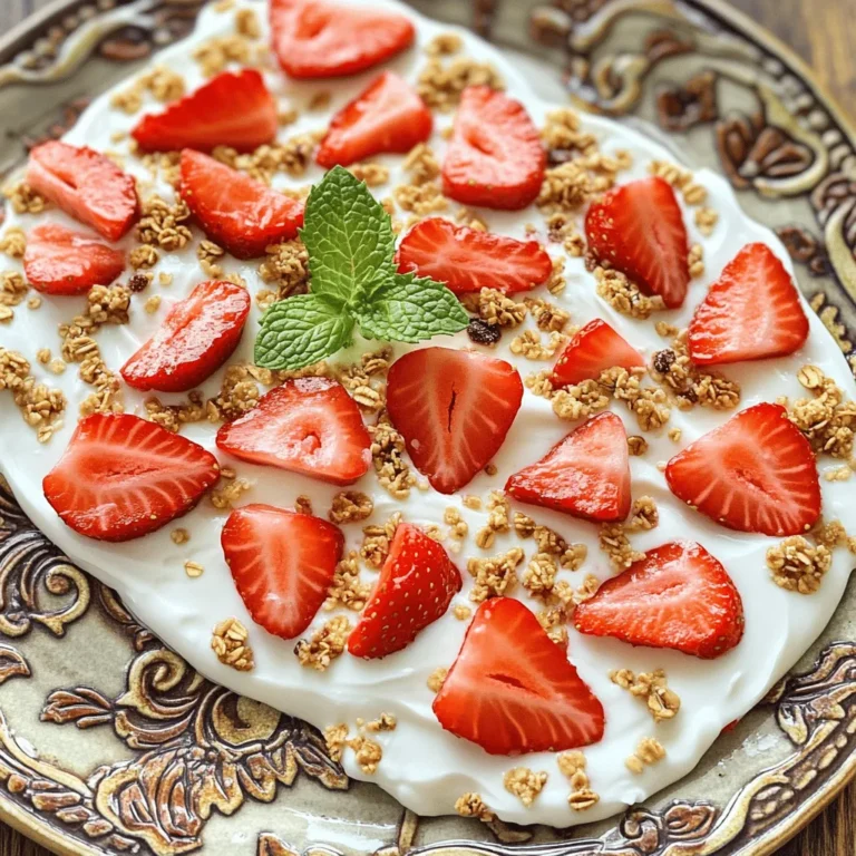 To make Easy Strawberry Yogurt Bark, you need a few simple items. Here’s what you’ll need: - 2 cups Greek yogurt (plain or vanilla) - 1 cup fresh strawberries, hulled and sliced - 2 tablespoons honey or maple syrup (optional, adjust to taste) - 1/4 cup granola or crushed nuts for topping - A few mint leaves for garnish (optional) Each ingredient plays a role. The Greek yogurt gives a creamy base. Strawberries add a bright, fruity flavor. The honey or maple syrup adds sweetness. Granola or nuts give a nice crunch. If you want to make your yogurt bark even better, consider these add-ins: - Chopped dark chocolate or mini chocolate chips - Other berries like blueberries or raspberries - Coconut flakes for a tropical touch - A sprinkle of cinnamon for warmth These extras can take your bark to the next level. Feel free to mix and match to find your favorite flavor combo. You might have some dietary needs. Here are some easy swaps: - Use dairy-free yogurt for a vegan option. - Swap honey with agave nectar for a vegan-friendly sweetener. - If nuts are a no-go, skip them or use seeds like pumpkin or sunflower. These substitutions keep the recipe friendly for everyone. Enjoy making your Easy Strawberry Yogurt Bark! For the full recipe, check out the instructions above. Start by lining a baking sheet with parchment paper. Make sure the paper hangs over the edges. This helps with easy removal later. Next, mix the Greek yogurt in a bowl. If you want, add honey or maple syrup for sweetness. Stir well until smooth. Taste it to see if you like the sweetness. Adjust it if needed. This yogurt base is the star of your bark. Once you have the yogurt ready, pour it onto the baking sheet. Spread it out evenly until it's about 1/4-inch thick. This thickness helps the bark freeze nicely. Now, take your sliced strawberries and spread them over the yogurt. Press them down gently to keep them in place. Finally, sprinkle granola or crushed nuts on top. This adds a nice crunch to your treat. Place the baking sheet in the freezer. Freeze it for about 3 to 4 hours. Your yogurt should be completely frozen when you check it. To serve, take it out and break the bark into pieces. If you want to keep it fresh, store it in an airtight container. It can last in the freezer for up to a week. For more details, check out the Full Recipe. To get the best flavor, use ripe strawberries. They add natural sweetness and a burst of flavor. You can also taste the yogurt mixture before freezing. Add more honey or syrup if it needs sweetness. A mix of plain and vanilla yogurt offers a nice contrast. This mix gives you creaminess and a hint of sweetness. One common mistake is not pressing the strawberries down. Make sure you press them lightly into the yogurt. This step helps them stick and not fall off later. Another mistake is not letting the yogurt freeze long enough. If it’s too soft, it won’t break into pieces well. Aim for at least 3-4 hours in the freezer. To impress guests, serve the yogurt bark on a colorful platter. Add fresh mint leaves for a pop of color. You can cut it into fun shapes with cookie cutters. This makes it playful for kids. Pair it with a bowl of extra granola or nuts. This way, guests can add their own toppings. Enjoy this treat as a fun snack or a light dessert. For the full recipe, check the earlier section! {{image_2}} You can change the flavor of your yogurt bark easily. Try using bananas, blueberries, or peaches instead of strawberries. Each fruit brings its own taste and charm. For a tropical twist, add mango and pineapple. If you want a tart kick, raspberries work great. Mix and match to find your favorite combo! The type of yogurt you use can change the texture of your bark. Greek yogurt gives a thick, creamy feel. Regular yogurt is lighter and smoother. For a fluffier bark, try whipped yogurt. Each type adds a unique taste and mouthfeel, so feel free to experiment. You can make a dairy-free version of yogurt bark. Use coconut yogurt or almond yogurt for a tasty treat. These options keep the same creamy texture while being plant-based. Look for unsweetened varieties to control the sugar levels. This way, everyone can enjoy a cool snack! For the full recipe, check out the details above and get started on your delicious adventure! To store leftover yogurt bark, place it in an airtight container. Make sure to separate pieces with parchment paper if you stack them. This keeps them from sticking together. Store the container in your freezer. This way, your yogurt bark stays fresh and ready to enjoy. When freezing yogurt bark, let it freeze fully. This usually takes about 3-4 hours. If you want to thaw it, take out only what you will eat. Let it sit at room temperature for a few minutes. Avoid using the microwave. This could make the texture mushy. Easy Strawberry Yogurt Bark lasts for about one week in the freezer. After that, the texture may change. For the best taste and texture, eat it within that week. If you notice ice crystals, it’s still safe but may not taste as fresh. Enjoy your tasty treat while it’s at its best! Yes, you can use frozen strawberries. They work well too. Just thaw them and pat them dry. This helps avoid excess water in your yogurt bark. Fresh strawberries give a nice crunch, but frozen ones add sweetness. Freezing yogurt bark takes about 3 to 4 hours. It needs to be solid to break into pieces easily. For best results, leave it in the freezer overnight if you want it extra firm. You can use agave syrup or stevia for a low-sugar option. If you prefer, skip the sweetener altogether. The strawberries add enough sweetness for many people. You can also use fruit puree for a different flavor. Yes, you can prepare yogurt bark ahead of time. It keeps well in the freezer for up to a week. Just store it in an airtight container. This makes it easy to grab a quick snack or dessert. For the full recipe, check out the details above. This blog post covered how to make easy strawberry yogurt bark. We explored key ingredients, optional add-ins, and substitutions. The step-by-step guide showed how to prepare the yogurt and freeze it. We also shared tips to improve flavor, avoid common mistakes, and offered fun serving ideas. Variations included different fruits and dietary options. Lastly, we discussed storage tips and answered common questions. You now have all the tools to create delicious yogurt bark. Enjoy making and sharing this treat!