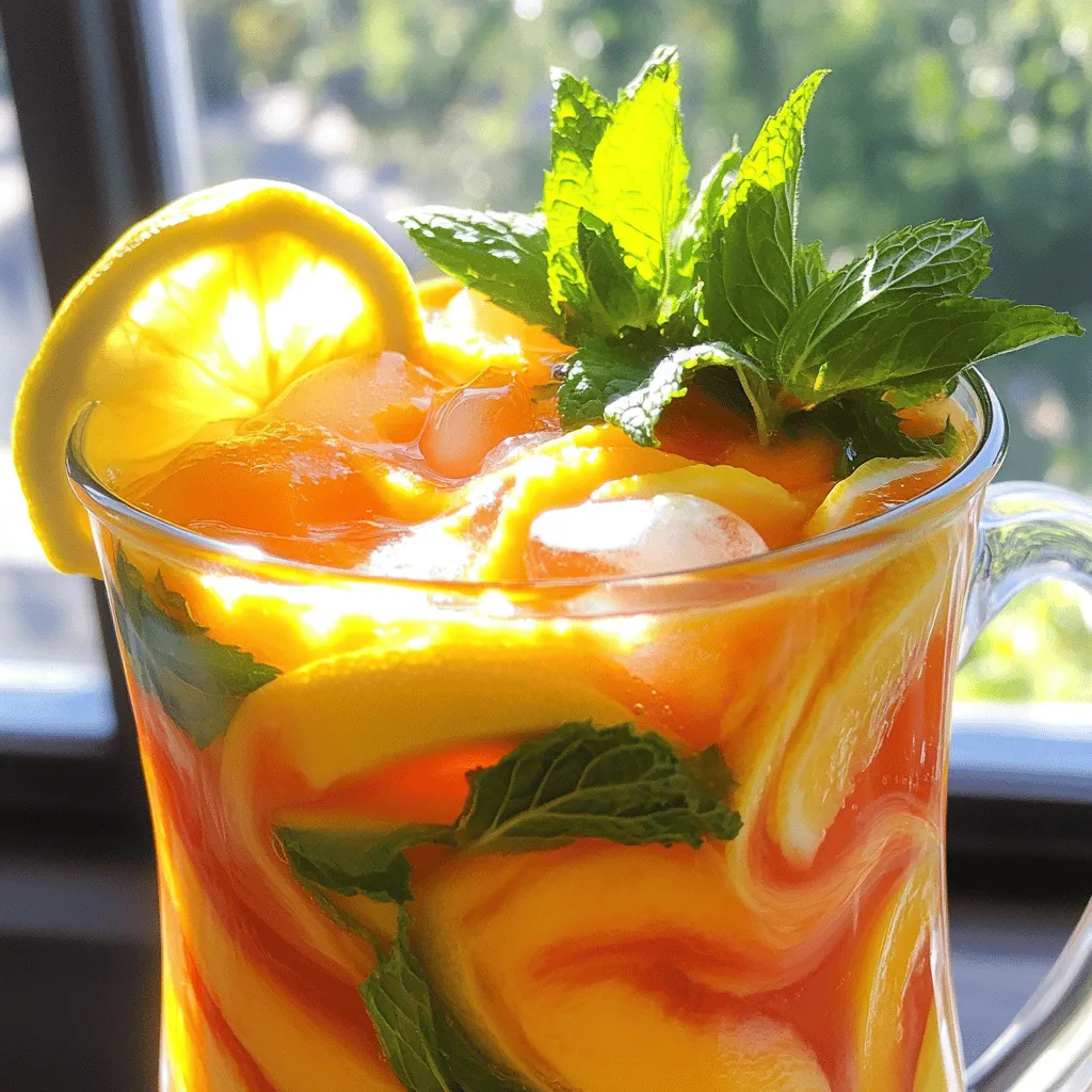 - 4 ripe peaches, pitted and diced - 1 cup freshly squeezed lemon juice (about 4-6 lemons) - 1/2 cup honey or agave syrup (adjust to taste) - 4 cups cold water - Fresh mint leaves for garnish - Lemon slices for garnish - Ice cubes To make fresh peach lemonade, you need ripe peaches. Look for peaches that smell sweet and feel soft but not mushy. The right peaches make your drink sweet and fruity. Next, you'll need fresh lemons. You can squeeze about 4 to 6 lemons to get one cup of juice. Fresh juice gives the best tartness to balance the sweetness from the peaches. For sweetener, honey or agave syrup works great. You can adjust the amount based on how sweet you want your lemonade. Some people like it sweeter, while others prefer a tangy flavor. Lastly, consider garnishes. Fresh mint leaves add a nice touch and flavor. Lemon slices look pretty and add extra citrus notes. Don’t forget the ice cubes to keep your drink cold! - Calories per serving: About 100 calories - Sugar content: Around 20 grams - Vitamins and minerals: Rich in Vitamin C and A Each serving of fresh peach lemonade has about 100 calories. The sugar content is around 20 grams, mostly from the peaches and sweetener. Peaches offer Vitamin C, which is good for your immune system. Lemons also provide Vitamin C, and they add potassium. These vitamins and minerals help keep you healthy and refreshed during hot days. To start, gather your ripe peaches. Ripe peaches give the best flavor. Cut them in half, remove the pits, and dice the flesh. Next, add the diced peaches to a blender. Pour in a cup of cold water. Blend them until smooth. This step creates a lovely peach puree. Now, you need to strain the puree. Use a fine mesh sieve over a large pitcher. Pour the blended mixture through the sieve. Use a spatula to press down. This helps push more peach juice through. Discard any leftover pulp. With your peach juice ready, it’s time to mix. Add the freshly squeezed lemon juice to the pitcher. This adds a bright, zesty flavor. Now, sweeten the mix. Add half a cup of honey or agave syrup. Stir until fully dissolved. Taste your lemonade. If you want it sweeter, add more honey or agave. Finally, add the remaining three cups of cold water. Stir gently to combine all the flavors. For the best taste, chill your lemonade. Place it in the refrigerator for at least 30 minutes. This allows the flavors to blend together well. When you’re ready to serve, fill glasses with ice cubes. Pour the chilled peach lemonade over the ice. Garnish each glass with a slice of lemon and a few fresh mint leaves. This adds a nice touch and makes it look pretty. Enjoy your refreshing summer drink! To make your fresh peach lemonade even better, adjust the sweetness to your taste. You can use honey or agave syrup. Start with half a cup and add more if you like it sweeter. Taste it after mixing. The more you taste, the better it gets! For a stronger peach flavor, use ripe peaches. The riper, the sweeter! If you want a bolder taste, add a bit of peach juice to the mix. This will give you a more intense peach experience. Garnishing makes your drink look great! Add a slice of lemon on the rim of the glass. Fresh mint leaves also add a nice touch. They give a pop of color and smell amazing! You can use fun glassware too. Tall glasses highlight the colors, while mason jars give a rustic feel. Choose what fits your style best! Prep time is key. You can make the peach puree a day ahead. Just store it in an airtight container in the fridge. This makes the final steps quicker. For storage, keep leftovers in a sealed pitcher. It stays fresh for up to three days. If you notice separation, just stir it before serving again. Enjoy your refreshing peach lemonade anytime! {{image_2}} You can change the flavor of your peach lemonade easily. Adding herbs like basil or mint gives it a fresh twist. Just toss a few leaves into the blender with the peaches. You will love how these herbs lift the flavors. Mixing other fruits is also fun. Try adding strawberries or raspberries for a fruity blend. Each fruit adds its own taste. This way, you can make different versions each time! If you want a healthier option, try stevia or monk fruit. These sweeteners are great for cutting sugar. You can use them in the same amounts as honey or agave. Another idea is to use flavored syrups. They can add a unique taste to your lemonade. Look for peach or lemon-flavored syrups at the store. This gives you a new way to enjoy the drink. For a fun twist, make fizzy peach lemonade. You can use sparkling water or soda instead of still water. This adds bubbles and a lively feeling to your drink. If you use soda, choose a lemon-lime flavor for a zesty kick. Just remember to adjust the sweetness, as soda can be very sweet. You might not need as much honey or agave. Enjoy the refreshing fizz on a hot summer day! After making your fresh peach lemonade, store it in the fridge. Pour it into a clean pitcher or jar. Keep it sealed to prevent any odors from mixing in. Fresh peach lemonade stays good for about 3 to 5 days. Always give it a quick stir before serving. This helps mix any settled peach puree. If you want to make lemonade ahead of time, freezing is a great option. Pour the lemonade into ice cube trays or freezer-safe containers. Leave some space in the container for expansion. The lemonade will last for up to 3 months in the freezer. To use frozen lemonade, take it out of the freezer and let it thaw in the fridge overnight. You can also place it in a bowl of cold water for a quicker thaw. Once thawed, stir well and serve over ice. Enjoy the refreshing taste all summer long! To make your fresh peach lemonade, follow these steps: 1. Start by dicing 4 ripe peaches and pitting them. 2. In a blender, add the diced peaches and 1 cup of cold water. Blend until smooth. 3. Strain the peach puree through a fine mesh sieve into a large pitcher. Use a spatula to help push the liquid through. 4. Stir in 1 cup of freshly squeezed lemon juice and 1/2 cup of honey or agave syrup. Mix until the sweetener dissolves. 5. Add 3 more cups of cold water to the pitcher and stir well. Taste and adjust sweetness if needed. 6. Chill the lemonade in the fridge for at least 30 minutes. 7. Serve over ice, garnished with lemon slices and fresh mint. For the full recipe, check out the detailed steps. Yes, you can use canned peaches. Here are some pros and cons: - Pros: - Canned peaches are ready to use and save time. - They can be sweeter, so you may need less sweetener. - Cons: - Canned peaches may have added sugars or syrups. - The flavor might not be as fresh as ripe peaches. If you need a substitute for lemon juice, consider these options: - Lime juice: It gives a similar tangy flavor. - Vinegar: White or apple cider vinegar can work, but use less since it’s stronger. - Citric acid: Mix a small amount with water for a tart flavor. Each substitute can change the taste, so adjust to your liking. Homemade peach lemonade can last about 5 to 7 days in the fridge. To store it: - Use an airtight container to keep it fresh. - Check for any off smells or flavors before serving. Yes, you can make peach lemonade ahead of time. Here are some tips: - Prepare the lemonade and store it in the fridge. - If you plan to serve later, add ice just before serving to keep it cold. - Garnish with lemon slices and mint right before serving to keep it fresh. This blog post explored how to make fresh peach lemonade. We detailed the key ingredients, including ripe peaches and sweeteners. The step-by-step guide showed you how to prepare peach puree, mix the lemonade, and serve it chilled. We also shared tips to enhance flavor and present your drink beautifully. Finally, we discussed storage options and variations like fizzy lemonade. Making peach lemonade is simple and fun. Enjoy your refreshing drink and experiment with different flavors. Your perfect summer beverage awaits!